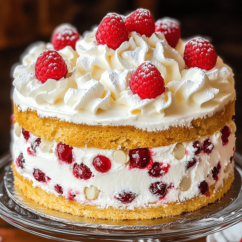 To make your Fluffy White Chocolate Raspberry Cake, you need these key ingredients: - 1 ½ cups all-purpose flour - 1 cup granulated sugar - ½ cup unsalted butter, softened to room temperature - 1 cup whole milk, at room temperature - 2 large eggs, room temperature - 1 tablespoon baking powder - ½ teaspoon salt - 1 cup white chocolate chips - 1 cup fresh raspberries, rinsed and gently dried - 1 teaspoon vanilla extract - 1 cup heavy cream, chilled - 2 tablespoons powdered sugar Using precise measurements is key to great results. Here’s how to measure: - Use dry measuring cups for flour and sugar. - Level off the top with a knife for accuracy. - For butter, use stick measurements, or spoon it into a cup. - Make sure eggs and milk are at room temperature for even mixing. - When measuring chocolate chips, fill the cup and level off. Quality matters! Here’s what I suggest: - Choose unsalted butter for better control of salt levels. - Use whole milk for creaminess. Avoid low-fat or skim. - Fresh raspberries are best; frozen can change the cake's texture. - Select high-quality white chocolate chips for richer flavor. - For the whipped cream, use heavy cream for a light and airy texture. For the complete recipe, check the Full Recipe. Start by preheating your oven to 350°F (175°C). Grab two 8-inch round cake pans and grease them with butter. Dust them lightly with flour to help the cakes come out easily after baking. Next, in a large bowl, cream together the softened butter and sugar. Use an electric mixer on medium speed for about 3-4 minutes, until the mix is light and fluffy. Then, add the eggs, one at a time, mixing well after each. Stir in the vanilla extract until it blends smoothly. In another bowl, whisk together the flour, baking powder, and salt. Now, combine the dry mix into the butter mixture in three parts. Alternate this with the whole milk, starting and ending with the dry mix. Be careful not to over-mix. Melt the white chocolate chips in a microwave-safe bowl, stirring every 30 seconds until smooth. Fold the melted chocolate into the batter, then gently add the fresh raspberries, taking care not to crush them. Divide the batter evenly between the prepared pans. Bake them in the preheated oven for 25-30 minutes. To check if they are done, insert a toothpick into the center. It should come out clean or with just a few crumbs. When they are ready, take them out of the oven and let them cool in the pans for about 10 minutes. After that, transfer the cakes to wire racks to cool completely. Once the cakes are cool, place one layer on a serving plate. Spread a generous layer of whipped cream on top of this layer. Then, carefully place the second cake layer on top. Spread more whipped cream over the top of the second layer. You can decorate with fresh raspberries for a pop of color. For the final touch, serve slices with extra raspberries on the side. This is a delightful cake that everyone will enjoy! For the complete process, check the Full Recipe. When baking, small mistakes can lead to big problems. Here are some to watch for: - Not measuring flour accurately: Use a scale or spoon it lightly into a cup. - Over-mixing the batter: This can make the cake tough. Mix just until combined. - Ignoring room temperature ingredients: Cold eggs or milk can affect how the cake rises. - Skipping the cooling step: Letting the cakes cool properly helps them hold shape. The right texture makes your cake fluffy and light. Here are steps to follow: - Cream butter and sugar well: Beat until light and fluffy for a good base. - Use fresh baking powder: Check the date. Old powder can lead to dense cakes. - Alternate wet and dry ingredients: This helps keep the batter airy. - Fold gently: When adding white chocolate and raspberries, fold carefully to maintain air. A beautiful cake makes every bite special. Try these fun ideas: - Use fresh raspberries on top: They add color and a burst of flavor. - Dust with powdered sugar: This gives a lovely, elegant finish. - Add a drizzle of melted white chocolate: This adds a sweet touch. - Serve slices with extra raspberries: It enhances the look and taste. For the complete recipe, check out the Full Recipe section. {{image_4}} You can easily make this cake gluten-free. Simply replace all-purpose flour with gluten-free flour blend. Look for a blend that has xanthan gum. This will help keep the cake light and fluffy. Make sure your white chocolate chips are gluten-free too. Many brands are, but check the label to be sure. If you want to try different frostings, consider cream cheese frosting. It adds a nice tangy flavor. You can also use chocolate ganache for a rich twist. Another great option is a fruity raspberry glaze. Just mix fresh raspberries with powdered sugar for a sweet and tart finish. Experiment with flavors to suit your taste. Swap raspberries for strawberries or blueberries. They will give a fresh taste to the cake. You can also add a splash of almond extract for a nutty flavor. For a fun texture, try adding chopped nuts like pistachios or almonds into the batter. Each option gives a unique and delicious twist to this fluffy cake. For the full recipe, check the earlier section. To keep your fluffy white chocolate raspberry cake fresh, wrap it well. Use plastic wrap or foil to cover the cake tightly. Store it in the fridge. It will stay good for up to five days. If you want to keep it longer, freezing is a great option. To freeze your cake, first ensure it is fully cooled. Cut it into slices if you like. Wrap each slice in plastic wrap, then place them in a freezer-safe bag. Press out extra air before sealing. You can freeze it for up to three months. When you're ready to enjoy it, just thaw it in the fridge overnight. When reheating, use the microwave for a quick warm-up. Heat slices for about 15-20 seconds. You can also serve it cold. Top each slice with more whipped cream and fresh raspberries for a nice touch. This will make your cake even more delightful! For the full recipe, check out the main guide. Yes, you can use frozen raspberries. They will work fine in your cake. Just make sure to thaw them first and gently dry them. This helps prevent too much moisture in the batter. If you use them, the raspberries may break apart more easily. This can create a lovely pink swirled effect in your cake. To make the cake more moist, use room temperature ingredients. This means your butter, eggs, and milk should be warm before mixing. You can also add a bit more milk or a splash of yogurt. This will keep the cake soft and tender. Lastly, do not over-bake the cake. Check for doneness a few minutes early to ensure it stays moist. The best way to slice the cake is to use a sharp knife. Heat the knife in warm water, then dry it off before slicing. This helps make clean cuts without tearing the cake. I recommend cutting it into even slices for a beautiful presentation. Place the slices on plates and add a few extra raspberries for a nice touch. Yes, you can make this cake in advance. Bake the cake layers and let them cool completely. Wrap each layer in plastic wrap and store them in the fridge for up to three days. You can also freeze the layers for up to a month. Just remember to defrost them overnight in the fridge before frosting. When you're ready to serve, assemble and frost the cake, and it will taste fresh and delicious. You can find the Full Recipe to guide you through the steps. This guide covered everything you need for a fluffy white chocolate raspberry cake. We explored essential ingredients, step-by-step baking instructions, and tips to avoid common mistakes. We also discussed variations to fit diets and preferences. Understand how to store leftovers, freeze, and reheat your cake for later enjoyment. Remember, good planning leads to great results. Enjoy every bite of your delicious cake creation!
