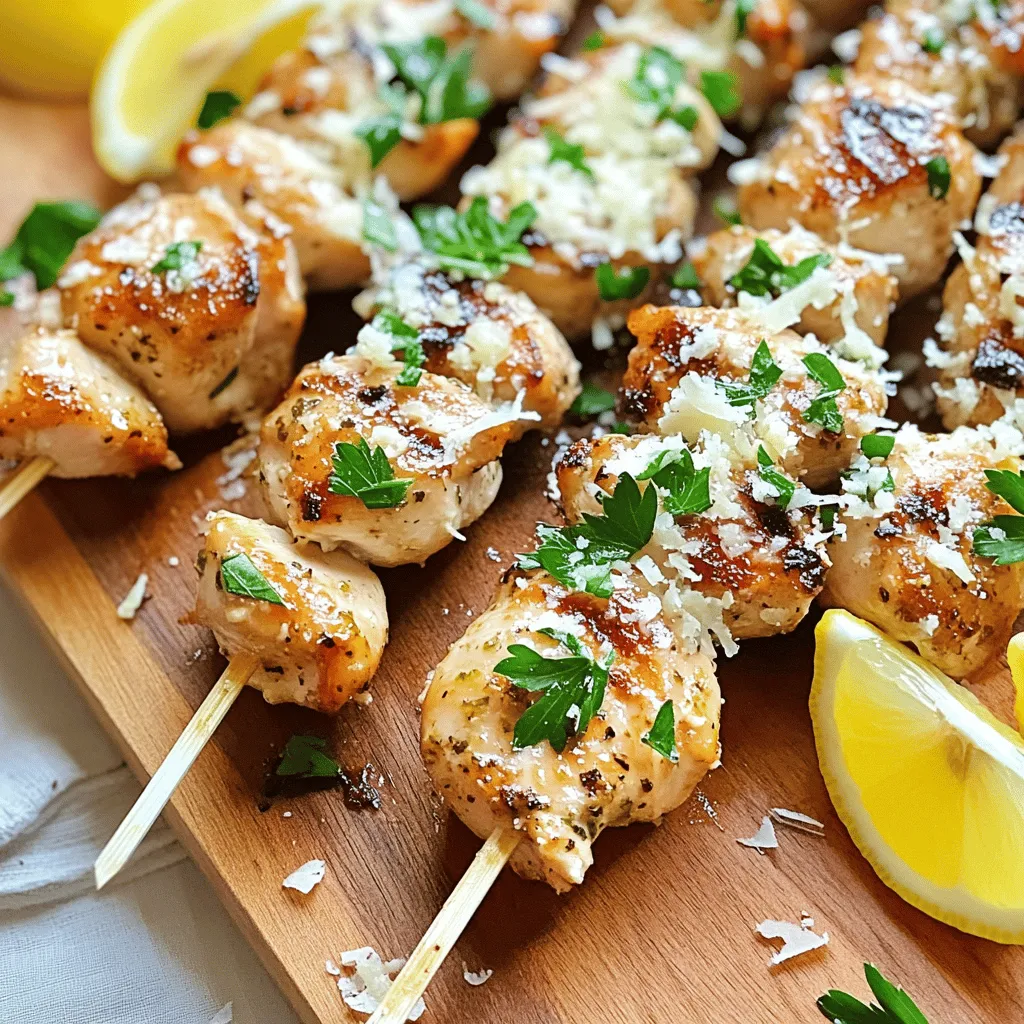 - 1 lb boneless, skinless chicken breast, cut into 1-inch cubes - 4 cloves garlic, minced - 1/2 cup freshly grated Parmesan cheese - 1/4 cup plain Greek yogurt - 2 tablespoons fresh lemon juice - 1 tablespoon extra virgin olive oil - 1 teaspoon dried oregano - 1 teaspoon smoked paprika - Salt and freshly cracked black pepper to taste When making Garlic Parmesan Chicken Skewers, the choice of ingredients is key. The chicken breast provides a lean protein base. I love using boneless, skinless chicken because it cooks evenly and absorbs flavors well. Garlic is the star of this dish. It adds a bold and fragrant flavor. Freshly minced garlic gives the best taste. Parmesan cheese adds a rich, salty kick. Freshly grated cheese melts into the chicken, creating a flavorful crust. The marinade is just as important. Greek yogurt keeps the chicken moist. It also adds tanginess that balances the rich flavors. Lemon juice brightens up the dish. The olive oil adds healthy fat and helps the marinade stick. For seasonings, oregano brings a nice herbal touch. Smoked paprika gives a warm depth. Salt and pepper are essential to enhance all the flavors. You can find the full recipe to guide you through making these tasty skewers. Each ingredient works together to create a dish that is simple yet full of flavor. To start, we need to make the marinade. Grab a medium bowl and mix the following ingredients: - 4 cloves garlic, minced - 1/2 cup freshly grated Parmesan cheese - 1/4 cup plain Greek yogurt - 2 tablespoons fresh lemon juice - 1 tablespoon extra virgin olive oil - 1 teaspoon dried oregano - 1 teaspoon smoked paprika - Salt and freshly cracked black pepper to taste Use a whisk or spoon to blend everything. Focus on getting a smooth mix. This smooth consistency helps the flavors blend well. Now, let’s coat the chicken. Take 1 lb of boneless, skinless chicken breast, cut into 1-inch cubes. Add the chicken to the marinade. Make sure each piece is well-coated. Cover the bowl with plastic wrap or a lid. For best flavor, let the chicken marinate for at least 30 minutes. If you have time, aim for up to 2 hours. This step makes the chicken tender and flavorful. While the chicken marinates, you can prepare the grill. Preheat it over medium-high heat. This ensures the skewers cook evenly. Once the chicken is ready, thread the cubes onto skewers. Leave a small gap between each piece for better cooking. Place the skewers on the hot grill. Cook for about 10-12 minutes. Turn them often to get a nice golden-brown color. The chicken should reach an internal temperature of 165°F for safe eating. After cooking, let the skewers rest for 5 minutes. This step locks in the juices for a tasty bite. For the full recipe, check out the details provided earlier. Enjoy your meal! For the best taste, use fresh ingredients. You can swap Greek yogurt with sour cream for a richer flavor. If you want a dairy-free option, try coconut yogurt. Marinating the chicken is key. I recommend letting it sit for at least 30 minutes. If you have time, two hours gives even more flavor. When using a grill, preheat it well. A hot grill gives nice marks and crisp edges. If you use a grill pan, keep the heat medium-high. This will help cook the chicken evenly. To check for doneness, use a meat thermometer. The chicken should reach 165°F. This ensures it is safe to eat. To serve, place skewers on a wooden board. This adds a rustic feel. Sprinkle extra Parmesan cheese on top for a nice touch. Fresh parsley brings color and flavor. Add lemon wedges on the side for a zesty kick. You can also serve with a green salad or grilled veggies for a complete meal. {{image_4}} You can make garlic Parmesan chicken skewers even more exciting. Add spices like cayenne pepper for heat. Try fresh herbs like parsley or thyme for a fresh twist. You can also swap the Parmesan cheese. Use mozzarella for a gooey texture or feta for a tangy kick. Each choice brings new taste. Want to change up the protein? Try shrimp or beef for a different flavor. Both cook well on skewers and soak up the marinade nicely. For a vegetarian option, use firm tofu or hearty mushrooms. Both options soak up the garlic and Parmesan flavors well. You can cook these skewers in different ways. For oven-baked skewers, preheat your oven to 400°F. Place the skewers on a baking sheet lined with parchment paper. Bake for about 15-20 minutes, turning halfway through. If you prefer an air fryer, set it to 375°F. Cook for about 8-10 minutes, shaking the basket halfway. Both methods give a tasty outcome. Check out the Full Recipe for more details on these variations! To keep your Garlic Parmesan Chicken Skewers fresh, store them in an airtight container. Place a paper towel inside to absorb any moisture. This helps prevent sogginess. Best practices for refrigeration: - Cool the skewers to room temperature before storing. - Refrigerate them within two hours of cooking. - Consume leftovers within three days for the best taste. Freezing guidelines: - You can freeze the skewers for longer storage. - Wrap each skewer in plastic wrap, then place them in a freezer bag. - They can last up to three months in the freezer. - Thaw in the fridge overnight before reheating. When it's time to enjoy your leftovers, reheating them properly keeps them juicy. Tips for keeping the skewers juicy: - Use a microwave-safe plate and cover with a damp paper towel. - Heat in intervals of 30 seconds to prevent drying out. Recommended reheating methods: - For the best texture, reheat on a grill or grill pan. - Preheat your grill to medium heat and warm the skewers for about 5 minutes, turning them often. Knowing how long your skewers last helps you eat safely. Duration of freshness in the fridge: - Garlic Parmesan Chicken Skewers can stay fresh in the fridge for up to three days. Signs of spoilage: - Look for off smells, discoloration, or a slimy texture. - If you notice any of these, it’s best to discard them. You can enjoy these skewers with many tasty sides. Here are some great options: - Fresh Salad: A crisp green salad pairs well. Use mixed greens, cherry tomatoes, and a light vinaigrette. - Roasted Vegetables: Try roasted zucchini and bell peppers for a colorful plate. They add nice flavor. - Rice or Quinoa: These grains soak up the sauce well. They bring great texture to the meal. - Garlic Bread: Crunchy garlic bread adds a fun twist. The garlic flavor matches the skewers perfectly. Feel free to mix and match these sides. They all enhance the garlic parmesan chicken skewers. Yes, you can prepare these skewers in advance. Here’s how: - Marinate the Chicken: You can marinate the chicken up to two hours ahead. Store it in the fridge until you’re ready to grill. - Skewering: You can also thread the chicken onto skewers a day before. Just keep them covered in the fridge. - Storage: Use an airtight container to keep leftovers. They will stay fresh for about three days in the fridge. Making these skewers ahead saves time on busy days. You can grill them when you’re ready to eat. Making garlic parmesan chicken skewers gluten-free is easy. Here are some tips: - Check Ingredients: Ensure your Greek yogurt is gluten-free. Most brands are safe, but it's good to check. - Use Gluten-Free Marinade: The other ingredients are typically gluten-free. Just make sure to use gluten-free Worcestershire sauce if you include it in your marinade. - Choose Skewers Wisely: Use bamboo or metal skewers. Avoid any that may have gluten-based coatings. These small changes keep the dish tasty and safe for gluten-free diets. Enjoy the skewers without worry! This blog post covered the steps to make delicious Garlic Parmesan Chicken Skewers. We explored the essential ingredients and how to prepare the marinade. You learned the best tips for cooking and presenting your skewers. In summary, these skewers are easy to make and fun to customize. Enjoy experimenting with flavors and cooking methods. Don’t forget to store any leftovers properly to keep them fresh. Your next meal is bound to impress!