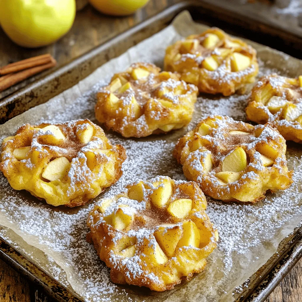 - 2 large apples, peeled, cored, and diced - 1 cup all-purpose flour - 1 teaspoon baking powder - 1 teaspoon ground cinnamon - ¼ teaspoon ground nutmeg - ¼ teaspoon salt - ½ cup granulated sugar - 1 large egg - ½ cup milk - 2 tablespoons unsalted butter, melted - 1 teaspoon pure vanilla extract - 1 tablespoon fresh lemon juice - Optional: powdered sugar for dusting To make your fritters unique, feel free to add nuts or dried fruits. You can also try a glaze or drizzle to enhance flavor. For the best taste, I recommend using Honeycrisp or Granny Smith apples. Honeycrisp adds a nice sweetness, while Granny Smith gives a tangy kick. Both types hold their shape well during baking. Choosing the right apple affects the flavor and texture. Honeycrisp provides a juicy bite, while Granny Smith offers a crisp, tart taste. Mixing both can give your fritters a well-rounded flavor profile. If you need dairy-free options, you can use almond milk or oat milk instead of regular milk. For butter, try coconut oil or vegan butter. For a gluten-free version, substitute all-purpose flour with a 1:1 gluten-free baking mix. Make sure it includes xanthan gum for the right texture. These swaps allow everyone to enjoy warm baked apple fritters! For the full recipe, check [Full Recipe]. To make great apple fritters, start with the apples. You need two large apples. I like to use Honeycrisp or Granny Smith. Their sweetness and tartness work well. First, peel and core them, then dice into small pieces. Next, put the diced apples in a medium bowl. Squeeze fresh lemon juice over them. This keeps the apples from browning and adds a nice flavor. Add some sugar and cinnamon to the apples. Mix well and let them sit for about 10 minutes. This helps the flavors blend. When measuring your ingredients, keep things tidy. Use separate bowls for dry and wet items. This helps you stay organized. It makes mixing much easier later on. Now it's time to mix the batter. In a large bowl, whisk together the dry ingredients. Combine flour, baking powder, cinnamon, nutmeg, and salt. Make sure everything is well blended. In another bowl, take your egg and whisk it. Then add milk, melted butter, and vanilla extract. Mix until it's smooth. Pour the wet mix into the dry bowl. Use a spatula to gently combine them. Be careful here; you want to avoid overmixing. If you mix too much, the fritters can turn out dense. Just mix until you don’t see any dry flour. Now for the fun part: baking! Use a spoon or cookie scoop to drop batter onto a lined baking sheet. Space them about two inches apart. This allows room to spread as they bake. Preheat your oven to 375°F (190°C). Place the baking sheet in the oven and set a timer for 15 to 20 minutes. Keep an eye on them. The fritters are done when they’re golden brown. You can test them by inserting a toothpick. If it comes out clean, it’s time to take them out. Let them cool for a few minutes before serving. If you want, dust them with powdered sugar for a sweet finish. Enjoy your warm baked apple fritters! To make your fritters light and fluffy, focus on mixing. Combine the wet and dry mix gently. Overmixing can lead to dense fritters. Letting your fritters cool for a few minutes before serving is key. This small step helps them set and keeps them soft inside. Want to boost the flavor? Try adding a pinch of ginger or cloves. These spices can add depth to your fritters. You can also mix in chopped nuts or raisins for added texture. Pair your warm fritters with caramel or vanilla sauce for a sweet touch. A dollop of whipped cream can also make them special. Presentation matters! Serve your warm baked apple fritters on a nice plate. Dust them lightly with powdered sugar for a classic look. You can also add a scoop of ice cream beside them. For drinks, a hot cup of cider or a spiced tea pairs beautifully. These combinations can make your treat even more enjoyable. {{image_4}} You can easily make warm baked apple fritters even sweeter. Adding nuts like walnuts or pecans gives a nice crunch. Dried fruits like raisins or cranberries can add a chewy texture and extra sweetness. You might also try drizzling caramel or chocolate glaze on top. This will take the flavor up a notch. If you want a light finish, dust the fritters with powdered sugar. Each of these sweet options can transform your fritters into a special treat. If you crave something different, try savory options. You can swap out sugar for herbs like rosemary or thyme. Adding cheese, such as sharp cheddar, can create a tasty twist. These fritters work well for brunch or breakfast. Pair them with eggs or a salad for a full meal. You can also serve them with a tangy dipping sauce to bring out the flavors. Making mini fritters is a fun way to serve them at parties. Just use a smaller scoop to drop the batter. They bake quickly and are great for sharing. You can also try air frying the fritters. This method gives you a crispy texture without using much oil. Experimenting with size and cooking methods keeps things exciting and fun. For the full recipe, check out the details above. To keep your leftover fritters fresh, place them in the fridge. Use an airtight container. This helps to lock in moisture and flavor. If you don’t have a container, wrap them tightly in plastic wrap. Let them cool completely before storing. This avoids steam buildup and keeps them crispy. When reheating, you want your fritters to stay crispy. The oven is best for this. Preheat it to 350°F (175°C). Place the fritters on a baking sheet. Heat for about 10 minutes or until warm. If you use a microwave, they might get soggy. If you must use it, heat on low for about 30 seconds. You can freeze fritters for later use. First, let them cool completely. Then, arrange them on a baking sheet without touching. Freeze for 1-2 hours. Once frozen, transfer them to a zip-top bag. Remove as much air as possible to prevent freezer burn. They can last up to three months in the freezer. To thaw, leave them in the fridge overnight before reheating. Yes, you can make these fritters ahead of time. Here are some best practices for meal prep and storage: - Bake and Cool: After baking, let the fritters cool completely. - Store in Airtight Containers: Place them in an airtight container to keep them fresh. - Refrigerate: Store in the fridge for up to three days. - Reheat Before Serving: Warm them in the oven for a few minutes before enjoying. These fritters are great on their own, but you can enhance your experience. Here are some popular accompaniments and dips: - Caramel Sauce: A sweet dip that pairs well with apple flavors. - Vanilla Ice Cream: The creaminess balances the warm fritters. - Maple Syrup: A classic choice that adds a rich flavor. - Whipped Cream: Light and fluffy, it complements the fritters nicely. Customizing the fritters for dietary needs is easy. Consider these alternatives for allergies or lifestyle choices: - Dairy-Free: Use almond milk or oat milk instead of whole milk. Substitute vegan butter for regular butter. - Gluten-Free: Replace all-purpose flour with a gluten-free blend. Make sure the baking powder is gluten-free as well. - Sugar Alternatives: Use coconut sugar or a sugar substitute for a healthier option. Even baking is key for perfect fritters. Here are tips for oven placement and monitoring baking time: - Center the Rack: Place the baking sheet in the center of the oven. This allows heat to circulate evenly. - Leave Space: Make sure to leave enough space between fritters for air flow. - Check for Doneness: Start checking at 15 minutes. The fritters should be golden brown and firm to the touch. - Rotate the Pan: Halfway through baking, rotate the pan for uniform browning. For more details on making these delicious treats, check the Full Recipe. Warm baked apple fritters are a treat that blends sweet apples with soft, fluffy dough. With the right ingredients, you can customize them to your liking. We covered ideal apples, how to prep, and baking tips for success. Remember to let them cool for the best texture. Whether you enjoy sweet or savory, these fritters can adapt. Store leftovers properly and easily reheat them. Now, get creative in your kitchen, and enjoy warm apple fritters!