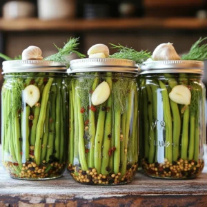 - 1 pound fresh green beans, trimmed - 4 cloves garlic, peeled and smashed - 1 cup distilled white vinegar - 1 cup water - 2 tablespoons sugar - 1 tablespoon salt - 1 tablespoon dill seeds - 1/2 teaspoon red pepper flakes (optional) - 1/2 teaspoon black peppercorns - 4 sterilized pint jars with lids Gathering the right ingredients is key to making Grandma's crispy garlic dilly beans. Fresh green beans are the star of the show. Their crispness adds a delightful crunch. Choose bright green beans without blemishes for the best quality. The garlic brings a strong, savory flavor. Smash the cloves to release their oils and aromas. Next, you need to make the brine. The vinegar is essential for tanginess. I prefer distilled white vinegar for its clean taste. The water balances the acidity. Sugar and salt create a perfect harmony, enhancing the flavor. Dill seeds give that classic dilly taste. If you like a little heat, add red pepper flakes. The black peppercorns add a nice depth, too. Finally, you need sterilized jars. These keep your beans safe and fresh. Four pint jars will hold this recipe well. Follow the full recipe for a clear guide to making these delightful beans. Happy cooking! Start by rinsing 1 pound of fresh green beans under cold water. This removes dirt and grit. Next, trim both ends of the beans. You can use a sharp knife or kitchen scissors for this task. Set the trimmed beans aside for later use. In a medium saucepan, combine 1 cup of distilled white vinegar and 1 cup of water. Add 2 tablespoons of sugar and 1 tablespoon of salt to the mix. Heat this mixture over medium heat. Stir it gently until the sugar and salt dissolve. Once the mixture reaches a rolling boil, remove it from the heat. Allow it to cool for 5 to 10 minutes. Take 4 sterilized pint jars. In each jar, place 1 smashed garlic clove and 1 tablespoon of dill seeds. If you like spicy, add 1/2 teaspoon of red pepper flakes. Next, place 1/2 teaspoon of black peppercorns in each jar. Now, stand the green beans upright and pack them tightly into the jars. Leave about 1 inch of headspace at the top for the brine. Carefully pour the cooled brine over the packed green beans in each jar. Make sure all the beans are fully submerged. Distribute the garlic and spices evenly as you pour. This ensures that every bean is full of flavor. Take a clean cloth and wipe the rims of the jars. This helps create a good seal. Secure the lids onto the jars, screwing them on firmly but not too tight. Let the jars cool on the counter until they reach room temperature. Once cooled, transfer them to the refrigerator. For the best flavor, let the beans pickle for at least 24 hours. If you can wait a week, the flavor will be even better. You can find the full recipe details in the preceding sections. Enjoy crafting these crunchy, flavorful dilly beans! To keep your Dilly Beans crispy, always start with fresh green beans. Look for bright green beans that snap easily. Older beans can be tough and mushy. Trim both ends to help them soak up the brine. Choosing the right vinegar is key too. I use distilled white vinegar for a clean taste. It helps the beans stay crunchy and adds a nice tang. You can try apple cider vinegar for a fruity twist, but it may change the flavor. Feel free to experiment with spices in your Dilly Beans. You can add crushed red pepper for extra heat. Try mustard seeds or coriander for a unique taste. Remember, a little goes a long way! Adjusting sugar and salt levels is also important. If you like it sweeter, add more sugar. For a saltier kick, increase the salt slightly. Taste your brine before pouring to find the right balance. There are many creative ways to enjoy Dilly Beans. Serve them cold as a crunchy snack or side dish. They also make a great garnish for salads and sandwiches. Pair Dilly Beans with other dishes too. They complement grilled meats and fish perfectly. You can even chop them up and mix them into pasta salads for added texture. For full details, check the Full Recipe. {{image_4}} To give your dilly beans some heat, try adding more red pepper flakes. This simple change will give each bite a spicy kick. You can also include sliced jalapeños. Just add them to the jars before you pour in the brine. This adds a fresh, zesty flavor that pairs well with garlic. You can also play with different herbs and spices in your recipe. Incorporating herbs like thyme or oregano adds a new twist. Just sprinkle a teaspoon in each jar. You can also experiment with mustard seeds. Try yellow or brown seeds for varied flavors. This small change can make a big difference. If you want to enjoy these dilly beans fast, go for a quick pickle version. Shorten the pickling time to just a few hours. This way, you can enjoy them the same day! Another option is to use hot water bath methods. This will help develop flavors quickly, giving you tasty beans in no time. Dilly beans taste best when stored in the fridge. They can last about 2 to 3 weeks when sealed properly. Check for signs of spoilage. If you see mold, an off smell, or soft beans, throw them away. Freshness is key for that crisp bite! You can freeze dilly beans, but they may lose some crunch. To freeze them, blanch the beans first. Boil them for 2 minutes, then plunge them into ice water. Drain and pack them in airtight bags. This method helps keep their bright color and flavor. Water bath canning is a great way to preserve dilly beans for long-term storage. Fill jars with beans, spices, and brine, then process in boiling water for 10 minutes. This seals the jars and keeps out air. Store the jars in a cool, dark place. Check seals before using. Dilly beans are pickled green beans. They mix fresh green beans with garlic and dill. This dish comes from the American South, where pickling is popular. The crunch of the green beans pairs well with the tangy brine. You can enjoy them as a snack or a side. They add a zesty touch to meals and are easy to make at home. For the best flavor, let the dilly beans pickle for at least 24 hours. This time helps the flavors meld. If you want a stronger taste, wait a week. The longer they sit, the more intense the taste. Keep them in the fridge while they pickle. This ensures they stay fresh and crisp. Yes, you can adjust the recipe easily. If you want more jars, simply double the ingredients. For fewer jars, cut the amounts in half. Just make sure to keep the same ratios. This way, the flavor stays balanced. You can always experiment with the spices too. This makes your dilly beans even more unique. Dilly beans are great for canning. Use sterilized jars to store them safely. Make sure to follow proper canning steps to avoid spoilage. The vinegar helps preserve the beans for a long time. If done right, they can last for months. Always check for signs of spoilage before eating them. Dilly beans are low in calories. A serving has about 30 calories. They are high in fiber, which helps digestion. Plus, they offer vitamins like A and C. The garlic adds health benefits too. It may help boost your immune system. Enjoying these beans can be a tasty way to add healthy options to your diet. Making Dilly Beans is easy and fun. You learned about the key ingredients and steps. Fresh green beans and the right spices create a tasty dish. Follow the tips to ensure your beans stay crisp and flavorful. Feel free to try variations for added spice or different herbs. Store them correctly for long-lasting enjoyment. Dilly Beans can be a great addition to your meals. I hope you feel inspired to make your own batch today!