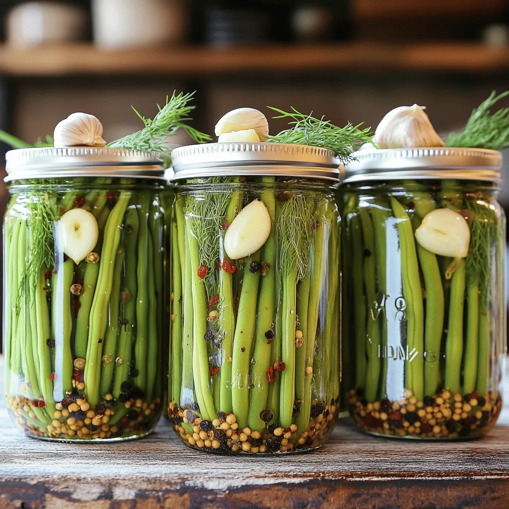 - 1 pound fresh green beans, trimmed - 4 cloves garlic, peeled and smashed - 1 cup distilled white vinegar - 1 cup water - 2 tablespoons sugar - 1 tablespoon salt - 1 tablespoon dill seeds - 1/2 teaspoon red pepper flakes (optional) - 1/2 teaspoon black peppercorns - 4 sterilized pint jars with lids Gathering the right ingredients is key to making Grandma's crispy garlic dilly beans. Fresh green beans are the star of the show. Their crispness adds a delightful crunch. Choose bright green beans without blemishes for the best quality. The garlic brings a strong, savory flavor. Smash the cloves to release their oils and aromas. Next, you need to make the brine. The vinegar is essential for tanginess. I prefer distilled white vinegar for its clean taste. The water balances the acidity. Sugar and salt create a perfect harmony, enhancing the flavor. Dill seeds give that classic dilly taste. If you like a little heat, add red pepper flakes. The black peppercorns add a nice depth, too. Finally, you need sterilized jars. These keep your beans safe and fresh. Four pint jars will hold this recipe well. Follow the full recipe for a clear guide to making these delightful beans. Happy cooking! Start by rinsing 1 pound of fresh green beans under cold water. This removes dirt and grit. Next, trim both ends of the beans. You can use a sharp knife or kitchen scissors for this task. Set the trimmed beans aside for later use. In a medium saucepan, combine 1 cup of distilled white vinegar and 1 cup of water. Add 2 tablespoons of sugar and 1 tablespoon of salt to the mix. Heat this mixture over medium heat. Stir it gently until the sugar and salt dissolve. Once the mixture reaches a rolling boil, remove it from the heat. Allow it to cool for 5 to 10 minutes. Take 4 sterilized pint jars. In each jar, place 1 smashed garlic clove and 1 tablespoon of dill seeds. If you like spicy, add 1/2 teaspoon of red pepper flakes. Next, place 1/2 teaspoon of black peppercorns in each jar. Now, stand the green beans upright and pack them tightly into the jars. Leave about 1 inch of headspace at the top for the brine. Carefully pour the cooled brine over the packed green beans in each jar. Make sure all the beans are fully submerged. Distribute the garlic and spices evenly as you pour. This ensures that every bean is full of flavor. Take a clean cloth and wipe the rims of the jars. This helps create a good seal. Secure the lids onto the jars, screwing them on firmly but not too tight. Let the jars cool on the counter until they reach room temperature. Once cooled, transfer them to the refrigerator. For the best flavor, let the beans pickle for at least 24 hours. If you can wait a week, the flavor will be even better. You can find the full recipe details in the preceding sections. Enjoy crafting these crunchy, flavorful dilly beans! To keep your Dilly Beans crispy, always start with fresh green beans. Look for bright green beans that snap easily. Older beans can be tough and mushy. Trim both ends to help them soak up the brine. Choosing the right vinegar is key too. I use distilled white vinegar for a clean taste. It helps the beans stay crunchy and adds a nice tang. You can try apple cider vinegar for a fruity twist, but it may change the flavor. Feel free to experiment with spices in your Dilly Beans. You can add crushed red pepper for extra heat. Try mustard seeds or coriander for a unique taste. Remember, a little goes a long way! Adjusting sugar and salt levels is also important. If you like it sweeter, add more sugar. For a saltier kick, increase the salt slightly. Taste your brine before pouring to find the right balance. There are many creative ways to enjoy Dilly Beans. Serve them cold as a crunchy snack or side dish. They also make a great garnish for salads and sandwiches. Pair Dilly Beans with other dishes too. They complement grilled meats and fish perfectly. You can even chop them up and mix them into pasta salads for added texture. For full details, check the Full Recipe. {{image_4}} To give your dilly beans some heat, try adding more red pepper flakes. This simple change will give each bite a spicy kick. You can also include sliced jalapeños. Just add them to the jars before you pour in the brine. This adds a fresh, zesty flavor that pairs well with garlic. You can also play with different herbs and spices in your recipe. Incorporating herbs like thyme or oregano adds a new twist. Just sprinkle a teaspoon in each jar. You can also experiment with mustard seeds. Try yellow or brown seeds for varied flavors. This small change can make a big difference. If you want to enjoy these dilly beans fast, go for a quick pickle version. Shorten the pickling time to just a few hours. This way, you can enjoy them the same day! Another option is to use hot water bath methods. This will help develop flavors quickly, giving you tasty beans in no time. Dilly beans taste best when stored in the fridge. They can last about 2 to 3 weeks when sealed properly. Check for signs of spoilage. If you see mold, an off smell, or soft beans, throw them away. Freshness is key for that crisp bite! You can freeze dilly beans, but they may lose some crunch. To freeze them, blanch the beans first. Boil them for 2 minutes, then plunge them into ice water. Drain and pack them in airtight bags. This method helps keep their bright color and flavor. Water bath canning is a great way to preserve dilly beans for long-term storage. Fill jars with beans, spices, and brine, then process in boiling water for 10 minutes. This seals the jars and keeps out air. Store the jars in a cool, dark place. Check seals before using. Dilly beans are pickled green beans. They mix fresh green beans with garlic and dill. This dish comes from the American South, where pickling is popular. The crunch of the green beans pairs well with the tangy brine. You can enjoy them as a snack or a side. They add a zesty touch to meals and are easy to make at home. For the best flavor, let the dilly beans pickle for at least 24 hours. This time helps the flavors meld. If you want a stronger taste, wait a week. The longer they sit, the more intense the taste. Keep them in the fridge while they pickle. This ensures they stay fresh and crisp. Yes, you can adjust the recipe easily. If you want more jars, simply double the ingredients. For fewer jars, cut the amounts in half. Just make sure to keep the same ratios. This way, the flavor stays balanced. You can always experiment with the spices too. This makes your dilly beans even more unique. Dilly beans are great for canning. Use sterilized jars to store them safely. Make sure to follow proper canning steps to avoid spoilage. The vinegar helps preserve the beans for a long time. If done right, they can last for months. Always check for signs of spoilage before eating them. Dilly beans are low in calories. A serving has about 30 calories. They are high in fiber, which helps digestion. Plus, they offer vitamins like A and C. The garlic adds health benefits too. It may help boost your immune system. Enjoying these beans can be a tasty way to add healthy options to your diet. Making Dilly Beans is easy and fun. You learned about the key ingredients and steps. Fresh green beans and the right spices create a tasty dish. Follow the tips to ensure your beans stay crisp and flavorful. Feel free to try variations for added spice or different herbs. Store them correctly for long-lasting enjoyment. Dilly Beans can be a great addition to your meals. I hope you feel inspired to make your own batch today!
