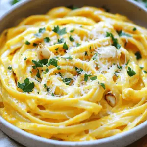 To create a creamy roasted garlic butternut squash pasta, you need fresh, simple ingredients. Here’s what you’ll need: - 1 medium butternut squash, peeled and cut into 1-inch cubes - 1 whole head of garlic - 3 tablespoons extra virgin olive oil - Sea salt and freshly cracked black pepper, to taste - 8 ounces pasta (fettuccine or any preferred type) - 1 cup vegetable broth - 1 cup heavy cream (substitute with coconut cream for a vegan alternative) - 1/2 teaspoon ground nutmeg - 1/4 cup grated Parmesan cheese (or nutritional yeast for a vegan option) - Fresh parsley, finely chopped for garnish Each ingredient plays a key role in the dish's flavor and texture. The butternut squash adds natural sweetness. Roasting it with garlic gives a deep, rich taste. Olive oil helps bind the flavors and allows for easy cooking. The pasta type can vary based on your preference, but I suggest fettuccine for its ability to hold the sauce well. For those who prefer dairy-free options, coconut cream or nutritional yeast works great. Seasoning with nutmeg creates warmth in the dish. Finally, fresh parsley brightens the plate and adds a splash of color. For the complete recipe, check out the Full Recipe. To make this dish shine, you need to roast the butternut squash and garlic. Start by preheating your oven to 400°F (200°C). Cut the squash into 1-inch cubes. Spread them out on a baking sheet. Drizzle with olive oil and season well. This is key to bringing out the sweet, nutty flavor. For the garlic, slice the top off a whole head and drizzle it with olive oil. Wrap it in foil to keep it moist. Roast both the squash and garlic for about 25-30 minutes. You want the squash fork-tender and the garlic soft and golden. Now it’s time to create that creamy sauce. Once the squash and garlic cool a bit, squeeze the roasted garlic into a blender. Add the butternut squash cubes, vegetable broth, heavy cream, ground nutmeg, and Parmesan cheese. Blend until the mixture is smooth and velvety. This is where you can adjust the taste. If it needs more salt or pepper, add it now. The sauce should be rich and flavorful. While making the sauce, cook your pasta in a pot of salted boiling water. Follow the package instructions for al dente pasta. This means it should still have a slight bite. Once the pasta is done, reserve some cooking water and then drain it. In a large skillet, combine the creamy sauce with the drained pasta. Toss well, ensuring the pasta is fully coated. If the sauce is too thick, add some reserved pasta water, one tablespoon at a time, until it’s just right. Enjoy your creamy roasted garlic butternut squash pasta! For the full recipe, refer to the earlier section. To make great roasted garlic, choose a whole head of fresh garlic. Slice off the top to expose the cloves. Drizzle it with olive oil and wrap it in foil. Roast it alongside the butternut squash. This method keeps the garlic sweet and soft. To avoid bitterness, do not let the garlic burn. Keep an eye on it while it roasts. For a creamy sauce, use the pasta water wisely. After cooking the pasta, save some water before draining. If the sauce is too thick, add a bit of the reserved water. This helps thin it out without losing flavor. If you want extra creaminess, try using coconut cream instead of heavy cream. This option is tasty and vegan-friendly. To make your dish look great, serve it in shallow bowls. Create a swirl of sauce on top. This adds a nice touch. A sprinkle of fresh parsley brightens up the dish. You can also drizzle a bit of olive oil for extra flavor. Pair this pasta with a simple green salad or crusty bread for a full meal. For the full recipe, check out the [Full Recipe]. {{image_4}} You can easily make this dish vegan and dairy-free. For the cream, use coconut cream instead of heavy cream. Its rich texture mimics dairy well. For cheese, substitute Parmesan with nutritional yeast. This gives a cheesy flavor without dairy. To enhance flavor without dairy, try adding more herbs. Fresh basil or thyme works great. You can also add a splash of lemon juice for brightness. This will keep the dish vibrant and tasty. If you need gluten-free pasta, several brands are great. Look for brands like Barilla Gluten Free or Banza Chickpea Pasta. They hold up well in sauces and taste good. When cooking gluten-free pasta, follow package instructions closely. These noodles can cook faster than regular pasta. Check them often to avoid overcooking. Rinse them in cold water after draining. This helps stop the cooking process. You can change this dish based on the seasons. In fall, add sautéed spinach for color and nutrition. In winter, add roasted kale for extra crunch. For proteins, consider adding chickpeas or grilled chicken. They will make the meal heartier. You can also adjust spices based on what’s fresh. Fresh herbs like parsley or sage can brighten the dish. Feel free to explore these variations to keep your creamy roasted garlic butternut squash pasta exciting and fresh. You can find the full recipe above to guide you with the main ingredients and steps. To store leftovers, cool the pasta to room temperature. Place it in an airtight container. This keeps the dish fresh and safe. The creamy roasted garlic butternut squash pasta lasts about 3-4 days in the fridge. For freezing, let the pasta cool completely. Use a freezer-safe container or bag. Remove as much air as possible to prevent freezer burn. The pasta can stay frozen for up to 2 months. When you’re ready to eat, thaw it overnight in the fridge. Reheat it in a skillet over low heat. Add a splash of vegetable broth or water to keep it creamy. Enjoy your meal just like the first time! Yes, you can use other squashes. Good choices include acorn squash or pumpkin. Both offer a nice sweetness. They blend well with garlic and cream. Just make sure to adjust cooking times as needed. To add heat, try red pepper flakes. A pinch will do the trick! You can also mix in some diced jalapeños. If you love a smoky flavor, add smoked paprika. Experiment until you find your perfect spice level. Fettuccine works great for this dish. Its wide shape holds the sauce well. You can also use penne or rotini. Both pasta types grab the creamy sauce nicely. Choose whatever you enjoy most! Start by roasting the squash and garlic. You can store these in the fridge for up to three days. Make the sauce and cook the pasta just before serving. This keeps everything fresh and tasty. If you want, you can freeze the sauce, too. Just thaw and reheat when ready to enjoy. For the full recipe, check out the instructions above! This article covered a delicious butternut squash pasta dish. We explored the ingredients, like roasted squash and garlic, and how to blend them into a creamy sauce. The step-by-step guide showed how to cook the pasta and mix it all together. You learned tips for perfecting flavors and even ways to make vegan or gluten-free versions. In closing, this recipe is versatile and easy, perfect for any occasion. Enjoy making it your own!