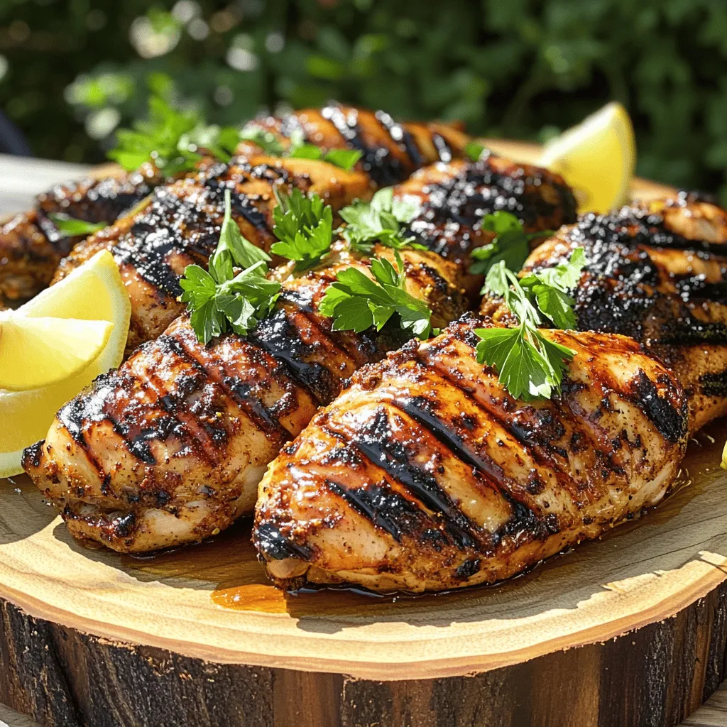 - Extra virgin olive oil - Freshly squeezed lemon juice - Honey - Garlic - Dijon mustard - Dried oregano - Smoked paprika - Cayenne pepper - Boneless, skinless chicken breasts - Salt and freshly ground black pepper The best grilled chicken marinade starts with simple, fresh ingredients. First, I use extra virgin olive oil. It adds richness and helps the chicken stay juicy. Next, I squeeze fresh lemon juice. The tartness brightens the flavors. Then, I mix in honey for just the right amount of sweetness. Now, let’s enhance those flavors. I finely mince garlic for depth. Then, I add Dijon mustard. This gives a nice tang. I sprinkle in dried oregano for a hint of earthiness. Smoked paprika adds a smoky taste that makes the chicken feel like summer. If you enjoy some heat, toss in cayenne pepper. For the chicken, I choose boneless, skinless chicken breasts. They cook evenly and absorb the marinade well. I finish by seasoning with salt and freshly ground black pepper. This simple step boosts the taste. You can find the full recipe with instructions to make this delicious marinade. Each bite will be full of flavor! To make the marinade, start with a mixing bowl. Add the following ingredients: - 1/4 cup extra virgin olive oil - 1/4 cup freshly squeezed lemon juice - 2 tablespoons honey - 3 cloves garlic, minced - 1 tablespoon Dijon mustard - 2 teaspoons dried oregano - 1 teaspoon smoked paprika - 1/2 teaspoon cayenne pepper (optional) - Salt and freshly ground black pepper to taste Whisk these ingredients well. You want a smooth and thick mixture that clings to the chicken. This blend gives your chicken its rich flavor. Next, take your chicken breasts. You can use a large resealable plastic bag or a shallow dish. Pour the marinade over the chicken. Ensure each piece is fully coated. Seal the bag or cover the dish tightly. This keeps the flavors locked in. I recommend marinating for at least one hour. If you have time, let it sit overnight. This step is key for flavor and tenderness. Now, it’s time to grill. Preheat your grill to a medium-high heat, around 400°F to 450°F. Once hot, remove the chicken from the marinade. Let excess marinade drip off, then discard it. Place the chicken on the grill. Grill each side for about 6-8 minutes. Use a meat thermometer to check for doneness. You want an internal temperature of 165°F. This ensures juicy, safe-to-eat chicken. After grilling, the chicken needs to rest for about 5 minutes. This is very important. Resting allows the juices to settle, making the chicken tender. When ready to serve, slice the chicken against the grain. This helps keep every bite juicy and easy to chew. Enjoy your meal with your favorite sides, like grilled veggies or a fresh salad. To make your chicken taste great, follow these tips: - Marinate for the right time: One hour is good, but overnight is best. - Use fresh herbs: Fresh herbs like parsley or cilantro add a bright taste. When you marinate chicken, the flavors soak in. This makes every bite tasty. Try to coat the chicken well with the marinade. Using a plastic bag helps with even coating. Getting perfect grill marks shows off your skills. Here’s how to do it: - Preheat the grill: Make sure your grill is hot before cooking. - Place chicken correctly: Lay the chicken down at a 45-degree angle. To avoid sticking, oil the grill grates before cooking. You can use a paper towel soaked in oil. This helps keep the chicken from tearing when you flip it. Watch out for these common problems: - Over-marinating: If you leave chicken in the marinade too long, it can become mushy. Stick to the recommended time. - Checking for doneness: Use a meat thermometer. Chicken should reach 165°F (75°C) inside. This keeps it safe to eat and ensures it’s juicy. Following these tips will help you grill chicken that is full of flavor and perfectly cooked. For the full recipe, check out the Ultimate Grilled Chicken Marinade. {{image_4}} You can change the flavor of your grilled chicken with spices. Try adding cumin or coriander for a warm taste. You can also use fresh herbs like basil or thyme. These will give your chicken a tasty twist. If you want a citrus kick, feel free to switch lemon juice for lime or orange juice. Each citrus brings its own vibe. Lime gives a tangy flair, while orange adds sweetness. This keeps your chicken exciting and fresh. Grilling is great, but there are more ways to cook chicken. You can bake it in the oven. Just preheat it to 375°F. Place the marinated chicken in a baking dish. Bake for about 25-30 minutes or until it reaches 165°F. Air frying is another fun option. Set your air fryer to 360°F. Cook the chicken for 15-20 minutes. This method gives you a crispy outside while keeping it juicy inside. For those on low-carb diets, this marinade works well. The marinade has no added sugars, making it a great choice. Just pair it with low-carb sides like steamed broccoli or a salad. If you need gluten-free options, this marinade is safe. All the ingredients are gluten-free. Just check the olive oil and Dijon mustard labels to be certain. Enjoy your flavorful meals without worry! For the full recipe, check out The Ultimate Grilled Chicken Marinade. After grilling your chicken, it’s important to store it correctly. If you have leftovers, let the chicken cool down first. Then, wrap it tightly in plastic wrap or place it in an airtight container. Store it in the fridge. This way, it will stay fresh for about 3-4 days. To keep the chicken tasty, enjoy it within this time frame. If you want to save grilled chicken for later, freezing is a great option. Wrap each piece in plastic wrap or aluminum foil. Then, put it in a freezer bag. Remove as much air as possible before sealing. This helps prevent freezer burn. You can freeze it for up to 3 months. When you're ready to eat, thaw the chicken in the fridge overnight. This keeps it safe and tasty. When reheating your chicken, keep it moist to avoid dryness. One method is to use the oven. Preheat it to 350°F (175°C). Place the chicken in a baking dish, add a splash of broth or water, and cover it with foil. Heat for about 15-20 minutes. Another method is to use a skillet on low heat. Add a little oil or water and cover. This helps the chicken stay juicy. Always check that it reaches an internal temperature of 165°F (75°C) before enjoying. You should marinate chicken for at least 1 hour for good flavor. For the best taste and texture, I recommend marinating it overnight. This longer time allows the flavors to soak into the meat. It also helps make the chicken more tender. Yes, you can use other types of chicken! This marinade works well with thighs, legs, or even whole chickens. Just adjust the marinating time based on the thickness of the meat. Thicker cuts may need a little more time to soak up those great flavors. Grilled chicken goes well with many sides. Here are a few ideas: - Grilled vegetables like zucchini and bell peppers - A fresh garden salad with your favorite dressing - Creamy coleslaw for a crunchy contrast - Light pasta or rice to soak up the juices Absolutely! You can make the marinade ahead of time. Just mix the ingredients and store them in the fridge. It stays good for about a week. This way, you can save time when you're ready to grill. Just remember to give it a good stir before using. To check if the chicken is done, use a meat thermometer. The chicken should reach an internal temperature of 165°F (75°C). If you don't have a thermometer, cut into the thickest part. The meat should be white, not pink, and the juices should run clear. In this post, we explored how to make tasty marinated grilled chicken. We covered key ingredients, from condiments to spices, and provided step-by-step instructions for marinating and grilling. I shared tips for flavor and avoided common mistakes. You can try different flavors or cooking methods to keep things fresh. Don't forget about proper storage for leftovers. With these insights, I trust you will grill chicken that is delicious and tender. Enjoy your cooking!