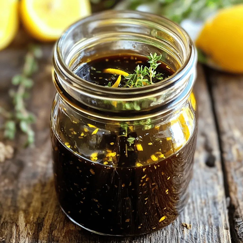 To make a great balsamic vinaigrette, you need a few key items. Here’s what you will need: - 1/2 cup balsamic vinegar - 1/2 cup extra virgin olive oil - 1 tablespoon Dijon mustard - 1 tablespoon honey or maple syrup - 1 clove garlic, finely minced - Salt and freshly ground black pepper, to taste - 1 teaspoon fresh thyme leaves (or 1/2 teaspoon dried thyme) These ingredients blend together to create a rich, tangy flavor. The balsamic vinegar gives a sweet and sour taste. The olive oil adds a smoothness that balances the acidity. You can add extra ingredients to make your vinaigrette even better. Here are some ideas: - 1 teaspoon lemon zest for a bright twist - A pinch of red pepper flakes for heat - Fresh herbs like basil or parsley for a fresh touch Each of these additions can change the taste and make the dressing unique. Feel free to experiment with what you like best! If you want to switch things up, you can try different sweeteners and oils. Instead of honey, you can use: - Agave syrup for a vegan option - Maple syrup for a richer flavor For oils, consider using: - Avocado oil for a light flavor - Walnut oil for a nutty taste These alternatives can help you find the perfect balance for your taste buds. If you're curious for the full recipe, check out the Zesty Balsamic Vinaigrette above! Making balsamic vinaigrette is quick and simple. First, gather your ingredients. You’ll need balsamic vinegar, extra virgin olive oil, Dijon mustard, honey or maple syrup, minced garlic, salt, pepper, and fresh thyme. 1. Start by mixing the balsamic vinegar, Dijon mustard, honey, and minced garlic in a bowl. Whisk these together until they blend well. 2. While whisking, slowly add the olive oil. This step helps create a smooth dressing. 3. Once it’s thick and creamy, add in the fresh thyme and optional lemon zest. This will give your vinaigrette a bright flavor. 4. Taste your mix and add salt and pepper to your liking. Adjust sweetness with more honey if needed. 5. Pour your vinaigrette into a jar. Close it tightly for storing in the fridge. Shake well before each use. To make a great vinaigrette, focus on the mixing. Add the oil slowly while whisking. This helps the oil combine with vinegar. If you pour too fast, it won't thicken. Keep whisking until it looks creamy. If you want to use a blender, that's fine too! Just blend the ingredients until smooth. This method also gives a nice emulsion. You can change your vinaigrette in many ways. Add herbs like basil or oregano for different tastes. Want some heat? Try red pepper flakes! You can also swap the sweetener. Use agave syrup instead of honey. If you like a tangy taste, add more mustard. Don't forget about different oils too. Try avocado oil for a buttery flavor. For a fun twist, mix in some fresh fruit puree or juice. This can give your vinaigrette a unique flair. The options are endless! For the full recipe, check the section above. Store your balsamic vinaigrette in a clean jar with a tight lid. Keep it in the fridge to stay fresh. It will last up to two weeks. Always shake it well before each use. This helps mix the oil and vinegar together again. Use just the right amount of dressing to coat your greens. A little goes a long way. Start with one to two tablespoons per serving. Drizzle it over your salad and toss gently. This ensures every bite has flavor. You can also use it as a dip for veggies or bread. One mistake is adding too much oil or vinegar. This can make your dressing too greasy or too sharp. Always taste as you go! Another common error is skipping the emulsification step. Slowly whisking in the oil helps create a creamy texture. Follow the Full Recipe for the best results! {{image_4}} You can easily change up your balsamic vinaigrette. Try adding fresh herbs like basil or oregano. A splash of orange juice can give it a bright twist. You can also mix in a bit of mustard for added zest. If you like heat, add a pinch of red pepper flakes. For a sweeter touch, consider using fruit purees like peach or raspberry. This vinaigrette works well with many dishes. For Italian meals, drizzle it over Caprese salad. For a Greek touch, add it to a salad with feta and olives. If you’re making a stir-fry, use it as a marinade for chicken or tofu. You can also pour it over roasted root vegetables for a warm side dish. It adds life to any meal! If you're watching your sugar intake, swap honey with a sugar-free sweetener. Use a low-sodium soy sauce instead of salt for flavor without the added sodium. For a vegan option, replace honey with maple syrup. If you want a lighter vinaigrette, reduce the oil to 1/3 cup and add a little water for balance. You can still enjoy a delicious taste while keeping it healthy. To keep your balsamic vinaigrette fresh, place it in a glass jar or bottle. Make sure the container has a tight lid. This helps prevent air from getting in and spoiling the dressing. Always shake the jar before each use. This step helps mix the ingredients back together since they may separate over time. Homemade balsamic vinaigrette lasts about one week in the fridge. After this time, check for signs of spoilage. If you see any mold or notice an off smell, it’s best to throw it away. A change in color may also indicate it has gone bad. Always trust your senses when it comes to food safety. To keep your vinaigrette fresh longer, use clean utensils each time you scoop some out. Avoid dipping anything directly into the jar. If you want to store it longer, consider freezing small portions. You can freeze it in ice cube trays and use one cube at a time as needed. This way, you’ll always have fresh dressing on hand. For the full recipe, check out the Zesty Balsamic Vinaigrette. Balsamic vinaigrette is low in calories. One tablespoon has about 40 calories. It contains healthy fats from olive oil. This dressing also offers small amounts of vitamins and minerals. The balsamic vinegar adds antioxidants, which help fight free radicals. Yes, balsamic vinaigrette makes a great marinade. It adds flavor to meats and vegetables. Use it on chicken, fish, or tofu. The acidity helps tenderize meats, making them juicy and tasty. I often marinate my veggies before grilling for extra flavor. You can keep homemade balsamic vinaigrette for about one week. Store it in the fridge in a sealed jar. Shake it well before each use, as it can separate over time. If you see any changes in color or smell, it's best to toss it out. For the full recipe, check the earlier section. In this post, we covered essential ingredients for balsamic vinaigrette and step-by-step instructions to make it. I shared tips for storage and common mistakes to avoid, plus tasty variations to try. The right dressing can transform salads and dishes. Remember, great taste comes from quality ingredients and a bit of practice. Use what you love and feel free to experiment. Enjoy making your own vinaigrette that suits your taste and health goals!