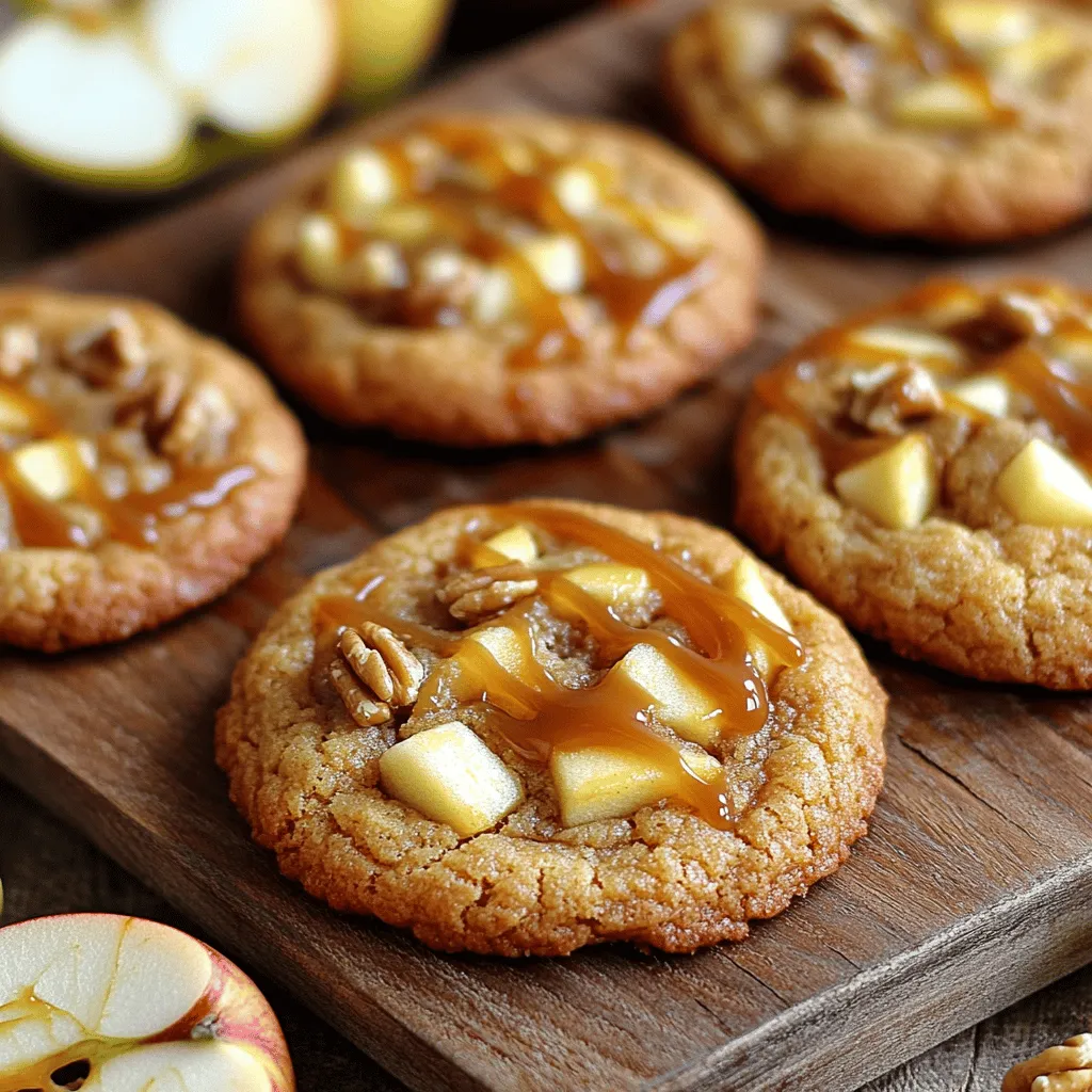 - 2 cups all-purpose flour - 1 teaspoon baking soda - 1/2 teaspoon salt - 1 teaspoon ground cinnamon - 1/2 cup unsalted butter - 1 cup packed brown sugar - 1/2 cup granulated sugar - 1 large egg - 1 teaspoon pure vanilla extract - 1 cup diced apple - 1/2 cup caramel bits - 1/2 cup chopped walnuts or pecans (optional) For a great cookie, select quality ingredients. Fresh apples give the best flavor. I like using Granny Smith for a tart bite. You can also mix in other apple varieties for added flavor. - Gluten-free flour alternatives: Use almond flour or a gluten-free blend. - Dairy-free butter options: Coconut oil or vegan butter can work well. - Sugar alternatives for healthier cookies: Try using coconut sugar or stevia. When you make these swaps, remember that textures may change a bit. Always check your dough as you mix. You want it to be soft but not too sticky. For the full recipe, check the details above. Happy baking! - Preheat your oven to 350°F (175°C). - Line a baking sheet with parchment paper. This helps cookies not stick. - In a bowl, combine 2 cups of all-purpose flour, 1 teaspoon of baking soda, 1/2 teaspoon of salt, and 1 teaspoon of ground cinnamon. - Whisk these together until they are mixed well and set aside. - Take another bowl and cream together 1/2 cup of softened unsalted butter, 1 cup of packed brown sugar, and 1/2 cup of granulated sugar. - Mix until the blend is light and fluffy, which takes about 2-3 minutes. - Next, add in 1 large egg and 1 teaspoon of pure vanilla extract. Mix until smooth. - Gradually add the dry mix to the wet mix. Stir on low speed until just combined. - It's alright if you see a few flour streaks. - Now, gently fold in 1 cup of diced apple and 1/2 cup of caramel bits. If you want, add 1/2 cup of chopped walnuts or pecans for crunch. - Use a cookie scoop or tablespoon to drop dough onto the prepared baking sheet. - Space each cookie about 2 inches apart. - Bake in the oven for 12-15 minutes. Look for golden edges and slightly soft centers. - The cookies will firm up as they cool. Following these steps will lead you to delicious homemade caramel apple cookies. For the complete recipe, check out the Full Recipe section. For the best cookie texture, you may need to adjust the baking time. Start checking your cookies at 12 minutes. If the edges are golden brown, they are ready. The centers will look a bit soft, but they will firm up as they cool. Using room temperature ingredients is key. When butter and eggs are at room temperature, they mix better. This helps create a light and fluffy dough. Softened butter blends easily with sugars, adding air to your mix. To boost flavor, consider adding spices or extracts. A pinch of nutmeg can make a great addition. You can also use almond extract for a unique twist. Different types of apples can change the taste too. Tart apples like Granny Smith add a nice contrast to the sweet caramel. Sweeter apples, such as Fuji or Honeycrisp, will give a different balance. Try mixing different apples for a fun flavor profile. For a beautiful presentation, serve these cookies warm on a rustic wooden board. This adds charm and makes them inviting. Drizzling warm caramel sauce over the cookies can elevate your dish even more. It adds shine and extra sweetness. Garnish with a few slices of fresh apple for color and freshness. This makes your cookies look as good as they taste! {{image_4}} You can make your caramel apple cookies even better with some fun add-ins. Try adding dried fruits like raisins or cranberries for a chewy bite. They bring a nice contrast to the sweet caramel and apple. You can also mix in chocolate chips for extra sweetness. The rich taste of chocolate pairs well with the apples, making every bite a treat. Let’s spice things up! Adding a pinch of nutmeg or allspice can bring a warm flavor. These spices work well with the apple and caramel. You can also add citrus zest, like lemon or orange. A little zest gives your cookies a bright, fresh taste. It makes them stand out and adds a lovely aroma. Want to change things for your diet? You can make a vegan version of these cookies. Swap the butter for coconut oil and use a flax egg instead. This keeps the cookie moist while being plant-based. If you are into health, you can try low-sugar options. Use a sugar substitute, like stevia or monk fruit, to cut down on sugar. These changes help you enjoy cookies while sticking to your dietary goals. For the full recipe, check out the Caramel Apple Delights section. To keep your caramel apple cookies fresh, store them in an airtight container. This will help prevent them from drying out. You can also use plastic wrap or a resealable bag. Make sure to press out as much air as possible before sealing. Store your cookies at room temperature for up to one week. If you want to keep them longer, consider freezing them. You can freeze both the cookie dough and the baked cookies. If you freeze the dough, scoop it into balls and place them on a baking sheet. Freeze them for a few hours, then transfer to a bag. This way, you can bake fresh cookies anytime. To freeze baked cookies, let them cool completely. Then, wrap them tightly in plastic wrap or foil. Place the wrapped cookies in a freezer-safe container. They will stay good for up to three months. When you are ready to enjoy your frozen cookies, thaw them in the fridge for a few hours. You can also warm them in the oven for a few minutes to regain their fresh-baked taste. For the best texture, avoid microwaving them. For these cookies, I recommend using sweet and tart apples. Good choices include: - Granny Smith - Honeycrisp - Fuji - Gala These apples add a nice crunch and balance the sweet caramel. Granny Smith gives a tartness that pairs well with the sweet cookie dough. Honeycrisp adds a juicy sweetness. Yes, you can make these cookies ahead of time. Here’s how: - Dough Storage: You can keep the cookie dough in your fridge for up to 3 days. Just wrap it tightly. - Baked Cookies: Store baked cookies in an airtight container at room temperature for up to a week. For the best taste, I suggest baking them fresh. But if you need to plan ahead, dough or cookies will work fine. You can tell when the cookies are done by looking for these signs: - The edges should be golden brown. - The centers may look slightly soft, which is okay. To test doneness, gently touch the center of a cookie. If it springs back, it's ready. If it leaves an indent, give it a minute more in the oven. Perfectly baked cookies will be warm and chewy! These cookies combine simple ingredients for maximum flavor and texture. We explored basic steps to make them, added tasty variations, and shared storage tips. You can also adjust for dietary needs or preferences. Remember, the best cookies come from experimenting and having fun. Use this guide to create your perfect batch. Enjoy the warmth and delight these cookies bring to any gathering!