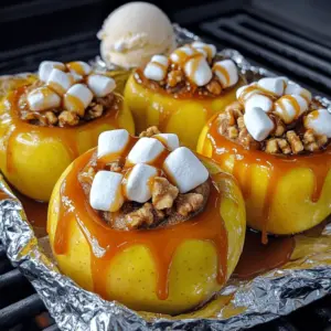 To make Bloomin' Grilled Apples, gather these fresh and tasty ingredients: - 4 large firm apples (Honeycrisp or Granny Smith) - 1/4 cup packed brown sugar - 1 teaspoon ground cinnamon - 1/2 teaspoon ground nutmeg - 1/4 cup chopped walnuts or pecans - 1/4 cup caramel sauce - 1/4 cup mini marshmallows (optional) - 2 tablespoons unsalted butter, melted - Vanilla ice cream (for serving) These ingredients work together to create a sweet and warm treat. The combination of spices and nuts gives the apples a special touch. Honeycrisp apples bring a crisp bite, while Granny Smith apples add a tart zing. The brown sugar and cinnamon mix creates a warm flavor that fills your kitchen with a sweet aroma. Once you've gathered all the ingredients, you're ready to move on to the fun part: cooking! If you want the full recipe, check it out for step-by-step instructions. To start, you need to core the apples. Keep the bottom intact. This helps create the bloom effect when grilling. Next, take a bowl and mix the brown sugar, cinnamon, nutmeg, and chopped nuts. This sugar-nut mixture adds flavor and crunch. Stuff each apple generously with this mixture. Make sure to pack it tightly. A little overflow looks great! Now, let’s get the grill ready. Preheat it to medium heat. This ensures even cooking. Wrap each stuffed apple in aluminum foil. Seal the foil tightly to keep in the steam. Place the apples directly on the grill grate. Grill for 20 to 25 minutes. Turn them occasionally for even tenderness. The apples should feel soft but still hold their shape. In the last few minutes, carefully open the foil. Avoid steam burns as you do this. If you like, sprinkle mini marshmallows over the apples. Rewrap the foil and grill for a couple more minutes. You want the marshmallows to just start melting. Once done, remove the apples from the grill. Drizzle caramel sauce over each apple. Let it seep into the warm filling. Serve warm and enjoy this sweet treat! For the Full Recipe, refer to the earlier section. To make the best bloomin' grilled apples, choose firm apples. Honeycrisp and Granny Smith are my top picks. These apples hold their shape well while grilling. Firm apples also allow for easy stuffing. Look for apples that feel heavy for their size and have smooth skin. Avoid soft or bruised apples; they may turn mushy when cooked. Keep your grill at medium heat for even cooking. This helps the apples soften perfectly without burning. If the heat is too high, the outside may char before the inside cooks. Wrap your apples tightly in aluminum foil. This keeps them from steaming too much, which can make them soggy. Turn the apples gently while grilling to ensure all sides cook evenly. Serve your bloomin' grilled apples warm. A scoop of vanilla ice cream pairs nicely with the warm, sweet apples. You can also add toppings like caramel sauce or chopped nuts for extra flavor. For a fun touch, consider serving them on a wooden board, garnished with fresh mint leaves. This makes a beautiful presentation and adds a pop of color. For the full recipe, check out the details above! {{image_4}} You can spice things up with different flavors. Adding ginger or cloves can give the apples a warm kick. These spices blend well with the sweetness of the fruit. Just a pinch can change the whole vibe of the dish. You can also substitute the nuts. Try using almonds or hazelnuts instead of walnuts or pecans. Each nut brings its own taste and crunch. This small change adds new textures and flavors. While apples are the star, don’t be shy to explore other fruits. Pears or peaches can work beautifully on the grill. They will also bloom and create that fun presentation. You can pair grilled apples with savory dishes too. Serve them with grilled chicken or pork. The sweet and savory mix creates a delicious contrast. You might even try them on a cheese board for a fun twist. If you want to make this treat gluten-free, it’s simple. Just check the labels on your sugar and toppings. Most are safe, but it’s always good to be sure. For a vegan option, swap butter for coconut oil. You can use maple syrup instead of caramel for sweetness. These changes keep the flavor rich without animal products. Lastly, for a healthier version, consider using less sugar. You can use natural sweeteners like honey or agave. This way, you enjoy the treat with less guilt and more health benefits. For the full recipe, visit the section above. To store grilled apples, let them cool down first. Place them in an airtight container. This keeps them fresh longer. If you have extra caramel sauce, store it separately. In the refrigerator, these apples last for about 3 to 5 days. Make sure the container is sealed well to avoid drying out. You want to reheat grilled apples gently. The best way is to use a microwave. Heat them in short bursts of 30 seconds. Check their warmth after each burst. You can also reheat them on a grill. Place them in foil again. Heat for about 5 to 10 minutes. This keeps their soft texture. Leftovers can be kept for up to 5 days in the fridge. After that, they may lose their taste and texture. If you want to freeze prepped apples, do it before grilling. Core and stuff the apples as usual. Then wrap each one tightly in plastic wrap. Place them in a freezer-safe bag. They can stay in the freezer for about 3 months. When you’re ready to grill, thaw them overnight in the fridge. To reheat frozen grilled apples, grill them for about 20 to 25 minutes. Check for softness before serving. I grill the apples for about 20 to 25 minutes. This time ensures they get soft but still hold their shape. Turn them occasionally for even cooking. You will know they are ready when a fork goes in easily. Yes, you can use many types of nuts. Almonds, pecans, or even hazelnuts work great. Choose what you like best! Just chop them up and mix them with the sugar. To make this recipe gluten-free, use simple ingredients. Most nuts and apples are gluten-free. Just ensure your caramel sauce has no gluten. Check labels to be sure. Yes! Preheat your oven to 350°F. Wrap the apples in foil and place them on a baking sheet. Bake for about 25 to 30 minutes. This method works well too! Bloomin' grilled apples pair nicely with vanilla ice cream or whipped cream. You can also add extra caramel sauce on top. They make a sweet treat or a fun dessert for any meal. Enjoy! Grilling apples is simple and fun. We covered the best ingredients, preparation steps, and grilling techniques. You can use different spices and fruits to customize your dish. Don’t forget about great storage tips for leftovers. Remember, the right apples can make a big difference. Enjoy the sweet flavors with ice cream or other toppings. Grilled apples are a tasty treat that everyone will love. Now, get grilling and share your creations with family and friends!