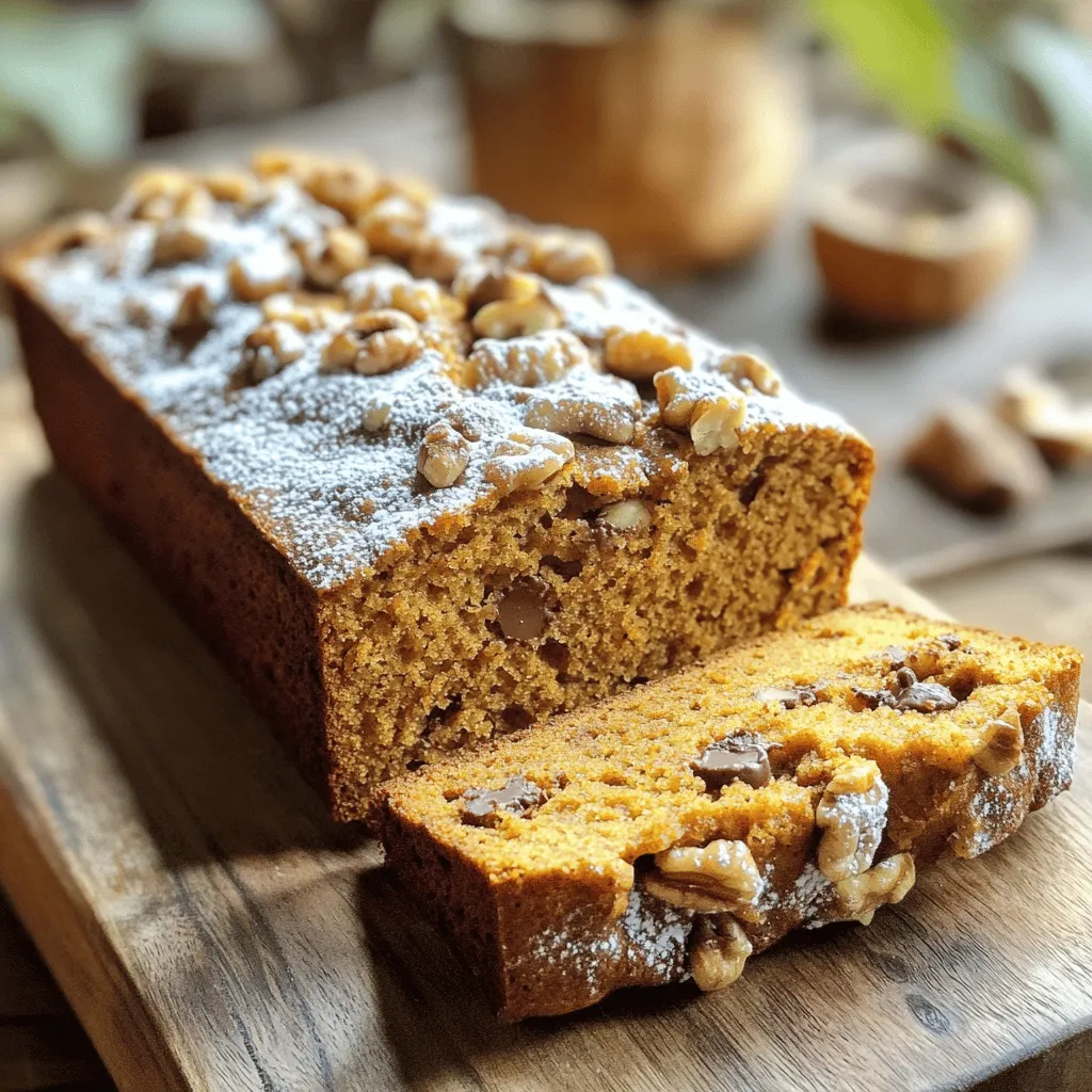 - 1 cup pure pumpkin puree - 1/2 cup unsalted butter - 1 cup brown sugar - 1/2 cup granulated sugar - 2 large eggs - 1 1/2 cups all-purpose flour - 1 teaspoon baking soda - 1/2 teaspoon baking powder - 1 teaspoon ground cinnamon - 1/2 teaspoon ground nutmeg - 1/4 teaspoon ground cloves - 1/2 teaspoon salt - 1 cup semisweet chocolate chips - 1/2 cup chopped walnuts I love using fresh, pure pumpkin puree for this recipe. It gives the bread that lovely fall flavor. If you have canned pumpkin, that works too! You need some unsalted butter to keep the bread moist. The mix of brown and granulated sugars adds depth to the sweetness. The eggs give the bread structure. They help it rise and stay fluffy. The dry ingredients include all-purpose flour. It makes the bread light and airy. Baking soda and baking powder help it rise even more. The spices bring warmth and a rich aroma. Ground cinnamon, nutmeg, and cloves add the perfect seasonal touch. Salt balances the sweetness and enhances all the flavors. For a fun twist, I add chocolate chips. They melt slightly and create pockets of gooey goodness. If you like some crunch, add walnuts. They give a nice texture contrast. Use this ingredient list from the Full Recipe, and get ready to bake a delicious treat! - Preheat your oven to 350°F (175°C). - Prepare the loaf pan (9x5 inches) for baking. Start by heating your oven. This step is key for the best rise and texture. Grease your loaf pan well or line it with parchment paper. This makes it easy to take out the bread later. - Combine melted butter and sugars. - Add eggs, pumpkin puree, and vanilla extract. In a large bowl, mix together the melted butter, brown sugar, and granulated sugar. Whisk until the mix looks smooth. Then, crack in your eggs and add pumpkin puree along with vanilla. Stir this mixture until it is creamy. - Whisk dry ingredients together in a separate bowl. - Gradually fold dry mix into the wet mix. In another bowl, measure out the flour, baking soda, baking powder, cinnamon, nutmeg, cloves, and salt. Whisk these dry ingredients well. Then, slowly fold this mix into the wet mix. Be gentle! Overmixing can make the bread tough. - Fold in chocolate chips and walnuts. - Pour batter into the prepared pan and smooth the top. - Bake in preheated oven for 60-70 minutes. Now, gently fold in the chocolate chips and walnuts if you like them. Pour the batter into the loaf pan, smoothing the top with a spatula. Bake in your preheated oven for 60 to 70 minutes. Check doneness by inserting a toothpick in the center. If it comes out clean, your bread is ready to cool! For the full recipe, check the section above. - How to prevent overmixing: Mix the wet and dry ingredients just until combined. Stop as soon as you don’t see dry flour. Overmixing makes the bread tough and dry. - Tips for checking doneness: Use the toothpick method. Insert a toothpick into the center. If it comes out clean or with a few moist crumbs, your bread is ready. - Cooling time before slicing: Let the bread cool in the pan for 10 minutes. Then, transfer it to a wire rack. This helps the bread set and makes slicing easier. - Serving suggestions: Slice the bread warm. Top it with whipped cream or a sprinkle of powdered sugar. This adds a nice touch and makes it look fancy. - Best ways to present the bread visually: Use a wooden board for serving. Arrange the slices neatly and add some fresh mint or seasonal herbs. This adds color and makes it appealing. - Suggestions to enhance the chocolate and pumpkin flavors: Try adding a pinch of ginger or allspice for more warmth. You can also mix in some chopped nuts for a crunchy texture. Dark chocolate chips can add depth to the sweet pumpkin taste. For the full recipe, check out the details provided above! {{image_4}} You can make your pumpkin bread even more exciting! Try adding spices like ginger or allspice. A little kick from these spices gives your bread a warm, cozy flavor. You can also explore different chocolate options. Dark or white chocolate chips can change the taste. Dark chocolate brings a rich flavor, while white chocolate adds sweetness. If you want a healthier bread, consider using whole wheat flour. It adds more fiber and nutrients. For sweeteners, you can swap out regular sugar for honey or maple syrup. These alternatives can make your bread more natural. If you follow a vegan diet, you can replace eggs with flaxseed meal or applesauce. These substitutes work well and keep the bread moist. Make your pumpkin bread festive! During the holidays, add cranberries or nuts for a seasonal twist. You can also use different pumpkin varieties like butternut or sugar pumpkin. Each type has its unique taste, adding a fun twist to your bread. Enjoy the process of experimenting with flavors! Once your pumpkin bread cools, wrap it tightly in plastic wrap. This keeps it fresh. You can also place it in an airtight container. Store it at room temperature for up to three days. If you want a little extra protection, use parchment paper inside the container. This helps absorb any excess moisture. For longer storage, freeze your pumpkin bread. First, let it cool completely. Then, wrap it in plastic wrap and foil. This protects it from freezer burns. Label the package with the date. You can freeze it for up to three months. When ready to eat, take it out and let it thaw in the fridge overnight. For the best texture, warm it in the oven for a few minutes before serving. At room temperature, your pumpkin bread lasts about three days. In the refrigerator, it can stay fresh for up to a week. However, refrigerating may change its texture, making it a bit denser. For the best taste, enjoy it fresh or freeze it. This way, you can savor every bite later. If you want the full recipe, check out the earlier sections. Can I use fresh pumpkin instead of canned? Yes, you can use fresh pumpkin. Just cook and puree it. Make sure to drain excess water for the best texture. What can I substitute for eggs in the recipe? You can use applesauce or mashed bananas. Use 1/4 cup of either for each egg. How do I know when the pumpkin bread is done baking? Insert a toothpick into the center. If it comes out clean, the bread is done. What to do if the bread is too dry or too moist? If the bread is dry, add a bit more butter next time. If it's moist, check your oven temperature. Bake a bit longer if needed. Solutions for uneven baking or sinking in the middle. For uneven baking, rotate the pan halfway through. If it sinks, avoid overmixing and ensure the baking powder is fresh. What to pair with pumpkin bread? Pumpkin bread goes well with coffee or tea. Try spreading cream cheese or butter on warm slices. You can also serve it with a scoop of vanilla ice cream for a treat. This article covered the key ingredients, step-by-step instructions, and tips for making delicious pumpkin bread. You learned about baking techniques, optional add-ins, and different variations to suit your taste. Remember, the joy of baking comes from experimenting and personalizing recipes. Happy baking! Enjoy your tasty pumpkin bread fresh and warm. Try new flavors and share this treat with others!