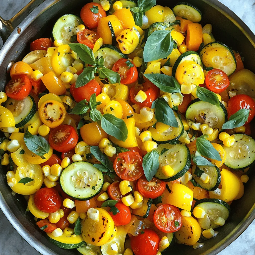 Here’s what you need for the Summer Veggies Skillet: - 1 medium zucchini, sliced into half-moons - 1 medium yellow squash, sliced into half-moons - 1 bell pepper (red or yellow), diced into bite-sized pieces - 1 cup cherry tomatoes, halved - 1 cup fresh corn kernels (approx. from 2 ears of corn) - 1 small red onion, finely diced - 2 cloves garlic, minced - 1 teaspoon dried oregano - 1 teaspoon smoked paprika - 2 tablespoons olive oil - Salt and freshly ground black pepper to taste - Fresh basil leaves, for garnish Using fresh, seasonal ingredients makes this dish shine. Summer vegetables are at their peak flavor and texture. They are vibrant, colorful, and full of nutrients. When you choose seasonal produce, you support local farmers and enjoy better taste. These fresh veggies also help reduce your carbon footprint. Eating what is in season means you get the best of nature's bounty. You can easily swap ingredients to fit your diet. If you are lactose intolerant, this dish is already dairy-free. For gluten-free needs, this recipe is a great option. You can replace zucchini with eggplant or use different bell peppers. If you want a protein boost, add chickpeas or tofu. For a spicy kick, toss in some jalapeños or chili flakes. These swaps keep the dish tasty while meeting your dietary needs. Making a summer veggies skillet is simple and fun. You start by heating oil. Then, you add the onion and garlic. After that, you mix in all the colorful veggies. The key is to cook them until they are just tender. This dish is quick and perfect for any meal. 1. Heat the Oil: In a large skillet, heat 2 tablespoons of olive oil over medium heat. Wait until it shimmers. 2. Sauté the Onion: Add 1 small red onion, finely diced. Cook for about 3-4 minutes. The onion should be soft and clear. 3. Add Garlic: Stir in 2 cloves of minced garlic. Cook for 1 minute. Watch it closely so it does not burn. 4. Cook the Veggies: Add 1 medium zucchini and 1 medium yellow squash, both sliced into half-moons. Also, add 1 diced bell pepper. Sauté for 5-7 minutes until they soften and shine. 5. Mix in Corn and Tomatoes: Add 1 cup of fresh corn kernels and 1 cup of halved cherry tomatoes. Sprinkle in 1 teaspoon of dried oregano, 1 teaspoon of smoked paprika, salt, and black pepper. 6. Finish Cooking: Stir gently for 3-5 minutes. All veggies should be tender and mixed well. 7. Garnish and Serve: Remove from heat. Add fresh basil leaves for color and flavor before serving. - For Crunchier Veggies: Reduce the cooking time by 1-2 minutes when sautéing. This keeps them crisp. - For Softer Veggies: If you like softer textures, cook an extra 1-2 minutes. Keep stirring to avoid burning. - High Heat Cooking: If you raise the heat, watch closely. It can cook faster, but you risk burning the garlic and onions. This recipe is a great way to enjoy summer's bounty. For the full recipe, check the earlier section. To create a tasty Summer Veggies Skillet, mix different veggies. The mix of zucchini, yellow squash, bell pepper, corn, and tomatoes gives a bright splash of color and flavor. Add garlic for warmth and onion for sweetness. Season with oregano and smoked paprika for depth. Try adding a splash of lemon juice at the end for brightness. This small change can make a big difference. Cooking time affects texture. Start by sautéing onion and garlic until soft. This step builds a strong base. Add zucchini and squash next, as they cook faster. Stir them well to keep them from sticking. When you add tomatoes and corn, keep a close eye. You want them tender but still fresh. For a crisp bite, try to avoid overcooking any veggie. One common mistake is overcrowding the skillet. If you add too many veggies at once, they will steam instead of sauté. This makes them mushy. Cook in batches if needed. Another mistake is not seasoning enough. Taste as you go. Adjust salt and pepper to your liking. Lastly, don’t skip the fresh basil at the end. It adds a bright finish to the dish. You can find the full recipe [here](#). {{image_4}} You can easily swap some veggies for others. Try using eggplant or asparagus instead of zucchini. If you want more color, go for rainbow carrots or purple bell peppers. You can even add leafy greens like spinach or kale for extra nutrition. Remember, the goal is to use fresh, seasonal produce. To make the dish more filling, add proteins. You can stir in cooked chicken or shrimp. For a vegetarian option, try chickpeas or tofu. Just make sure to cook the protein before adding it to the skillet. This way, everything heats evenly, and you get a balanced meal. You can switch up the flavors to match different cuisines. For a Mediterranean twist, add feta cheese and olives. If you want an Asian flair, toss in soy sauce and sesame oil. Try adding cumin and chili powder for a Mexican vibe. Each of these additions makes the dish unique and fun to explore. For the full recipe, check the Summer Veggies Skillet Delight. After you make the Summer Veggies Skillet, it’s key to store it right. First, let the dish cool down. Once cool, transfer it to an airtight container. This keeps the veggies fresh. Store the container in the fridge for up to 3 days. To enjoy the dish at its best, eat it within this time. When you are ready to eat your leftovers, reheating is simple. You can use the microwave or stovetop. For the microwave, place your serving in a bowl and cover it. Heat for about 1-2 minutes. Stir halfway through to ensure even warming. On the stovetop, heat in a skillet over medium heat. Stir often until hot, which should take about 5 minutes. Freezing your Summer Veggies Skillet is also an option if you have extra. Use a freezer-safe container for best results. Make sure to leave some space at the top, as food expands when frozen. It can last for up to 2 months in the freezer. To thaw, place it in the fridge overnight. You can also use the microwave for quicker thawing. After thawing, reheat it like mentioned above. Enjoy your delicious dish again! You can prep the Summer Veggies Skillet in advance. First, chop all the veggies. Store them in airtight containers in the fridge. You can also mix the spices ahead. When you are ready to cook, just heat olive oil in your skillet. Add the prepped veggies and spices. This saves time on busy days. Yes, you can use frozen vegetables. They make cooking quick and easy. Just remember that frozen veggies may need a bit more time to cook. Also, they might release more water. Drain excess liquid during cooking. This keeps the dish from getting soggy. Fresh herbs really brighten up summer vegetables. I love using basil, thyme, and parsley. Oregano adds a nice touch too. You can also try dill or cilantro for a fresh twist. Adding herbs at the end of cooking keeps their flavor strong. This blog post covered the main elements for making a great Summer Veggies Skillet. We looked at important ingredients, cooking steps, and tips to enhance flavor. You learned how to adjust for dietary needs and common mistakes to avoid. With these insights, you can create a tasty dish that fits your needs. By using fresh veggies and exploring variations, you’ll make meals exciting. Enjoy cooking and sharing your delicious creations!