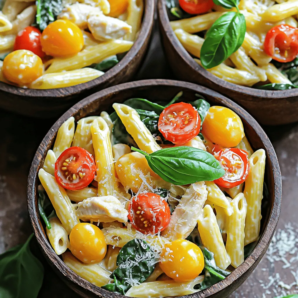 - Chicken and Pasta - 2 chicken breasts, diced into bite-sized pieces - 8 oz penne pasta - Vegetables and Seasoning - 3 cloves garlic, minced - 1 teaspoon Italian seasoning blend - 1 cup cherry tomatoes, halved - 2 cups fresh baby spinach - Fresh salt and freshly cracked black pepper to taste - Cream and Cheese - 2 tablespoons extra virgin olive oil - 1 cup heavy cream - 2 cups low-sodium chicken broth - 1/2 cup finely grated Parmesan cheese - Fresh basil leaves for garnish (optional) This dish uses simple, fresh ingredients. The chicken makes it hearty. The pasta adds a fun bite. The tomatoes and spinach bring color and health. Cream and cheese tie it together, making it rich and tasty. You can easily find these items in most stores. By using fresh ingredients, you create a dish full of flavor and nourishment. Sautéing the Chicken Start by heating the olive oil in a large pot over medium heat. Add the diced chicken breasts. Season them with salt, pepper, and Italian seasoning. Cook the chicken for about 5 to 7 minutes. Stir often until it turns brown and is fully cooked. Adding Garlic and Tomatoes Next, stir in the minced garlic. Sauté for about 30 seconds. You want the garlic to smell great but not burn. Then, fold in the halved cherry tomatoes. Cook for another 2 to 3 minutes. This will help the tomatoes soften and release their juices. Cooking the Pasta Pour in the low-sodium chicken broth. Bring the mixture to a gentle boil. Add the penne pasta and stir everything well. Cover the pot and let the pasta cook for about 10 to 12 minutes. Stir occasionally to keep the pasta from sticking together. Making it Creamy After the pasta is cooked, lower the heat. Stir in the heavy cream and grated Parmesan cheese. Mix well until a creamy sauce coats the pasta and chicken. Incorporating Spinach Carefully fold in the baby spinach. Cook for one more minute. This will wilt the spinach while keeping its bright color. Seasoning and Serving Taste the dish and adjust the seasoning. Add more salt and freshly cracked black pepper if you like. Once adjusted, remove the pot from heat. Let it rest for a couple of minutes. This helps the flavors blend. Serve your creamy Tuscan chicken pasta in wide bowls. Enjoy every bite! Ensuring Perfect Pasta Texture To get the best pasta texture, use a large pot. Fill it with water and add salt before boiling. This helps the pasta cook evenly. Stir the pasta often while it cooks. This keeps it from sticking together. Follow the package instructions for cooking time. Aim for al dente, which means firm but not hard. Achieving a Creamy Sauce To make your sauce creamy, add heavy cream after cooking the pasta. Stir in the grated Parmesan cheese next. This creates a smooth, rich sauce that coats the pasta well. Keep the heat low when adding these ingredients. This helps avoid burning the cream and keeps it nice and thick. Suggested Seasonings Italian seasoning brings great flavor to this dish. Add fresh salt and cracked black pepper to taste. You can also try adding red pepper flakes for a bit of heat. Fresh basil leaves make for a lovely garnish and add freshness. You could also add a squeeze of lemon for brightness. Pairing Suggestions Pair this pasta with a light salad for balance. A simple green salad with vinaigrette works well. Garlic bread is also a nice side to soak up the creamy sauce. For drinks, a crisp white wine or sparkling water can enhance the meal. Enjoy your flavorful feast! {{image_4}} You can easily change the chicken in this recipe. Try diced turkey or shrimp for a fun twist. For a vegetarian option, use mushrooms or firm tofu instead. These options still offer great taste and texture. To make this dish vegan, swap the heavy cream with coconut cream or cashew cream. You can also replace chicken broth with vegetable broth. Use nutritional yeast instead of Parmesan cheese for a cheesy flavor without dairy. While penne pasta is tasty, other shapes work well too. You can use fusilli, farfalle, or even spaghetti. Each shape adds a unique look and feel to your dish. For a gluten-free meal, choose gluten-free pasta made from rice or lentils. These options cook well and pair nicely with the creamy sauce. You won’t miss the gluten at all! Refrigeration Guidelines After you enjoy your One-Pot Creamy Tuscan Chicken Pasta, store any leftovers in a container. Make sure it is airtight. You can keep it in the fridge for up to three days. When you’re ready to eat, check for any signs of spoilage, like off smells or changes in texture. Freezing Instructions If you want to save some for later, you can freeze it. Use a freezer-safe container or a heavy-duty freezer bag. This dish can last for about two months in the freezer. When you want to enjoy it again, thaw it in the fridge overnight before reheating. Best Methods for Reheating To reheat, the stovetop is the best choice. Heat a pot over low to medium heat. Add a splash of chicken broth or water to help loosen the sauce. Stir gently until it is warm. You can also use a microwave. Place the pasta in a microwave-safe bowl and cover it. Heat in short bursts, stirring in between to warm evenly. Maintaining Creaminess To keep the creaminess, always add a little extra cream or broth while reheating. This helps the sauce stay smooth and luscious. Avoid high heat, as it can make the sauce separate and become clumpy. Can I make this dish ahead of time? Yes, you can make this dish ahead of time. Cook it fully, then let it cool. Store it in an airtight container in the fridge for up to three days. When you're ready to eat, reheat it gently on the stove. Add a splash of chicken broth to keep it creamy. How do I make it spicier? To spice it up, add crushed red pepper flakes when you sauté the chicken. You can also mix in some sliced jalapeños or use a spicy Italian sausage instead of chicken. Adjust the heat to your taste for a perfect kick. What can I serve with One-Pot Creamy Tuscan Chicken Pasta? This dish pairs well with a simple green salad. A Caesar salad adds a nice crunch. Garlic bread is another great choice for soaking up the creamy sauce. You can also serve it with roasted veggies for a colorful plate. This blog post covered easy steps to make One-Pot Creamy Tuscan Chicken Pasta. We spoke about the main ingredients like chicken, pasta, veggies, and a creamy sauce. You learned how to sauté, cook, and serve this dish. With handy tips and ingredient swaps, you can adjust this recipe to your taste. Storing and reheating leftovers is also simple. Enjoy making this dish your go-to meal for any night!