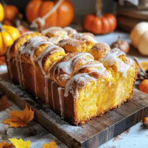 - 4 cups all-purpose flour - 1/4 cup granulated sugar - 1/2 cup packed brown sugar - 1 teaspoon salt - 1 tablespoon pumpkin pie spice - 1 teaspoon ground cinnamon For the dry mix, I start with all-purpose flour. It gives the bread a nice structure. I add two types of sugar: granulated for sweetness and brown sugar for moisture. Salt enhances all the flavors. Pumpkin pie spice and ground cinnamon bring warm, cozy notes. - 1 cup warm milk (approximately 110°F/43°C) - 1/2 cup unsalted butter, melted and slightly cooled - 1 cup pure pumpkin puree - 1 large egg, beaten - 1-2 tablespoons milk (for glaze) Warm milk is crucial. It helps activate the yeast. I melt unsalted butter and let it cool. This keeps the dough soft. Pure pumpkin puree adds moisture and flavor. A beaten egg helps bind everything together. For the glaze, I mix powdered sugar with milk to create a smooth drizzle. - 1/4 cup chopped pecans (optional for texture and crunch) Chopped pecans add a delightful crunch. They also give a nutty flavor that complements the pumpkin spice. If you like a bit of texture in your bread, toss them in! To start, you need to activate the yeast. In a small bowl, mix warm milk, granulated sugar, and active dry yeast. The milk should be warm, about 110°F. Let it sit for 5 to 10 minutes. You will see frothiness on top. This froth shows that your yeast is alive and ready to help the bread rise. Next, we prepare the dough. In a large bowl, combine the all-purpose flour, salt, and pumpkin pie spice. Whisk these dry ingredients well. Then, create a well in the center of the flour mix. Pour in the frothy yeast mixture, melted butter, pumpkin puree, and beaten egg. Stir everything together until you see a shaggy dough form. Now, it's time to knead the dough. Lightly flour a clean surface. Transfer the dough onto it and knead for 5 to 7 minutes. You want the dough to be smooth and elastic. After kneading, place the dough in a greased bowl. Cover it with a damp cloth and let it rise in a warm spot for about 1 hour, or until it doubles in size. While the dough rises, prepare the filling. In a small bowl, mix brown sugar, ground cinnamon, and chopped pecans. This filling will add a sweet, crunchy texture to your bread. After the dough has risen, gently punch it down. Roll it into a large rectangle, about 12x18 inches. Use a pastry brush to coat the dough with melted butter. Evenly sprinkle the cinnamon-brown sugar mixture on top of the dough. This ensures every bite is packed with flavor. Cut the dough into 6 long strips lengthwise. Then, slice each strip into 4 smaller squares. Stack these squares on top of one another. Place the stacked dough vertically in a greased loaf pan. Cover it with a cloth and let it rise again for 30 minutes. Preheat your oven to 350°F while the dough rises. Bake the bread for 30 to 35 minutes. It should be golden brown and sound hollow when tapped. While the bread bakes, prepare the glaze. In a bowl, whisk together powdered sugar and milk until smooth. Adjust the milk for a drizzling consistency, if needed. After baking, let the bread cool in the pan for about 10 minutes. Drizzle the glaze generously over the warm bread. This adds a sweet finish to your delicious creation. To make perfect dough, it must feel soft and smooth. Here are some signs of well-kneaded dough: - It springs back when you poke it. - It stretches without tearing. - It is slightly tacky but not sticky. For the best rise, find a warm spot. An oven with just the light on works well. You can also place the bowl near a sunny window. This warmth helps the dough double in size. You can change the glaze to add more flair. Here are some ideas: - Use maple syrup for a rich flavor. - Try vanilla extract for added sweetness. - Experiment with citrus juice for a zesty kick. If you run out of powdered sugar, use granulated sugar. Blend it until it's fine. You can also use honey or agave syrup instead. Presentation makes your bread more inviting. Here are some tips: - Serve the bread on a rustic wooden board. - Use a festive platter for a seasonal look. - Dust with extra powdered sugar for a sweet touch. Pair this bread with warm apple cider or coffee. It makes for a cozy treat any time of the day. {{image_4}} You can make this bread even more fun. Adding chocolate chips gives it a sweet twist. They melt and create gooey pockets of chocolate. You can also try different nuts or seeds. Chopped walnuts or sunflower seeds add crunch. These small changes can make a big difference in taste. If you need gluten-free options, use a gluten-free flour mix. Many brands work well. You can also find recipes that use almond or coconut flour. For vegan substitutes, swap the egg for flaxseed meal and water. Replace the milk with almond or oat milk. These changes keep the bread tasty while meeting dietary needs. You can change the spices for different seasons. In winter, add nutmeg or allspice for a warm feel. For fall, try extra pumpkin pie spice. You can also add fillings like cranberries or apples. These fruits bring a burst of flavor and color. It makes the bread perfect for any holiday gathering. To keep your Pumpkin Spice Pull-Apart Bread fresh, wrap it tightly in plastic wrap or foil. Store it at room temperature for up to three days. This method keeps the bread moist and tasty. If you see any signs of drying, you can warm it slightly in the oven for a few minutes. For longer storage, place the bread in an airtight container or freezer bag. You can freeze it for up to three months. Be sure to slice the bread before freezing. This makes it easy to grab a piece when you want a warm treat. When freezing, try to remove as much air as possible from the bag. This helps prevent freezer burn. To reheat the bread, preheat your oven to 350°F (175°C). Wrap the bread in foil to keep it moist. Heat it for about 10-15 minutes until warm. If you want a crispy crust, remove the foil for the last few minutes of heating. You can also use a microwave. Heat a slice for about 15-20 seconds. Enjoy your warm and delicious bread! Yes, you can use fresh pumpkin. Fresh pumpkin gives a nice flavor. To use it, cut the pumpkin and remove the seeds. Cook it until soft, then mash it well. This method may add some moisture, so reduce other liquids slightly. It’s a fun way to enjoy fall flavors straight from the source! To check if your yeast is active, mix warm milk, sugar, and yeast in a bowl. Wait for about 5-10 minutes. If the mixture bubbles and froths, your yeast is good to go! If not, your yeast might be old or the milk too hot or cold. Always use warm milk, about 110°F (43°C), for best results. You can prepare the dough ahead of time. After you shape the bread, cover it and place it in the fridge overnight. Let it come to room temp before baking. You can also bake it first and store it. Just remember to let it cool completely before wrapping it up. To slice pull-apart bread, use a sharp knife or a bread cutter. Start at one end and cut through the layers gently. This keeps the layers intact and makes for a pretty presentation. You can also pull apart the pieces by hand for a fun, rustic look! This guide outlined how to make delicious pull-apart pumpkin bread. We covered the right ingredients, from dry to wet, and even optional choices like pecans. The step-by-step instructions ensured you can activate yeast, prepare dough, and shape your bread with ease. Making this bread is fun and rewarding. Remember to try different flavors and variations. You can also store it for later enjoyment. Don’t hesitate to experiment and share your results. Enjoy your baking journey!