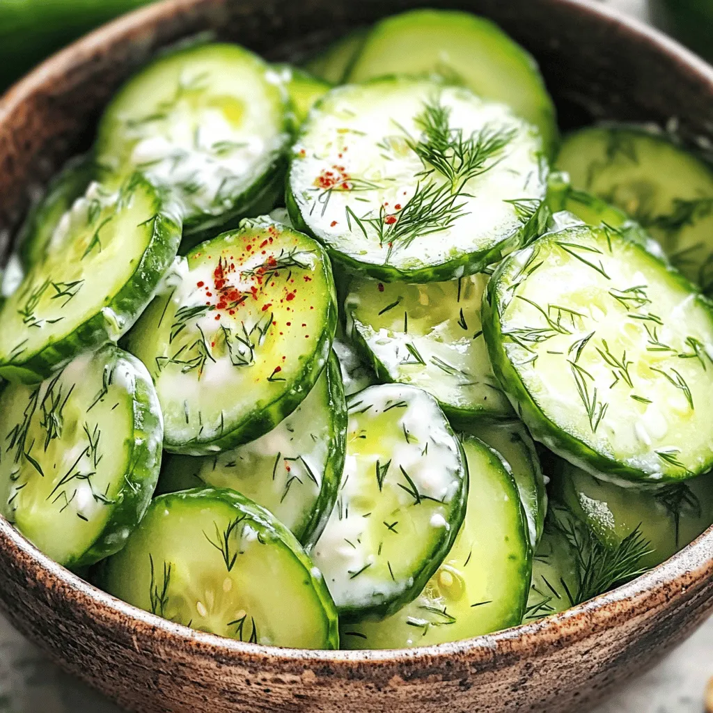 - 2 medium cucumbers - 1/4 cup creamy Greek yogurt - 1 tablespoon fresh lemon juice - 1 teaspoon garlic powder - 1 tablespoon fresh dill, finely chopped (or 1 teaspoon dried dill) - 1/2 teaspoon sea salt - Freshly cracked black pepper to taste - Optional: Red pepper flakes To make this quick and tasty cucumber snack, gather your ingredients first. You need two medium cucumbers. I love using fresh cucumbers for a crisp bite. The creamy Greek yogurt adds a rich flavor, which is a real treat. A tablespoon of fresh lemon juice gives it a zesty kick. You will also need one teaspoon of garlic powder. This adds a nice depth to the dish. Fresh dill really makes this snack pop. You can use dried dill if fresh isn’t available. A dash of sea salt helps bring out all the flavors. Lastly, freshly cracked black pepper adds a bit of warmth. If you want some heat, toss in a pinch of red pepper flakes. This mix of flavors blends perfectly in just five minutes. Now that you have the ingredients, you are ready to create this delicious cucumber snack! Start by washing the cucumbers under running water. This step keeps them fresh and clean. Next, pat them dry with a clean towel. You can slice the cucumbers into thin rounds for a classic look. If you want something fun, cut them into matchsticks. Both options taste great! In a medium bowl, combine the creamy Greek yogurt and fresh lemon juice. Add garlic powder, dill, sea salt, and freshly cracked black pepper. Use a whisk to mix until the dressing is smooth. This will add a nice, tangy flavor to your cucumbers. Transfer the sliced cucumbers to a larger mixing bowl. Pour the yogurt dressing over the cucumbers. Toss gently with a spatula or spoon, so you don’t mash them. Make sure every piece is well-coated. If you have a couple of minutes, let it sit to soak up the flavors. If not, you can serve it right away! Now, transfer the cucumber salad to a serving platter or individual bowls. This dish is best enjoyed fresh. You can store it in the fridge for a short time if needed. For an extra kick, sprinkle red pepper flakes on top before serving. This adds a nice pop of color and a little heat. Enjoy your 5-Minute Cucumber Snack! For the full recipe, check out the details above. - How to select the best cucumbers: Choose firm cucumbers with smooth skin. Look for ones that feel heavy for their size. Pick cucumbers that are bright in color and free of wrinkles. Fresh cucumbers have a crisp bite and a mild taste. - Tips for slicing: Use a sharp knife for clean cuts. Slice cucumbers into thin rounds for a classic look. For a fun twist, cut them into matchsticks. This adds texture and makes them great for dipping. - Suggestions for prepping in advance: You can wash and slice cucumbers ahead of time. Store them in a sealed bag or container. Make the dressing in advance and keep it in the fridge. This saves time when you're ready to eat. - How to store leftovers: Store leftovers in an airtight container. Keep them in the fridge for up to two days. The cucumbers may get soft, but the flavor stays great. If they seem too watery, drain excess liquid before serving. - Creative serving suggestions for parties or gatherings: Serve the cucumber snack in small glass cups. This shows off the vibrant colors and creamy dressing. You can also use skewers to create fun cucumber bites. Garnish with fresh dill or a sprinkle of red pepper flakes for a pop of color and flavor. {{image_4}} You can switch up the herbs in this recipe. Try using mint, parsley, or chives. Each herb brings its own taste. It adds a fun twist to your cucumber snack. For those avoiding dairy, swap the yogurt for a dairy-free alternative. Coconut yogurt or almond yogurt works well here. This change makes the dish friendly for more diets. To make your cucumber snack even better, add spices or seasonings. A pinch of cumin or paprika can elevate the taste. You can also mix in other vegetables. Try diced bell peppers or shredded carrots. These vegetables add color and crunch. They also make the snack more filling. Pair this snack with pita bread or crackers for a full meal. You can also use it as a wrap filling. Spread the cucumber mix on a tortilla. Roll it up with some grilled chicken or turkey. This way, you have a tasty lunch or light dinner option! To keep your cucumber snack fresh, store it in an airtight container. Place the container in the fridge. This helps retain its crunch and flavor. Aim to eat your snack within 2 to 3 days for the best taste. If you have leftover dressing, store it separately. This keeps the cucumbers crisp until you are ready to eat. Check your cucumber snack for any signs of spoilage. If the cucumbers look slimy or discolored, it’s time to toss them. Also, if the dressing smells off or has changed color, do not eat it. Fresh ingredients are key. Always trust your senses to guide you. You can store this snack for about 1 to 2 days in the fridge. Keep it in an airtight container. The cucumbers stay crunchy, but they will lose some freshness over time. Yes, you can! If you want a non-dairy option, use a plant-based yogurt. Almond or coconut yogurt works well. You can also make a simple dressing with olive oil and vinegar for a lighter option. Absolutely! This cucumber snack is great for meal prep. You can slice the cucumbers and make the dressing in advance. Just keep them separate in the fridge. Combine them when you are ready to eat. Pair this cucumber snack with grilled chicken or fish for a full meal. It also goes well with pita chips or fresh bread. Add some hummus or tzatziki for extra flavor. For a light lunch, serve it with a salad. In this blog post, I shared a quick recipe for a fresh cucumber snack. You learned about the simple ingredients and easy steps to make it. This dish is perfect for parties or a light meal. You can make it ahead and even switch up the ingredients. Remember to store any extras properly. Keep it fresh for your next craving. Enjoy experimenting with flavors and serving ideas. Your new go-to snack is ready to impress!