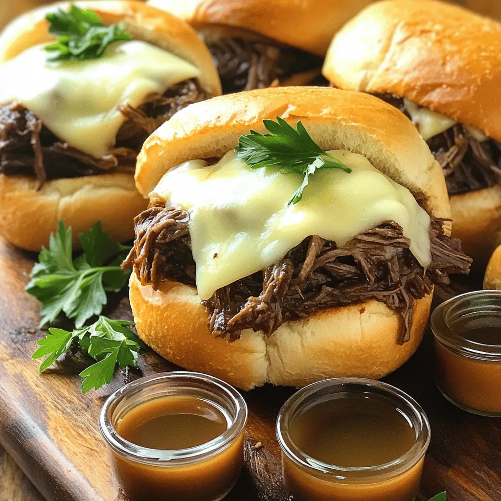 - 2 pounds beef chuck roast - 1 tablespoon olive oil - 1 large onion, thinly sliced - 4 cloves garlic, finely minced - 4 cups beef broth - 2 tablespoons soy sauce - 1 tablespoon Worcestershire sauce - 1 tablespoon dried thyme - 1 teaspoon freshly ground black pepper - 1 teaspoon salt - 8 hoagie rolls or French baguettes - 1 cup provolone cheese, sliced - Fresh parsley, chopped (optional) For this Crockpot French Dip, I love using a beef chuck roast. It’s perfect because it becomes tender as it cooks. The olive oil helps to sear the meat, giving it a rich flavor. Slicing the onion and garlic adds sweetness and depth. Next, I recommend using beef broth, which you can make at home or buy. The soy sauce and Worcestershire sauce add umami. Dried thyme gives an earthy taste that complements the beef. Don’t forget the black pepper and salt! For the sandwiches, hoagie rolls or French baguettes work best. They hold the beef and broth well. Provolone cheese melts beautifully on top, adding creaminess. If you want, sprinkle some fresh parsley on your sandwiches for color. These ingredients are simple but pack a lot of flavor. You can find the full recipe to guide you through the cooking steps. Enjoy making this savory meal! First, you need to sear the beef chuck roast. Heat a large skillet over medium-high heat and add one tablespoon of olive oil. When the oil is hot, place the beef in the skillet. Sear each side for about 4 to 5 minutes. Look for a deep, golden-brown crust. This step adds flavor and texture. Once done, take the beef out and set it aside. Next, prepare the crockpot. In the bottom, layer your sliced onion and finely minced garlic. This mix creates a tasty base for the beef. The onion and garlic will infuse the meat with flavor as it cooks. Now, let's mix the broth and seasonings. In a bowl, whisk together 4 cups of beef broth, 2 tablespoons of soy sauce, 1 tablespoon of Worcestershire sauce, 1 tablespoon of dried thyme, 1 teaspoon of black pepper, and 1 teaspoon of salt. Make sure it's well combined. This rich mix will give the beef a savory taste. After mixing, carefully set the seared beef roast on top of the onion and garlic in the crockpot. Pour the broth mixture over the roast. Try to cover the meat as much as possible with the broth. Cover the crockpot with its lid. You can set it to low for 8 to 10 hours or high for 4 to 5 hours. The roast is ready when it is fork-tender. This means you can easily shred it with a fork. After cooking, remove the roast from the crockpot. Let it rest for a few minutes. Then, use two forks to shred the beef into thick strands. This step makes the beef perfect for the sandwiches. For the full recipe, please check the appropriate section. To achieve tender beef in your Crockpot French Dip, start with a good cut. I recommend using beef chuck roast. This cut has fat and connective tissue, which break down during cooking. Searing the beef before adding it to the crockpot adds deep flavor. Cook it until it has a nice brown crust. For the best seasoning, don’t skip the broth mix. Combine beef broth, soy sauce, Worcestershire sauce, thyme, pepper, and salt. This mix gives your beef a rich taste. Taste your broth before adding it to the pot. You can adjust the seasoning to fit your taste. When it's time to serve, make your sandwiches look great. Slice hoagie rolls or French baguettes open and fill them with the beef. Add slices of provolone cheese on top. I love to melt the cheese under a broiler for a few minutes. This makes it bubbly and golden. For a fun touch, serve the sandwiches with small bowls of the warm broth for dipping. This adds flavor and keeps your meal fun. You can also add sides like crispy fries or a fresh salad to round out your meal. {{image_4}} You can easily boost the taste of your Crockpot French Dip. Adding different types of cheese makes a big difference. Provolone is great, but try Swiss or mozzarella for new flavors. Each cheese brings a unique taste that pairs well with the beef. Incorporating additional herbs or spices can also enhance the flavor. Try adding rosemary or oregano for a twist. A little garlic powder or crushed red pepper can add a kick. Mix and match to find what you love best. If you need gluten-free options for the bread, it’s simple! Look for gluten-free hoagie rolls or baguettes. Many brands offer tasty choices that work well in this recipe. For those watching sodium, use low-sodium broth. You can find this at most stores. This helps keep the dish hearty without too much salt. You can also make your own broth at home, which is a great way to control the salt level. Feel free to check out the Full Recipe to see how these changes fit in! After you enjoy your Crockpot French Dip, store any leftovers right away. Let the beef and broth cool to room temperature first. Then, use airtight containers to keep them fresh. Glass containers work well because they do not retain odors. Label each container with the date. You can keep the leftovers in the fridge for up to four days. To freeze the beef and broth, start by shredding the meat. Place the shredded beef into a freezer-safe bag. Pour the broth over it, leaving some space for expansion. Seal the bag tightly, removing excess air. You can freeze this mixture for up to three months. When you are ready to eat, take the bag out of the freezer. Thaw it in the fridge overnight. For reheating, place the beef and broth into a pot over medium heat. Stir often until it is hot again. You can also microwave it in a safe container, stirring every minute until warm. Enjoy your meal again! How long can I keep leftovers? You can keep leftovers in the fridge for about three to four days. Store them in a tight container. This keeps the meat moist and tasty. Can I use a different cut of beef? Yes, you can use other cuts like brisket or round. Just remember that cooking time may change. Always aim for cuts that have some fat for flavor. What can I serve with Crockpot French Dip sandwiches? These sandwiches pair well with chips, fries, or a simple salad. You can also serve them with a side of pickles for added crunch. Can I make it ahead of time? Absolutely! You can prepare the beef a day in advance. Just reheat it gently on the stove or in the crockpot. What to do if the beef is too dry? If your beef turns out dry, add more broth back into the pot. Let it simmer for a few minutes. This helps rehydrate the meat, making it juicy again. Fixing overly salty broth If the broth is too salty, add a potato. Let it cook for about 15 minutes. The potato absorbs some salt, helping balance the flavors. In this blog post, you learned how to make a delicious Crockpot French Dip sandwich. We covered every step, from selecting the right ingredients to cooking and serving tips. Remember to choose a good cut of beef and follow the timing for perfect results. Try different variations to keep it fresh. Store leftovers properly for best taste. With these tips, you can enjoy great meals anytime. Happy cooking!