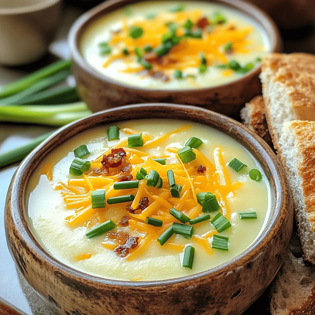 To make this easy baked potato soup, gather these main ingredients: - 4 large russet potatoes, thoroughly scrubbed and diced - 1 cup shredded sharp cheddar cheese, plus extra for topping - 4 cups vegetable broth, low-sodium preferred - 1 cup milk (or a dairy-free alternative) such as almond or oat milk - 1/2 cup sour cream (or plain yogurt for a lighter option) - 4 green onions, chopped, with extra for garnish - 1 teaspoon garlic powder - 1 teaspoon onion powder - Salt and freshly ground black pepper to taste - 2 tablespoons olive oil You can add fun toppings to your soup for extra flavor. Consider trying: - Crumbled bacon bits - Additional cheese - Fresh chives If you want to switch things up, here are some ideas: - Use Yukon gold potatoes for a sweeter taste. - Swap vegetable broth with chicken broth for a richer flavor. - Try goat cheese instead of cheddar for a tangy twist. - Use Greek yogurt in place of sour cream for added protein. This easy baked potato soup is full of flavor and comfort. Check out the Full Recipe for more details! Start by preheating your oven to 400°F (200°C). Take your large russet potatoes and scrub them well. Use a fork to poke several holes in each potato. This lets steam escape while they bake. Place the potatoes directly on the oven rack. Bake them for about 45 minutes. You want them soft and easy to pierce with a fork. Once the potatoes are baked, carefully take them out of the oven. Let them cool for a few minutes. Cut each potato in half and scoop the insides into a large soup pot. Be careful to leave the skins behind. Now, pour in the vegetable broth. Stir gently and bring the mixture to a gentle boil over medium heat. Next, stir in the milk, sour cream, garlic powder, onion powder, and half of the cheddar cheese. Mix everything well until it's creamy and smooth. If you have an immersion blender, use it to blend the soup to your preferred texture. If not, pour the mixture in batches into a regular blender. Remember to let steam escape while blending. Add in the chopped green onions and stir well. Season with salt and black pepper to taste. Let the soup simmer on low for 5-10 minutes. This allows the flavors to meld beautifully. Now, you’re ready to serve and enjoy your easy baked potato soup! Don't forget the full recipe for more details. To make your baked potato soup creamy, use whole milk or cream. If you want a lighter touch, go for almond or oat milk. Adding sour cream gives a rich taste, too. For extra creaminess, blend the soup well. You can use an immersion blender for smoothness or a regular blender for a chunkier texture. One common mistake is using too much broth. Start with less and add more if needed. Make sure to bake your potatoes fully. They should be soft. If they’re not, the soup will not have that smooth texture. Stir often while heating; this helps avoid sticking and burning. Presentation makes your soup look even better. Use rustic bowls for serving. Top each bowl with extra cheese and green onions for color. You can add crumbled bacon bits or fresh chives for a nice touch. Pair it with warm, crusty bread for a complete meal. For more details, check the Full Recipe. {{image_4}} You can easily make this soup dairy-free. Substitute the milk with almond or oat milk. For the creamy texture, use dairy-free sour cream or plain yogurt. This change keeps the soup rich but makes it friendly for those with dairy issues. To boost flavor, consider adding herbs like thyme or rosemary. A sprinkle of smoked paprika gives a nice depth. If you like heat, add a few dashes of hot sauce or some cayenne pepper. Crumbled bacon bits on top add a crunchy, savory touch. If you want a low-carb option, replace russet potatoes with cauliflower. Steam the cauliflower until soft, then blend it into the soup. This keeps the creamy texture while cutting carbs. You can also reduce the milk for an even thicker soup. These variations help you enjoy a delicious soup while meeting your dietary needs. You can find the full recipe above to start your cooking journey! After enjoying your baked potato soup, let it cool down. Pour any leftovers into an airtight container. Make sure to seal it well. Store the soup in the fridge for up to five days. This soup tastes even better the next day! If you want to save some for later, freezing is a great option. Allow the soup to cool completely before you freeze it. Use freezer-safe containers or bags. Leave some space at the top for expansion. The soup will keep for up to three months. To reheat your soup, take it out of the fridge or freezer. If frozen, let it thaw overnight in the fridge. Pour the soup into a pot and heat it on low. Stir it often until it’s hot. You can also use a microwave. Just heat it in short bursts, stirring in between. Add extra toppings before serving for a fresh taste. For the full recipe, check out the details above. Baked potato soup can last about 3 to 5 days in the fridge. Make sure to store it in an airtight container. To keep it fresh, let it cool before sealing. If you want to enjoy it later, you can freeze it for up to 3 months. Yes, russet potatoes are perfect for this soup. They are starchy and give a creamy texture. Their skin adds flavor too. Just remember to scrub them well before baking. Using russets will enhance the taste of your soup. You can pair baked potato soup with many delicious sides. Here are some great options: - Crusty bread for dipping - A fresh green salad for crunch - Grilled cheese sandwiches for warmth - Toppings like bacon bits or cheese for extra flavor These sides will make your meal even more enjoyable. For the detailed recipe, check the Full Recipe section. This blog post covered the essential ingredients and steps for making baked potato soup. I shared tips for creaminess and ways to avoid common mistakes. We also explored tasty variations and how to store leftovers properly. In the end, you can enjoy a warm bowl of soup tailored to your tastes. Try adding new flavors or making it dairy-free. With these tips, you will make the perfect baked potato soup every time. Enjoy!