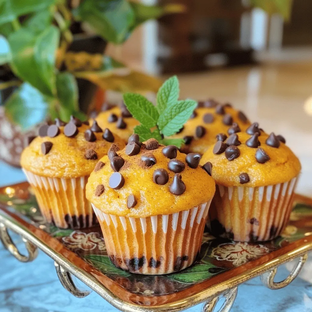 - 1 cup canned pumpkin puree - 1/2 cup vegetable oil - 1 cup packed brown sugar - 1/2 cup granulated sugar - 3 large eggs - 1 teaspoon pure vanilla extract - 1 1/2 cups all-purpose flour - 1 teaspoon baking soda - 1/2 teaspoon baking powder - 1 teaspoon ground cinnamon - 1/2 teaspoon ground nutmeg - 1/4 teaspoon ground ginger - 1/4 teaspoon salt - 1 cup semi-sweet or dark chocolate chips Use a standard measuring cup for liquid and dry ingredients. For brown sugar, pack it firmly into the cup to get the right amount. When measuring flour, spoon it into the cup and level it off with a knife. This method avoids too much flour, which can make cupcakes dense. - Pumpkin Puree: Look for 100% pumpkin with no added sugar or spices. Fresh pumpkin can be used, but it must be cooked and pureed. - Sugars: Using both brown and granulated sugar gives a nice balance of sweetness. Brown sugar adds moisture and a slight chew. - Chocolate Chips: Choose semi-sweet or dark chocolate chips based on your taste. Dark chocolate gives a rich flavor, while semi-sweet offers a classic sweetness. - Spices: Fresh spices will give the best flavor. Store them in a cool, dark place for longer shelf life. These ingredients help create the perfect blend of flavors in your Pumpkin Chocolate Chip Cupcakes. For the full recipe, check out the detailed instructions above. Start by preheating your oven to 350°F (175°C). This step warms your oven so your cupcakes bake evenly. Next, take a standard 12-cup muffin tin and line it with colorful cupcake liners. This adds a fun touch and makes cleanup easy. In a large mixing bowl, add the canned pumpkin puree, vegetable oil, packed brown sugar, granulated sugar, and eggs. Don’t forget the pure vanilla extract! Whisk everything together until the mix is smooth and creamy. Make sure all the ingredients blend well, as this forms the base of your cupcakes. In a separate bowl, sift together the all-purpose flour, baking soda, baking powder, ground cinnamon, ground nutmeg, ground ginger, and salt. Sifting helps to mix these ingredients evenly and removes lumps. Gradually add the dry mixture to your wet ingredients. Stir gently using a spatula or wooden spoon. Mix just until combined; overmixing can make the cupcakes dense. Finally, fold in the chocolate chips carefully. This ensures each cupcake has a sweet surprise inside. For the best results, set your oven to 350°F (175°C). This temperature helps the cupcakes rise well and bake evenly. Bake the cupcakes for 18-20 minutes. Check them with a toothpick. If it comes out clean, they are ready! One common mistake is overmixing the batter. Mix just until the dry ingredients blend with the wet. This keeps the cupcakes light and fluffy. Another mistake is not filling the liners correctly. Fill them two-thirds full to allow for rising without spilling. To make fluffy cupcakes, use room temperature eggs. They mix better and help create air in the batter. Also, sift your dry ingredients. This adds air and prevents lumps. Finally, fold in the chocolate chips gently. This keeps the batter light and airy. For the complete recipe, check out the Full Recipe section. {{image_4}} You can easily make gluten-free pumpkin chocolate chip cupcakes. Simply swap all-purpose flour for a gluten-free blend. Many stores offer good gluten-free flour mixes. Check the blend for xanthan gum; it helps the cupcakes hold together. Your cupcakes will still be soft and tasty. To make vegan pumpkin chocolate chip cupcakes, replace eggs with flaxseed meal. Mix one tablespoon of flaxseed meal with three tablespoons of water per egg. Let it sit for a few minutes until it thickens. Use plant-based milk instead of regular milk and choose vegan chocolate chips. These cupcakes will still be moist and delicious. You can enhance your cupcakes with fun flavors and ingredients. Consider adding nuts for crunch, or dried fruits for sweetness. A teaspoon of espresso powder gives an extra depth to the chocolate flavor. For a spicy kick, add a pinch of cayenne pepper. Each of these options makes your cupcakes unique and special. For the full recipe, be sure to check back on the main page! Store your pumpkin chocolate chip cupcakes in an airtight container. This keeps them fresh and moist. Line the container with paper towels to absorb any extra moisture. Place the cupcakes in a single layer to avoid squishing them. If you want to keep them for a longer time, you can refrigerate them. Just remember to let them cool completely first. You can freeze pumpkin chocolate chip cupcakes for up to three months. First, let them cool fully. Then, wrap each cupcake in plastic wrap. Place them in a freezer-safe bag or container. This protects them from freezer burn. When you’re ready to eat, thaw them in the fridge or at room temperature. These delicious cupcakes last about 3-4 days at room temperature. If stored in the fridge, they can last up to a week. Keep an eye out for any signs of spoilage, like mold. For the best taste, enjoy them fresh. For the full recipe, refer to the earlier section. To make these cupcakes healthier, you can swap some ingredients. Use applesauce instead of oil to reduce fat. You can also replace half of the sugar with honey or maple syrup. For a boost of nutrition, add ground flaxseed or chia seeds. These swaps keep the flavor while cutting calories. You can get creative with toppings! Try using chopped nuts for a nice crunch. A sprinkle of coconut flakes adds sweetness and texture. You can also use yogurt as a healthier frosting option. For a fun twist, drizzle melted chocolate or caramel over the top. Yes, you can use fresh pumpkin! Start by roasting a small pumpkin. Cut it in half, remove the seeds, and bake at 350°F until soft. Scoop out the flesh and puree it until smooth. This fresh pumpkin gives a rich flavor, just like the canned version. Check out the Full Recipe for more tips! You learned about making delicious pumpkin chocolate chip cupcakes. We covered all the key steps, from choosing the right ingredients to mixing them properly. I shared tips on baking, avoiding mistakes, and even offered variations for different diets. Don’t forget how to store your cupcakes for later enjoyment. Use the FAQ section to answer any last-minute questions. Now, get baking! Enjoy your fluffy and tasty treats!