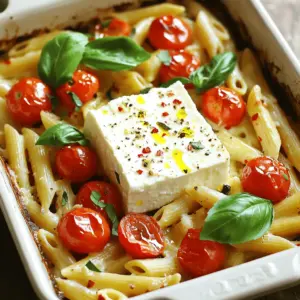 - Feta cheese details: You need 1 block (200g) of feta cheese. Feta adds a creamy texture and rich flavor. It melts well and combines with other ingredients to make a delicious sauce. - Cherry tomatoes and their role: Use 3 cups of cherry tomatoes. These tomatoes burst while baking, creating a sweet, juicy sauce. Their freshness balances the salty feta and enhances the overall taste. - Additional seasonings and toppings: You will need 3 cloves of minced garlic, ½ teaspoon of red pepper flakes, and 1 tablespoon of extra virgin olive oil. Add salt and freshly cracked black pepper to taste. Fresh basil leaves will garnish your dish, giving a fragrant touch. Grated Parmesan cheese is optional for serving, adding more flavor if desired. Start by setting your oven to 400°F (200°C). This heat helps the feta and tomatoes cook just right. While the oven warms up, take a medium baking dish. Place the block of feta cheese in the center. Next, spread the cherry tomatoes all around the feta. Add minced garlic on top for extra flavor. Bake your dish for about 30 minutes. Look for the feta to get soft and creamy. The tomatoes should burst open, making a tasty sauce. This step is key. The flavors mix and get better as they bake together. While the feta and tomatoes bake, boil a big pot of salted water. Add your pasta and cook it until it’s al dente. This means it will be firm but not hard. Remember to save about ½ cup of the pasta water before you drain it. This water helps later on. After baking, take the dish out of the oven. Use a fork or spoon to mash the feta and burst tomatoes. This creates a smooth sauce. Now, add the drained pasta right into the dish. Mix everything well so the pasta gets coated in the sauce. If it seems too thick, add some of that reserved pasta water. Stir until you get the right consistency. To make this dish your own, feel free to adjust the spices. You can add more red pepper flakes for a spicy kick. If you prefer a milder taste, use less. Fresh herbs like thyme or oregano can also enhance the flavor. Try adding a squeeze of lemon juice before serving for a bright finish. This pasta dish pairs well with various toppings. You can add roasted vegetables, olives, or sun-dried tomatoes. A sprinkle of toasted pine nuts gives a nice crunch. For side dishes, serve with garlic bread or a fresh salad to balance the meal. A crisp green salad adds freshness and contrasts with the creamy pasta. You only need a few essential tools to make this recipe. A baking dish is crucial for roasting the feta and tomatoes. Use a pot for boiling the pasta. A colander helps drain the pasta easily. A fork or spoon is handy for mixing everything. If you want to save time, a garlic press can make mincing garlic quicker. {{image_4}} You can change the cheese in this recipe. Try goat cheese for a tangy taste. Cream cheese adds a creamy twist. Use mozzarella for a milder flavor. If you want a different base, swap cherry tomatoes for grape tomatoes. You can also use canned tomatoes if fresh ones are not available. They’ll still create a tasty sauce. To make this dish vegan or dairy-free, replace feta with a plant-based cheese. You can also make your own cashew cheese at home. Just blend soaked cashews with lemon juice and nutritional yeast. For gluten-free options, use gluten-free pasta. There are many kinds, like rice or chickpea pasta. They cook well and taste great. Adding vegetables boosts nutrition. Try spinach, zucchini, or bell peppers. Toss them in with the tomatoes before baking. You can also add proteins like chicken or shrimp. Cook them separately and mix them in with the pasta. This makes the dish heartier and more filling. To store leftovers, let the pasta cool first. Place it in an airtight container. This keeps it fresh and safe to eat. You can store it in the fridge for up to three days. After that, the taste and texture may change. The shelf life of stored pasta mainly depends on its ingredients. Since this dish has feta and tomatoes, check for any signs of spoilage. If the pasta looks or smells off, it is best to toss it. For the best taste, reheat your pasta on the stove. Add a splash of water or olive oil to help revive the dish. Heat it gently over low heat, stirring often. This keeps the sauce creamy and avoids burning. If you prefer the microwave, use a microwave-safe bowl. Cover it with a damp paper towel to keep moisture in. Heat in short bursts, stirring after each. This method helps maintain the pasta's texture. You can prepare the feta and tomatoes in advance. Just layer them in a baking dish. Drizzle the olive oil and season them, then cover with plastic wrap. Store it in the fridge for up to one day. Cook the pasta just before baking. For best storage, keep the dish covered. This prevents any strong smells from the fridge. When ready to bake, let it sit at room temperature for a few minutes before cooking. Baked Feta Pasta took off on social media. It became a viral hit on platforms like TikTok and Instagram. People love how easy it is to make. The creamy feta and sweet tomatoes create a perfect blend. The flavor profile is rich and comforting. It offers a balance of savory and slightly sweet notes. This dish appeals to a wide range of taste buds. It is also visually appealing, making it great for sharing. Yes, you can switch up the pasta. Options like spaghetti, farfalle, or even gluten-free pasta work well. Just follow the cooking time on the package for al dente results. Different shapes add fun to the dish. For example, fusilli holds sauce well, while penne is easy to scoop. Feel free to experiment with whatever pasta you have on hand. Baked Feta Pasta is great for meal prep. You can make a big batch and store it for later. It’s easy to portion out into containers for lunches or dinners. However, consider that the dish may lose some texture when reheated. Ideal serving sizes are about one to one and a half cups per meal. This keeps it satisfying without being too heavy. This blog post explored the delicious Baked Feta Pasta. We covered key ingredients, like feta cheese and cherry tomatoes, and shared simple steps for baking and cooking pasta. I offered tips to enhance flavors and served ideas to improve your meal. Whether you try variations or store leftovers, this dish is both flexible and fun. I hope you enjoy making it as much as I do. Happy cooking!