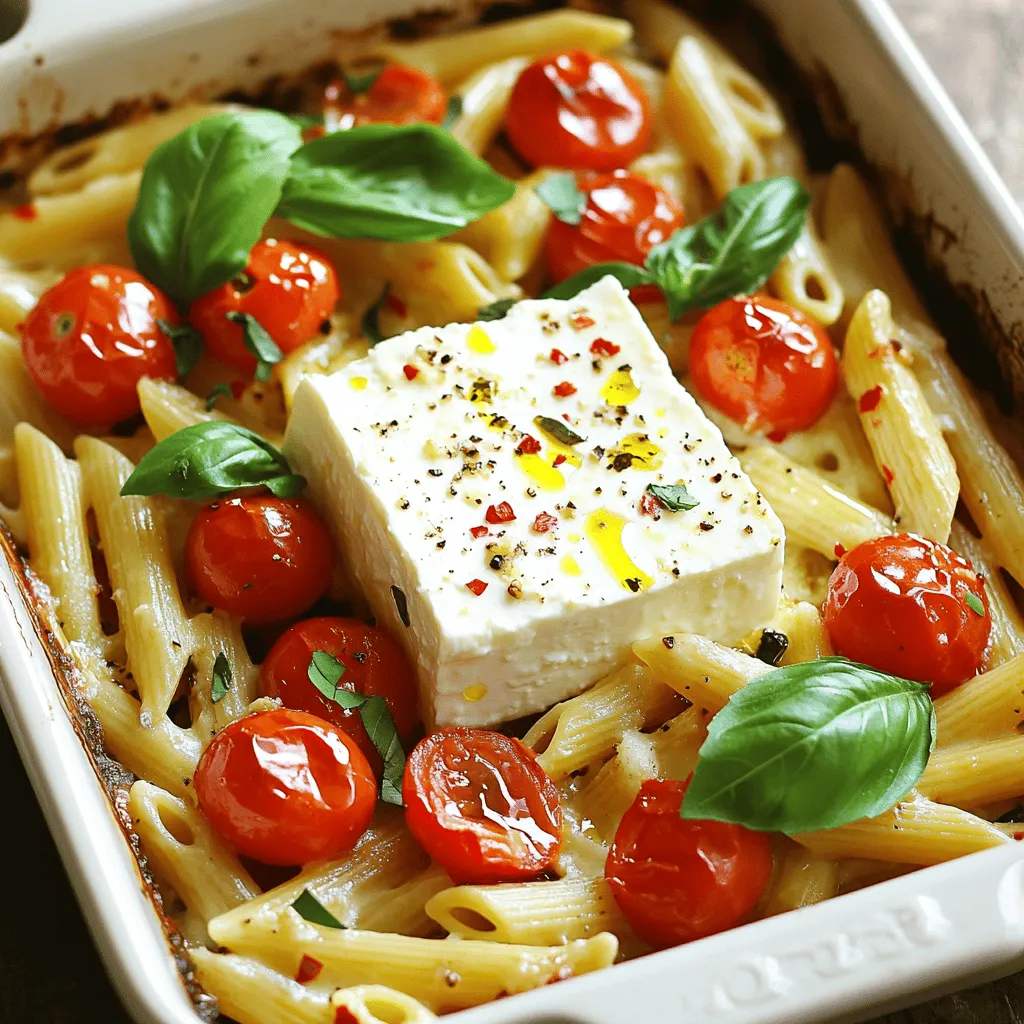 - Feta cheese details: You need 1 block (200g) of feta cheese. Feta adds a creamy texture and rich flavor. It melts well and combines with other ingredients to make a delicious sauce. - Cherry tomatoes and their role: Use 3 cups of cherry tomatoes. These tomatoes burst while baking, creating a sweet, juicy sauce. Their freshness balances the salty feta and enhances the overall taste. - Additional seasonings and toppings: You will need 3 cloves of minced garlic, ½ teaspoon of red pepper flakes, and 1 tablespoon of extra virgin olive oil. Add salt and freshly cracked black pepper to taste. Fresh basil leaves will garnish your dish, giving a fragrant touch. Grated Parmesan cheese is optional for serving, adding more flavor if desired. Start by setting your oven to 400°F (200°C). This heat helps the feta and tomatoes cook just right. While the oven warms up, take a medium baking dish. Place the block of feta cheese in the center. Next, spread the cherry tomatoes all around the feta. Add minced garlic on top for extra flavor. Bake your dish for about 30 minutes. Look for the feta to get soft and creamy. The tomatoes should burst open, making a tasty sauce. This step is key. The flavors mix and get better as they bake together. While the feta and tomatoes bake, boil a big pot of salted water. Add your pasta and cook it until it’s al dente. This means it will be firm but not hard. Remember to save about ½ cup of the pasta water before you drain it. This water helps later on. After baking, take the dish out of the oven. Use a fork or spoon to mash the feta and burst tomatoes. This creates a smooth sauce. Now, add the drained pasta right into the dish. Mix everything well so the pasta gets coated in the sauce. If it seems too thick, add some of that reserved pasta water. Stir until you get the right consistency. To make this dish your own, feel free to adjust the spices. You can add more red pepper flakes for a spicy kick. If you prefer a milder taste, use less. Fresh herbs like thyme or oregano can also enhance the flavor. Try adding a squeeze of lemon juice before serving for a bright finish. This pasta dish pairs well with various toppings. You can add roasted vegetables, olives, or sun-dried tomatoes. A sprinkle of toasted pine nuts gives a nice crunch. For side dishes, serve with garlic bread or a fresh salad to balance the meal. A crisp green salad adds freshness and contrasts with the creamy pasta. You only need a few essential tools to make this recipe. A baking dish is crucial for roasting the feta and tomatoes. Use a pot for boiling the pasta. A colander helps drain the pasta easily. A fork or spoon is handy for mixing everything. If you want to save time, a garlic press can make mincing garlic quicker. {{image_4}} You can change the cheese in this recipe. Try goat cheese for a tangy taste. Cream cheese adds a creamy twist. Use mozzarella for a milder flavor. If you want a different base, swap cherry tomatoes for grape tomatoes. You can also use canned tomatoes if fresh ones are not available. They’ll still create a tasty sauce. To make this dish vegan or dairy-free, replace feta with a plant-based cheese. You can also make your own cashew cheese at home. Just blend soaked cashews with lemon juice and nutritional yeast. For gluten-free options, use gluten-free pasta. There are many kinds, like rice or chickpea pasta. They cook well and taste great. Adding vegetables boosts nutrition. Try spinach, zucchini, or bell peppers. Toss them in with the tomatoes before baking. You can also add proteins like chicken or shrimp. Cook them separately and mix them in with the pasta. This makes the dish heartier and more filling. To store leftovers, let the pasta cool first. Place it in an airtight container. This keeps it fresh and safe to eat. You can store it in the fridge for up to three days. After that, the taste and texture may change. The shelf life of stored pasta mainly depends on its ingredients. Since this dish has feta and tomatoes, check for any signs of spoilage. If the pasta looks or smells off, it is best to toss it. For the best taste, reheat your pasta on the stove. Add a splash of water or olive oil to help revive the dish. Heat it gently over low heat, stirring often. This keeps the sauce creamy and avoids burning. If you prefer the microwave, use a microwave-safe bowl. Cover it with a damp paper towel to keep moisture in. Heat in short bursts, stirring after each. This method helps maintain the pasta's texture. You can prepare the feta and tomatoes in advance. Just layer them in a baking dish. Drizzle the olive oil and season them, then cover with plastic wrap. Store it in the fridge for up to one day. Cook the pasta just before baking. For best storage, keep the dish covered. This prevents any strong smells from the fridge. When ready to bake, let it sit at room temperature for a few minutes before cooking. Baked Feta Pasta took off on social media. It became a viral hit on platforms like TikTok and Instagram. People love how easy it is to make. The creamy feta and sweet tomatoes create a perfect blend. The flavor profile is rich and comforting. It offers a balance of savory and slightly sweet notes. This dish appeals to a wide range of taste buds. It is also visually appealing, making it great for sharing. Yes, you can switch up the pasta. Options like spaghetti, farfalle, or even gluten-free pasta work well. Just follow the cooking time on the package for al dente results. Different shapes add fun to the dish. For example, fusilli holds sauce well, while penne is easy to scoop. Feel free to experiment with whatever pasta you have on hand. Baked Feta Pasta is great for meal prep. You can make a big batch and store it for later. It’s easy to portion out into containers for lunches or dinners. However, consider that the dish may lose some texture when reheated. Ideal serving sizes are about one to one and a half cups per meal. This keeps it satisfying without being too heavy. This blog post explored the delicious Baked Feta Pasta. We covered key ingredients, like feta cheese and cherry tomatoes, and shared simple steps for baking and cooking pasta. I offered tips to enhance flavors and served ideas to improve your meal. Whether you try variations or store leftovers, this dish is both flexible and fun. I hope you enjoy making it as much as I do. Happy cooking!