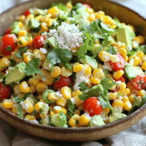 To start, you need corn. Use 4 cups of corn kernels. You can use fresh corn, grilled until tender and slightly charred. If you don’t have fresh corn, frozen corn works too. Just thaw and drain it. The sweet corn gives this salad a great base. Next, you add color! Use one vibrant red bell pepper, finely diced. This adds crunch and liveliness. Chop 1/4 cup of green onions, using both white and green parts. For more color, include 1 cup of cherry tomatoes, halved. Finally, add one creamy avocado, diced into chunks. These veggies make the salad look beautiful and taste fresh. Now, let’s make the dressing. You need 1/4 cup of mayonnaise for a rich texture. Add 2 tablespoons of freshly squeezed lime juice for a zesty kick. Mix in 1 teaspoon of chili powder for spice and 1/2 teaspoon of cumin for warmth. Season with salt and pepper to taste. This dressing ties all the flavors together. Finally, we need cheese! Use 1/2 cup of crumbled cotija cheese. You can swap it for feta cheese if you like. This cheese adds creaminess and saltiness. Top with finely chopped fresh cilantro for a fragrant finish. It brightens the salad and makes it look inviting. Start by preparing your corn. If you use fresh corn, grill the ears until they are tender and have a nice char. Let them cool down, then slice the kernels off the cob. If you prefer frozen corn, simply thaw it under cold water and drain it well. Both options work great for this salad! Now, grab a large mixing bowl. Add the corn kernels to the bowl. Next, finely dice one vibrant red bell pepper. Chop 1/4 cup of green onions, using both the white and green parts. Halve 1 cup of cherry tomatoes for those colorful bites. Finally, dice one creamy avocado into chunks. Toss all these veggies together in the bowl. The colors will look amazing! For the dressing, take a small mixing bowl. Whisk together 1/4 cup of mayonnaise, 2 tablespoons of freshly squeezed lime juice, 1 teaspoon of chili powder, and 1/2 teaspoon of cumin. Add a pinch of salt and pepper. Mix until it is smooth and well combined. This dressing adds a rich flavor to your salad. Pour the creamy dressing over the corn and vegetables. Use a spatula to gently toss everything together. Make sure all the ingredients get coated nicely. Be careful not to mash the avocado while mixing. You want to keep those lovely chunks intact! Next, gently fold in 1/2 cup of crumbled cotija cheese. This cheese adds a wonderful texture and flavor. Finish by sprinkling freshly chopped cilantro on top. This garnish not only looks pretty but also boosts the salad's taste. Cover the salad with plastic wrap or a lid. Chill it in the fridge for at least 30 minutes. This time allows the flavors to blend beautifully. When ready to serve, take it out and enjoy every delicious bite! Choose sweet corn for the best flavor. Fresh corn tastes best when in season. Look for firm ears with bright green husks. The kernels should feel plump and juicy. If fresh corn is not available, frozen corn is a great alternative. Just make sure to thaw and drain it well. The dressing makes your salad shine. Use quality mayonnaise for a creamy base. Fresh lime juice adds a zesty kick. Adjust the chili powder to match your taste. If you like it spicier, add more chili powder. Don’t forget salt and pepper for balance. Whisk until smooth to ensure the best flavor. Serve this salad in a large, colorful bowl. Garnish it with extra cilantro for freshness. Lime wedges on the side add a fun touch. You can serve it as a side dish at barbecues or picnics. It pairs well with grilled meats or tacos. Enjoy it cold for the best taste! {{image_4}} To spice things up, add jalapeños. Chop them fine for a kick. You can also use hot sauce in the dressing. This adds heat and flavor. If you like smoky flavors, try smoked paprika instead of chili powder. It gives a nice twist. You can also sprinkle some crushed red pepper on top. This makes each bite exciting and bold. If you want a vegetarian version, skip the cotija cheese. You can replace it with a plant-based cheese. Nutritional yeast is another great option. It gives a cheesy flavor without dairy. For added protein, mix in black beans or chickpeas. They make the salad filling and nutritious. You can also add more veggies, like diced zucchini or corn salsa. This makes the dish colorful and fun. For a lighter salad, swap mayonnaise for Greek yogurt. This keeps the creaminess but cuts calories. You can also use lime zest to boost flavor without extra calories. If you want more fiber, use quinoa instead of corn. This adds a nutty taste and chewy texture. Finally, use fresh herbs, like parsley or basil, for a fresh touch. These swaps make your salad healthier while still tasty. You can store Mexican corn salad in the fridge. Place it in an airtight container. It stays fresh for about 3 days. The flavors will mix even more, making it taste better. Just remember to keep it covered. Freezing this salad is not ideal. The fresh veggies may get mushy when thawed. If you want to freeze it, only freeze the corn. Use it within a month for the best taste. When ready to eat, thaw the corn in the fridge overnight. To reheat the salad, use the microwave on low. Heat it gently for about 30 seconds. Stir and check if it’s warm enough. This method keeps the texture nice. Avoid reheating more than once to keep flavors fresh. Enjoy your salad even after storing it! I recommend using fresh corn for the best taste. Grilling fresh corn adds a smoky flavor. If fresh corn isn’t available, frozen corn works well too. Just thaw it and drain it before mixing. Yes, you can prepare this salad ahead of time. It tastes even better after chilling. Make it a few hours before serving. Just cover it and keep it in the fridge. If you can't find cotija cheese, feta cheese is a great substitute. It offers a similar salty flavor. You can also use queso fresco for a milder taste. Adding black beans is a fantastic way to boost protein. You can also include grilled chicken or shrimp for a heartier dish. These options will make the salad more filling and nutritious. This blog post covered all you need for a tasty corn salad. We explored fresh and grilled corn, colorful veggies, and a creamy dressing. I shared step-by-step instructions to prepare and serve. You learned tips for selecting the best corn and fun variations to try. Lastly, we discussed storage and answered common questions. Enjoy making this easy dish. It’s flavorful and fun for any meal. Keep experimenting with ingredients to make it your own!