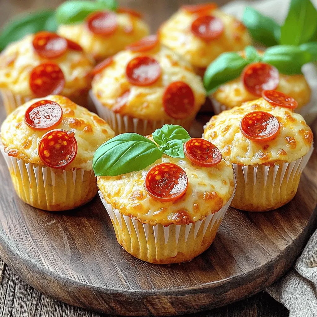 - 1 ½ cups all-purpose flour - 1 tablespoon baking powder - ½ teaspoon salt - 1 teaspoon dried oregano - 1 teaspoon garlic powder - 1 cup shredded mozzarella cheese - ½ cup mini pepperoni slices - 1 large egg - ¾ cup milk - ¼ cup olive oil - ½ cup marinara sauce (plus extra for dipping) Each ingredient plays an important role in making your muffins tasty. - All-purpose flour gives structure. It helps the muffins rise and hold together. - Baking powder is a leavening agent. It helps the muffins become light and fluffy. - Salt boosts flavor. It enhances the taste of all the other ingredients. - Dried oregano and garlic powder add great flavor. They give your muffins a pizza taste. - Shredded mozzarella cheese gives a melty, gooey texture. It makes every bite delicious. - Mini pepperoni slices add the classic pizza flavor. They bring a satisfying crunch. - Egg acts as a binder. It helps hold everything together. - Milk adds moisture. It keeps the muffins soft and tender. - Olive oil adds richness. It keeps the muffins moist. - Marinara sauce is for dipping. It adds a fun twist and extra flavor. You can swap some ingredients if needed. - Flour: Use whole wheat flour for a healthier option. - Dairy: Substitute almond milk for a dairy-free choice. - Cheese: Try cheddar or a dairy-free cheese if you have an allergy. - Pepperoni: Use veggie pepperoni for a vegetarian option. - Egg: Replace the egg with a flax egg if you need a vegan version. - Always check for allergens in packaged ingredients. Start by preheating your oven to 400°F (200°C). This helps the muffins rise well. Next, grab your muffin tin. You can use paper liners or grease the cups with oil. This step keeps the muffins from sticking to the tin. Make sure to coat the cups well for easy removal. In a large bowl, add 1 ½ cups of all-purpose flour. Then, mix in 1 tablespoon of baking powder, ½ teaspoon of salt, 1 teaspoon of dried oregano, and 1 teaspoon of garlic powder. Whisk these dry ingredients together. This ensures even flavor and no lumps. Once mixed, fold in 1 cup of shredded mozzarella cheese and ½ cup of mini pepperoni slices. This adds taste and texture to your muffins. In a separate bowl, whisk 1 large egg, ¾ cup of milk, and ¼ cup of olive oil. Mix until smooth. Pour this wet mixture into the dry ingredients. Stir gently until just combined. Be careful not to overmix, as this can make the muffins tough. Use a spoon or scoop to fill each muffin cup about ¾ full. To add more flavor, place a small dollop of marinara sauce on top of the batter. Bake the muffins for 15-18 minutes. They are done when golden brown and a toothpick comes out clean. Let them cool for 5 minutes in the tin before moving them to a wire rack. Enjoy your tasty Pepperoni Pizza Muffins! For the full recipe, check out the guide above. To get fluffy muffins, don't overmix the batter. Mix until just combined. This keeps the air bubbles in the batter. Also, make sure your baking powder is fresh. Old baking powder can make your muffins dense. Lastly, fill each muffin cup only ¾ full. This allows the muffins to rise well. For extra flavor, add more herbs like basil or thyme. You can also toss in some crushed red pepper for heat. If you like garlic, use fresh minced garlic instead of garlic powder. Try adding a bit of grated Parmesan cheese for a savory twist. Don't forget to top each muffin with marinara sauce before baking. This adds a tasty surprise! Serve your Pepperoni Pizza Muffins warm. They taste best fresh from the oven. Pair them with extra marinara sauce for dipping. This makes a fun snack or meal. You can also serve them with a side salad for a complete meal. For a twist, add a sprinkle of fresh basil on top for a pop of color and flavor. {{image_4}} You can easily make a vegetarian version of these muffins. Instead of mini pepperoni, use sliced mushrooms, bell peppers, or olives. You can also add fresh spinach for a healthy boost. These ingredients work well with the cheese and spices in the recipe. They give a nice flavor and a bit of texture. Make sure to chop the veggies small. This helps them mix well into the batter. If you need a gluten-free recipe, substitute all-purpose flour with gluten-free flour. Many brands offer blends that work well in muffins. Check the label to ensure they contain xanthan gum or use a separate gluten-free binder. The rest of the ingredients can stay the same. Just keep an eye on the baking time. Gluten-free muffins may need a bit longer to cook, so always check with a toothpick. For a spicy kick, try adding jalapeños or crushed red pepper flakes. Mix them into the batter for a bold flavor. You can also swap regular pepperoni for spicy pepperoni. This adds heat without changing the texture. If you like cheese, consider adding pepper jack cheese instead of mozzarella. It melts well and gives an extra punch. Adjust the amount based on your spice level. Enjoy experimenting with these fun variations! To keep your pepperoni pizza muffins fresh, store them in an airtight container. This will help lock in moisture and flavor. You can keep them at room temperature for up to three days. If you want to store them longer, the fridge is the way to go. Just remember to let them cool completely before placing them in the container. When it's time to enjoy your muffins again, reheating is key. You can use a microwave for quick heating. Place a muffin on a microwave-safe plate and heat for about 15-20 seconds. If you prefer a crispy outside, use an oven. Preheat it to 350°F (175°C) and heat the muffins for about 5-7 minutes. This way, they will be warm and tasty! Freezing is a great option if you want to save muffins for later. Wrap each muffin tightly in plastic wrap. Then place them in a freezer bag to avoid freezer burn. They can stay fresh for up to three months. When you're ready to eat, take a muffin out and let it thaw at room temperature. You can also reheat it straight from the freezer. Just add a little extra time in the oven or microwave. Enjoy your tasty treats anytime! Yes, you can make these muffins ahead of time. Bake them and let them cool completely. Store them in an airtight container. They taste great for up to three days. Reheat them in the microwave for a quick snack. You can also freeze them for up to three months. Just thaw them overnight in the fridge before reheating. These muffins last about three days at room temperature. If you keep them in the fridge, they can last about a week. To keep them fresh, store them in an airtight container. Check for any signs of mold or staleness before eating. If you freeze the muffins, they can last up to three months without losing flavor. Absolutely! You can use different types of cheese in these muffins. Cheddar, pepper jack, or even feta can add unique flavors. Just remember that some cheeses melt better than others. Experiment with your favorite cheeses to find the best taste. Mixing different cheeses can also create a fun flavor twist. Pepperoni pizza muffins are easy and fun to make. We covered the key ingredients, their roles, and tasty substitutions. You learned step-by-step how to mix and bake the muffins for great texture. I shared tips for flavor and serving ideas. Plus, explore fun variations like vegetarian or gluten-free options. Using the right storage methods helps keep your muffins fresh. Remember, these muffins are a treat that you can prep ahead. Enjoy every bite of your delicious creations!