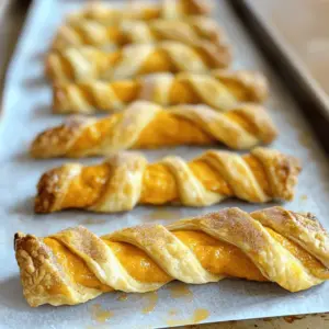 - 1 sheet of puff pastry, thawed - 1/2 cup canned pumpkin puree - 1/4 cup granulated sugar - 1 teaspoon ground cinnamon - 1/4 teaspoon ground nutmeg - 1/4 teaspoon ground ginger - 1/2 teaspoon vanilla extract - 1 egg, beaten (for egg wash) - 2 tablespoons melted butter - Additional cinnamon sugar for sprinkling - Powdered sugar for garnish Gathering the right ingredients is key for making these twists. Puff pastry is the star here. It gives a nice flaky texture. You'll need a sheet that's thawed for easy handling. Canned pumpkin puree is perfect for the filling. It saves time and gives rich flavor. I always use the pure stuff, not the spiced mix. Granulated sugar adds sweetness. The spices are also essential. Ground cinnamon, nutmeg, and ginger work together to create that warm, fall vibe. A splash of vanilla extract enhances the flavor. The egg wash helps the twists brown nicely. Melted butter is a must for that extra richness. For optional ingredients, I suggest adding extra cinnamon sugar on top. It makes each bite sweeter. A dusting of powdered sugar adds a nice touch for presentation. This way, you create a lovely treat that looks as good as it tastes. - Preheat the oven to 400°F (200°C). - Line a baking sheet with parchment paper. - Roll out the thawed puff pastry on a floured surface. - Cut the pastry into equal rectangles. - Combine pumpkin puree with sugar and spices. - Mix ingredients until smooth. - Add filling to the pastry rectangles. - Seal and twist the pastries. - Apply egg wash and melted butter. - Sprinkle cinnamon sugar on top. - Bake for 15-20 minutes until golden brown. - Cool on a wire rack. To prevent sticking, always use a floured surface when rolling out your puff pastry. This will keep it from clinging to your countertop. If it sticks, gently lift it with a spatula. For flaky layers, roll the pastry evenly and avoid pressing too hard. The layers need space to puff up in the oven. You can add chocolate chips or chopped nuts to the pumpkin filling for extra texture. This adds a nice crunch and depth of flavor. Using homemade cinnamon sugar makes a big difference too. Just mix granulated sugar with ground cinnamon in equal parts. This will taste fresher than store-bought. Serve your twists warm with a dollop of whipped cream or a scoop of ice cream. This adds creaminess and balances the spices. For a chic presentation, place the twists on a rustic wooden platter. Lightly dust with powdered sugar and add a few cinnamon sticks on the side. This makes your dish look inviting and festive. {{image_4}} You can change the filling to sweet potato or butternut squash. Both add a nice twist. They have a similar flavor and texture to pumpkin. You can also add fall spices like cloves or allspice. These spices enhance the warm, cozy flavor of your twists. They make each bite feel like autumn. You can easily make this recipe vegan. Just swap the egg wash with a plant-based milk. You can use almond or oat milk for this. For gluten-free options, look for gluten-free puff pastry. Many brands offer a great taste that works well with this recipe. Instead of twists, you can create small bites or pinwheels. These shapes are fun and easy to eat. To make them, simply roll the pastry with the filling. You can also use different folding techniques for unique designs. Try braiding the pastry for a fancy look or crimping the edges for a classic style. Each shape brings a new way to enjoy these tasty treats. To keep your pumpkin pie twists fresh, store them in an airtight container. This helps lock in moisture and flavor. You can also wrap them in plastic wrap before placing in the container. It prevents them from drying out. I recommend using a shallow container for easy access. You can freeze these twists before or after baking. If freezing before baking, assemble the twists and place them on a baking sheet. Freeze until solid, then transfer to a freezer bag. If freezing after baking, let them cool completely first. Then, store them in a freezer-safe container. For the best flavor, use within two months. To thaw, move the twists from the freezer to the fridge overnight. For a quick option, leave them at room temperature for a couple of hours. Reheat these twists in the oven to keep them crispy. Preheat your oven to 350°F (175°C). Place the twists on a baking sheet for about 10-15 minutes. This method helps revive their flaky texture. You can also use a microwave, but this may make them soft. If you choose the microwave, heat for 15-20 seconds. Check frequently to avoid overcooking. Enjoy the warm, tasty goodness! Yes, you can use homemade puff pastry. It will give your twists a personal touch. Just make sure to roll it out thinly to get that flaky texture. Homemade pastry can taste fresh and light, enhancing the overall flavor of your twists. If you don’t have pumpkin puree, you can use sweet potato puree. It offers a similar taste and texture. You could also try butternut squash puree for a different flavor twist. Both options work well in this recipe. The twists last for about two days at room temperature. Make sure to store them in an airtight container. This keeps them fresh and prevents them from getting soggy or stale. Yes, you can prepare the filling a day ahead. Store it in the fridge in a sealed container. When you’re ready to bake, just mix it again to ensure it’s smooth and well combined. Yes, these twists freeze well. You can freeze them before or after baking. To freeze, wrap them tightly in plastic wrap. When you’re ready to enjoy them, thaw overnight in the fridge, then reheat in the oven. In this blog post, we covered how to make delicious pumpkin twists. We discussed essential and optional ingredients, key steps for preparation, and helpful tips. You now know how to assemble and bake these treats, while exploring variations to fit your taste. For storage, we shared how to keep your twists fresh and reheat them perfectly. Try these simple steps and creative ideas to enjoy a tasty treat all season long. Enjoy your baking and impress your family and friends with your skills!