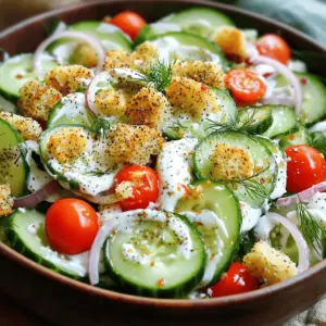 - 2 large cucumbers, thinly sliced - 1 cup cherry tomatoes, halved - 1/2 red onion, finely sliced - 1/4 cup cream cheese, softened to room temperature - 2 tablespoons Greek yogurt - 2 tablespoons freshly squeezed lemon juice - 1 tablespoon everything bagel seasoning - 1/4 cup fresh dill, finely chopped (or 1 tablespoon dried dill) - Salt and freshly ground black pepper to taste - 1/2 cup croutons (store-bought or homemade) When I make this salad, I love how fresh and bright the flavors are. The cucumbers give it a cool crunch, while the cherry tomatoes add sweetness. The red onion brings a bit of bite, making it all come together. The cream cheese and Greek yogurt mix creates a creamy dressing that binds the salad perfectly. Everything bagel seasoning adds a nice kick. It has garlic, onion, and sesame seeds, which make the salad so tasty. Fresh dill brings an herbal note that brightens the dish. For a bit of crunch, I always add croutons. You can use store-bought croutons or make them at home for a personal touch. This mix of ingredients makes the Cucumber Everything Bagel Salad both fun and satisfying. You can find the full recipe for this salad to guide you through each step. Begin by preparing the cucumbers. Take two large cucumbers and thinly slice them. Place the slices in a large mixing bowl. Next, mix in one cup of halved cherry tomatoes. Then, finely slice half a red onion and add it to the bowl. This mix of fresh veggies adds great flavor and color. Now, let’s make the dressing. In a separate bowl, combine a quarter cup of softened cream cheese with two tablespoons of Greek yogurt. Mix them together until smooth. Add two tablespoons of freshly squeezed lemon juice. Then, stir in one tablespoon of everything bagel seasoning. This blend gives the dressing its unique taste. Drizzle the creamy dressing over the prepared vegetables. Toss gently to ensure all veggies are coated. Be careful not to mash the ingredients. Next, fold in a quarter cup of finely chopped fresh dill. Finally, season with salt and black pepper to taste. You can adjust the seasoning based on your preference. For extra crunch, sprinkle half a cup of croutons on top just before serving. For the full recipe, check out the detailed instructions. - Not allowing cream cheese to soften: Always let your cream cheese sit out for a bit. This makes it easier to mix well with the yogurt and other ingredients. If it’s cold, your dressing will be lumpy. No one wants that! - Over-seasoning: It’s easy to get carried away with spices. Start with a little seasoning. You can always add more later if needed. Remember, the everything bagel seasoning is already packed with flavor. - Serving suggestions for a beautiful display: Use a large, colorful bowl for serving. This adds a fun pop to your meal. You can also plate individual servings for a nice touch. This makes it feel special. - Garnishing ideas to enhance appeal: Fresh dill is perfect for a bright touch. Sprinkle some on top just before serving. You can also add a light sprinkle of everything bagel seasoning. This boosts both taste and visual appeal. - Best practices for keeping the salad fresh: Store any leftover salad in an airtight container. This keeps it crisp and fresh for longer. Place it in the fridge for best results. - Duration for optimal freshness: Try to eat it within two days. After that, the cucumbers may get soggy. If you need to keep it longer, store the dressing separately. This helps maintain the salad's crunch and flavor. {{image_4}} You can switch up the veggies in this salad. Try adding bell peppers or radishes. These will add crunch and color. You can also swap cucumbers for zucchini if you want a different taste. For a vegan-friendly salad, replace cream cheese with cashew cream or tofu. This keeps the creamy texture without dairy. Consider adding proteins for a heartier meal. Grilled chicken or chickpeas are great choices. They boost the salad's nutrition too. You can also add fruits like avocados. These provide a creamy taste that pairs well with the salad. Bell peppers add a sweet crunch and vibrant color. If you want a lighter option, try using a vinaigrette. A simple mix of olive oil and vinegar works well. For dairy-free dressings, look for nut-based options. Many brands offer tasty dairy-free dressings now. You can always make your own too! Just blend nuts, herbs, and a bit of lemon juice for a fresh twist. To keep your Cucumber Everything Bagel Salad fresh, refrigerate it right away. Use an airtight container to seal in the flavors. Glass containers work best since they do not retain odors. If you use plastic, make sure it is food-safe. Layering parchment paper between the salad and the lid can help prevent sogginess. For optimal freshness, eat the salad within three days. After that, the cucumbers can become watery. Check for signs of spoilage, like a sour smell or slimy texture. If you see these signs, it’s time to toss it. Always trust your senses—better safe than sorry! You cannot freeze cucumber salad. Freezing will change the texture of the cucumbers. They will turn mushy once thawed. If you want to save leftovers, consider removing the cucumbers and freezing only the dressing. You can then mix it with fresh cucumbers later. For the full recipe, check back to make more delicious salad! Everything bagel seasoning is a mix of spices and seeds. It usually has poppy seeds, sesame seeds, garlic, and onion. This blend gives your dishes a nice crunch and a burst of flavor. You can use it on many foods, not just bagels. It adds a tasty twist to salads, dips, and even roasted veggies. Yes, you can prepare the salad in advance! Just make sure to keep some parts separate. You can slice the cucumbers, tomatoes, and onions a few hours ahead. However, wait to add the dressing and croutons until right before serving. This keeps your salad fresh and crunchy. Yes, this salad can be gluten-free! The key is to use gluten-free croutons. Most of the other ingredients, like cucumbers and tomatoes, are naturally gluten-free. Always check labels if you buy pre-made items. This way, you can enjoy the salad without gluten worries. This salad stands out because of its unique flavor. Traditional salads often use plain dressings and mixed greens. In contrast, the Cucumber Everything Bagel Salad uses cream cheese and everything bagel seasoning. This gives it a creamy, flavorful twist that is both fun and fresh. You can serve this salad with many dishes! It pairs well with grilled chicken, fish, or even turkey sandwiches. You can also enjoy it as a light lunch on its own. For a complete meal, add some whole grains like quinoa or brown rice on the side. Check out the Full Recipe for more ideas! You now know how to make a tasty Cucumber Everything Bagel Salad. We explored the ingredients, health benefits, and easy steps to prepare it. Plus, I shared tips on avoiding common mistakes and storing leftovers. Don't hesitate to get creative with variations that fit your taste. This salad is not just simple; it's fresh and versatile. Enjoy it on its own or as a side dish. It brings flavor to any meal while being healthy. Start making this delicious salad today and impress everyone at your table!