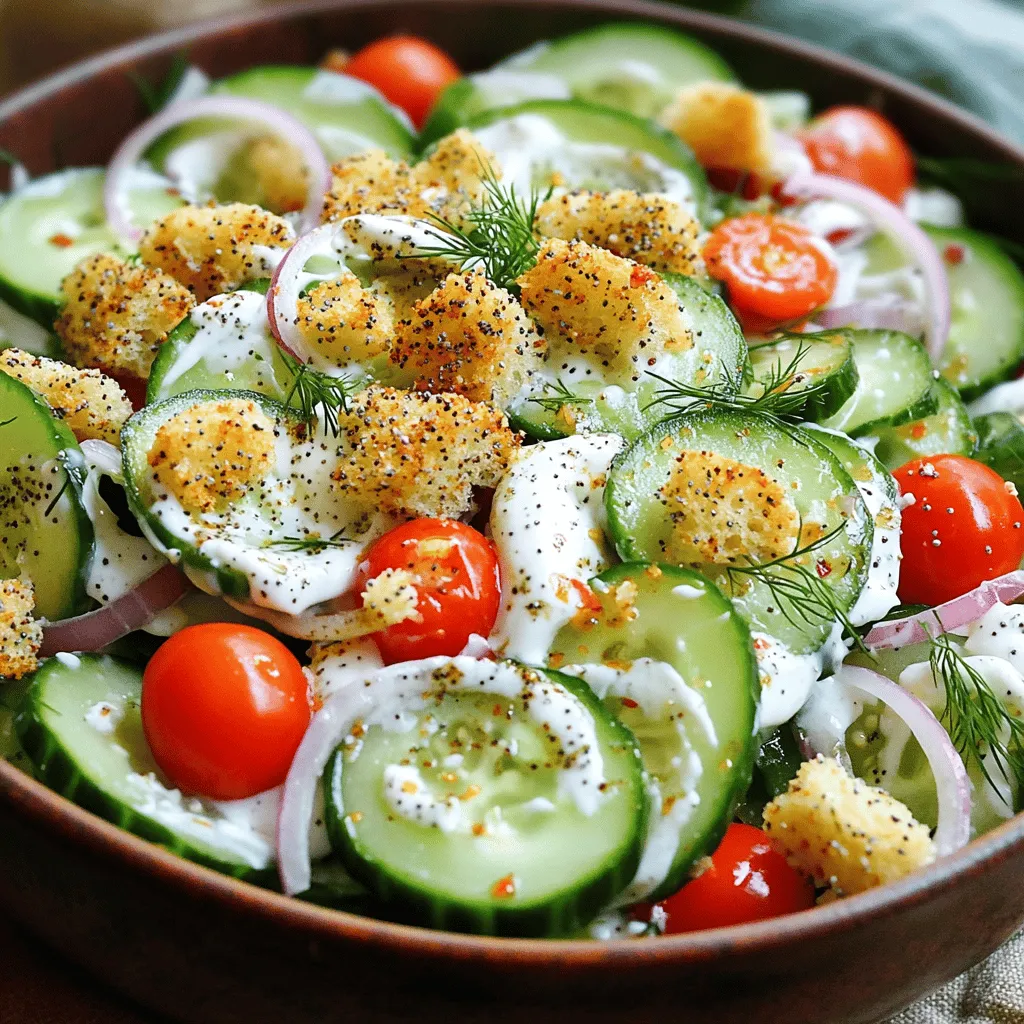 - 2 large cucumbers, thinly sliced - 1 cup cherry tomatoes, halved - 1/2 red onion, finely sliced - 1/4 cup cream cheese, softened to room temperature - 2 tablespoons Greek yogurt - 2 tablespoons freshly squeezed lemon juice - 1 tablespoon everything bagel seasoning - 1/4 cup fresh dill, finely chopped (or 1 tablespoon dried dill) - Salt and freshly ground black pepper to taste - 1/2 cup croutons (store-bought or homemade) When I make this salad, I love how fresh and bright the flavors are. The cucumbers give it a cool crunch, while the cherry tomatoes add sweetness. The red onion brings a bit of bite, making it all come together. The cream cheese and Greek yogurt mix creates a creamy dressing that binds the salad perfectly. Everything bagel seasoning adds a nice kick. It has garlic, onion, and sesame seeds, which make the salad so tasty. Fresh dill brings an herbal note that brightens the dish. For a bit of crunch, I always add croutons. You can use store-bought croutons or make them at home for a personal touch. This mix of ingredients makes the Cucumber Everything Bagel Salad both fun and satisfying. You can find the full recipe for this salad to guide you through each step. Begin by preparing the cucumbers. Take two large cucumbers and thinly slice them. Place the slices in a large mixing bowl. Next, mix in one cup of halved cherry tomatoes. Then, finely slice half a red onion and add it to the bowl. This mix of fresh veggies adds great flavor and color. Now, let’s make the dressing. In a separate bowl, combine a quarter cup of softened cream cheese with two tablespoons of Greek yogurt. Mix them together until smooth. Add two tablespoons of freshly squeezed lemon juice. Then, stir in one tablespoon of everything bagel seasoning. This blend gives the dressing its unique taste. Drizzle the creamy dressing over the prepared vegetables. Toss gently to ensure all veggies are coated. Be careful not to mash the ingredients. Next, fold in a quarter cup of finely chopped fresh dill. Finally, season with salt and black pepper to taste. You can adjust the seasoning based on your preference. For extra crunch, sprinkle half a cup of croutons on top just before serving. For the full recipe, check out the detailed instructions. - Not allowing cream cheese to soften: Always let your cream cheese sit out for a bit. This makes it easier to mix well with the yogurt and other ingredients. If it’s cold, your dressing will be lumpy. No one wants that! - Over-seasoning: It’s easy to get carried away with spices. Start with a little seasoning. You can always add more later if needed. Remember, the everything bagel seasoning is already packed with flavor. - Serving suggestions for a beautiful display: Use a large, colorful bowl for serving. This adds a fun pop to your meal. You can also plate individual servings for a nice touch. This makes it feel special. - Garnishing ideas to enhance appeal: Fresh dill is perfect for a bright touch. Sprinkle some on top just before serving. You can also add a light sprinkle of everything bagel seasoning. This boosts both taste and visual appeal. - Best practices for keeping the salad fresh: Store any leftover salad in an airtight container. This keeps it crisp and fresh for longer. Place it in the fridge for best results. - Duration for optimal freshness: Try to eat it within two days. After that, the cucumbers may get soggy. If you need to keep it longer, store the dressing separately. This helps maintain the salad's crunch and flavor. {{image_4}} You can switch up the veggies in this salad. Try adding bell peppers or radishes. These will add crunch and color. You can also swap cucumbers for zucchini if you want a different taste. For a vegan-friendly salad, replace cream cheese with cashew cream or tofu. This keeps the creamy texture without dairy. Consider adding proteins for a heartier meal. Grilled chicken or chickpeas are great choices. They boost the salad's nutrition too. You can also add fruits like avocados. These provide a creamy taste that pairs well with the salad. Bell peppers add a sweet crunch and vibrant color. If you want a lighter option, try using a vinaigrette. A simple mix of olive oil and vinegar works well. For dairy-free dressings, look for nut-based options. Many brands offer tasty dairy-free dressings now. You can always make your own too! Just blend nuts, herbs, and a bit of lemon juice for a fresh twist. To keep your Cucumber Everything Bagel Salad fresh, refrigerate it right away. Use an airtight container to seal in the flavors. Glass containers work best since they do not retain odors. If you use plastic, make sure it is food-safe. Layering parchment paper between the salad and the lid can help prevent sogginess. For optimal freshness, eat the salad within three days. After that, the cucumbers can become watery. Check for signs of spoilage, like a sour smell or slimy texture. If you see these signs, it’s time to toss it. Always trust your senses—better safe than sorry! You cannot freeze cucumber salad. Freezing will change the texture of the cucumbers. They will turn mushy once thawed. If you want to save leftovers, consider removing the cucumbers and freezing only the dressing. You can then mix it with fresh cucumbers later. For the full recipe, check back to make more delicious salad! Everything bagel seasoning is a mix of spices and seeds. It usually has poppy seeds, sesame seeds, garlic, and onion. This blend gives your dishes a nice crunch and a burst of flavor. You can use it on many foods, not just bagels. It adds a tasty twist to salads, dips, and even roasted veggies. Yes, you can prepare the salad in advance! Just make sure to keep some parts separate. You can slice the cucumbers, tomatoes, and onions a few hours ahead. However, wait to add the dressing and croutons until right before serving. This keeps your salad fresh and crunchy. Yes, this salad can be gluten-free! The key is to use gluten-free croutons. Most of the other ingredients, like cucumbers and tomatoes, are naturally gluten-free. Always check labels if you buy pre-made items. This way, you can enjoy the salad without gluten worries. This salad stands out because of its unique flavor. Traditional salads often use plain dressings and mixed greens. In contrast, the Cucumber Everything Bagel Salad uses cream cheese and everything bagel seasoning. This gives it a creamy, flavorful twist that is both fun and fresh. You can serve this salad with many dishes! It pairs well with grilled chicken, fish, or even turkey sandwiches. You can also enjoy it as a light lunch on its own. For a complete meal, add some whole grains like quinoa or brown rice on the side. Check out the Full Recipe for more ideas! You now know how to make a tasty Cucumber Everything Bagel Salad. We explored the ingredients, health benefits, and easy steps to prepare it. Plus, I shared tips on avoiding common mistakes and storing leftovers. Don't hesitate to get creative with variations that fit your taste. This salad is not just simple; it's fresh and versatile. Enjoy it on its own or as a side dish. It brings flavor to any meal while being healthy. Start making this delicious salad today and impress everyone at your table!