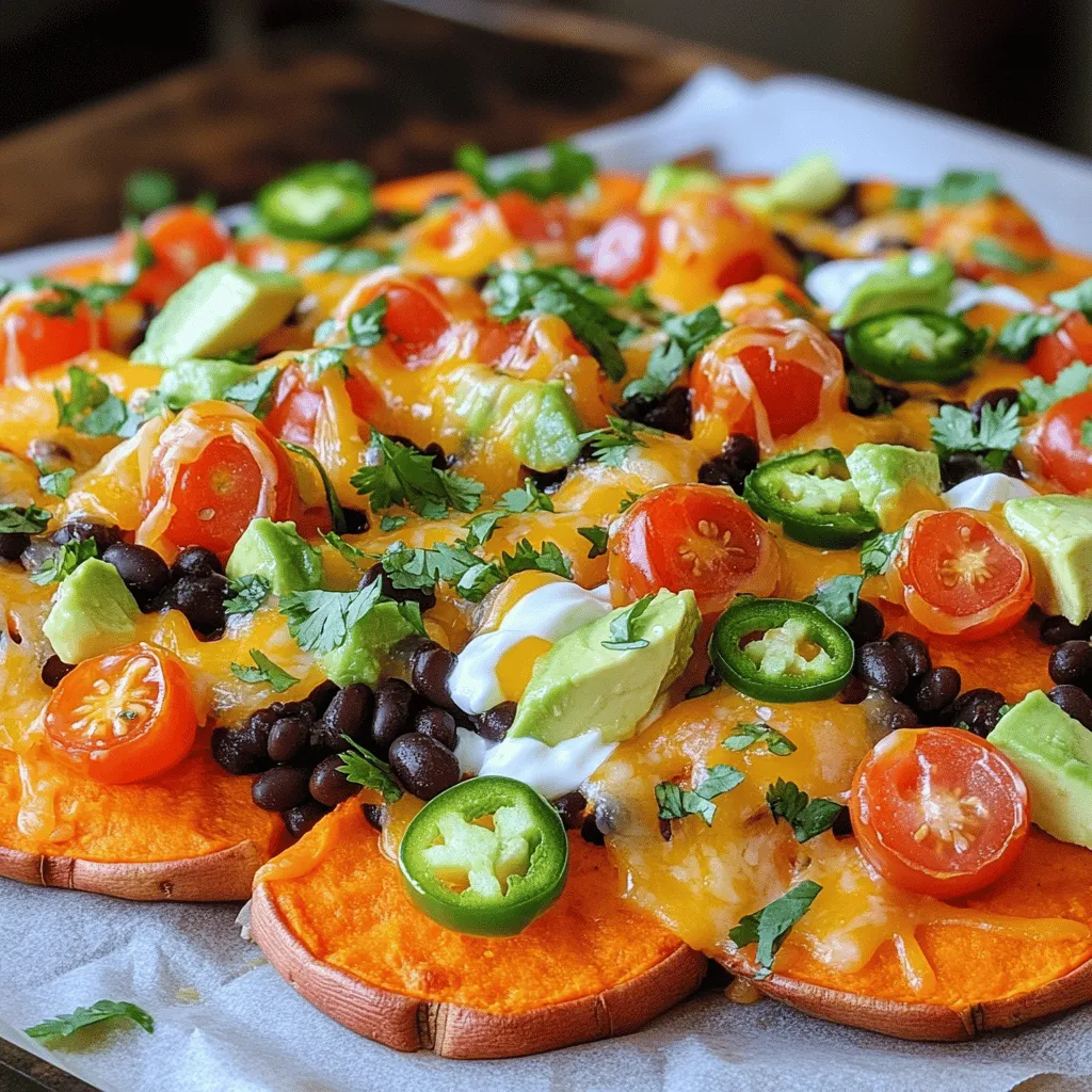 - 2 large sweet potatoes, sliced into 1/4-inch thick rounds - 1 cup canned black beans, rinsed and drained - 1 cup cherry tomatoes, halved The main ingredients make the base of your loaded sweet potato nachos. Sweet potatoes bring a sweet and hearty flavor. Black beans add protein and fiber, making this dish filling. Cherry tomatoes add a fresh, juicy burst to each bite. - 1 ripe avocado, diced - 1 cup shredded cheddar cheese (or vegan cheese for a plant-based option) - 1/2 cup Greek yogurt (or a dairy-free alternative like vegan sour cream) Toppings elevate your nachos. Avocado gives a creamy texture and rich taste. Cheese options let you customize for your preference. Greek yogurt or a dairy-free alternative adds a tangy creaminess that balances the flavors perfectly. - 2 tablespoons olive oil - 1 teaspoon chili powder - 1 teaspoon ground cumin Spices and oils bring depth to your dish. Olive oil helps the sweet potatoes crisp up in the oven. Chili powder adds a mild heat and flavor. Ground cumin offers a warm, earthy taste that enhances the overall dish. With these ingredients, you create a colorful and tasty plate that everyone will love. Get ready to enjoy a fun twist on nachos that packs a flavorful punch! First, we need to preheat the oven to 425°F (220°C). This hot temperature helps make the sweet potatoes crispy. Next, take your two large sweet potatoes. Slice them into 1/4-inch thick rounds. On a large baking sheet, spread the slices in a single layer. Drizzle two tablespoons of olive oil over them. Then, sprinkle one teaspoon of chili powder, one teaspoon of ground cumin, salt, and black pepper. Use your hands or a spatula to mix. Make sure every slice is coated with oil and spices. Now, place the baking sheet in the preheated oven. Bake the sweet potato slices for about 20 to 25 minutes. Halfway through, flip the slices. This flipping helps them get golden and crispy on both sides. Once baked, take the sweet potato rounds out of the oven. Transfer them onto a colorful plate or a serving platter. Start building your nachos by adding a cup of rinsed and drained black beans evenly over the sweet potatoes. Next, scatter one cup of halved cherry tomatoes, one diced avocado, and jalapeño slices if you like it spicy! Now, generously sprinkle one cup of shredded cheddar cheese on top of the loaded sweet potatoes. Make sure to cover all the ingredients below. Pop the nachos back into the oven for an additional 5 to 10 minutes. Watch closely and take them out when the cheese is melted and bubbly. After removing them from the oven, drizzle 1/2 cup of Greek yogurt on top. This adds a nice creaminess. Finally, sprinkle 1/4 cup of finely chopped cilantro over everything for a fresh burst of flavor. Enjoy your delicious loaded sweet potato nachos! When picking sweet potatoes, look for firm ones. Avoid any with soft spots or blemishes. The skin should be smooth and free of wrinkles. Bigger sweet potatoes give you more slices. However, medium-sized ones can have better taste. Ask your local store for fresh stock if needed. To get crunchy sweet potato chips, cut them evenly. Aim for 1/4-inch thick rounds. This helps them cook at the same rate. Toss them with olive oil and spices before baking. Bake at 425°F (220°C) for 20-25 minutes. Flip them halfway through to help them crisp up. Keep an eye on them during the last minutes. These nachos pair well with drinks like iced tea or lemonade. You can also serve them with a side of salsa for extra flavor. If you want a lighter option, try a green salad. This adds freshness to your meal and balances the richness of the nachos. Enjoy these nachos warm for the best taste! {{image_4}} You can easily make these nachos vegetarian or vegan. Just swap the cheese for vegan cheese. It melts well and tastes great. For a creamy touch, use dairy-free sour cream instead of Greek yogurt. You can find many brands that are tasty and easy to use. Want to kick up the heat? Add more jalapeños on top for extra spice. You can even mix in some diced serrano peppers or a dash of hot sauce. Just remember to taste as you go. This way, you keep the flavor balanced. Cheese lovers have options! Cheddar works great, but try pepper jack for a spicy twist. You can also use a blend of mozzarella and gouda for a different taste. Each cheese brings its own flavor, making your nachos unique and fun. To keep your loaded sweet potato nachos fresh, store them in the fridge. Use an airtight container to prevent moisture loss. Make sure to cool them down before sealing. They can last up to three days this way. Avoid stacking them too high, as that can make them soggy. When you’re ready to eat, reheating is easy. Preheat your oven to 350°F (175°C). Spread the nachos on a baking sheet. Heat for about 10-15 minutes. This helps keep the sweet potatoes crispy. If you prefer, you can also use the microwave. Just heat for 1-2 minutes, but the texture may change. Serve your loaded sweet potato nachos right after baking. This timing ensures maximum flavor and crunch. They make a great appetizer or snack for parties. Enjoy them warm for the best experience! Yes, you can use other potatoes! Regular white or yellow potatoes work well. They add a different taste and texture. However, sweet potatoes offer a natural sweetness that balances the savory toppings. If you choose regular potatoes, just slice them thinly for crispiness. Also, note that cooking time may vary. Check for doneness by piercing with a fork. To ensure this dish is gluten-free, focus on the ingredients. Sweet potatoes, black beans, and fresh veggies are all gluten-free. For the cheese, choose a brand that is labeled gluten-free. Always check labels on pre-packaged items, like yogurt, to avoid hidden gluten. Using fresh, whole foods is the best way to keep your nachos safe and tasty. If you need a substitute for Greek yogurt, try sour cream. It adds creaminess just like yogurt. For a dairy-free option, use vegan sour cream or cashew cream. Both choices give a similar taste and texture. You can also use mashed avocado for a rich, creamy touch. Each option will still enhance the nachos beautifully. In this article, we explored how to make delicious sweet potato nachos. We discussed main ingredients like sweet potatoes, black beans, and cherry tomatoes. We also covered helpful tips on the best toppings, spices, and oils to use. Cooking techniques ensure crispy chips and tasty layers. Remember, you can mix it up with different cheese and add heat as you like. Serve fresh for the best taste. Enjoy crafting your nachos and impressing everyone with your skills!