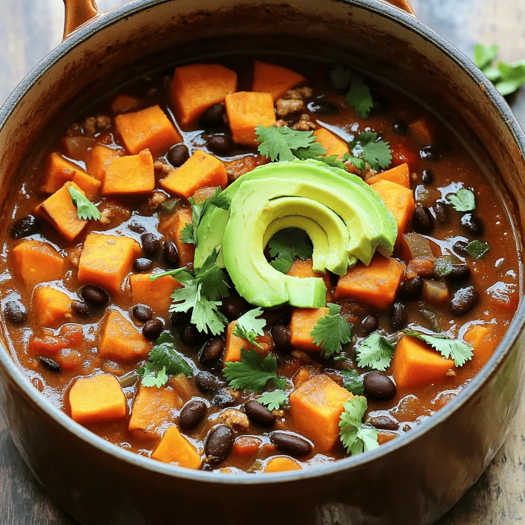 For this chili, you will need some key ingredients: - 1 lb ground turkey - 2 medium sweet potatoes, peeled and cut into 1/2-inch cubes - 1 can (14 oz) black beans, thoroughly rinsed and drained - 1 can (14 oz) diced tomatoes with green chilies - 1 medium onion, finely chopped - 3 cloves garlic, minced - 2 cups low-sodium chicken broth - 2 tablespoons extra virgin olive oil These ingredients form the base of your chili. The ground turkey adds protein, while sweet potatoes give it a nice sweetness and texture. Black beans add fiber, making this dish filling and healthy. Spices are essential for flavor. Here are the spices you will use: - 1 tablespoon chili powder - 1 teaspoon ground cumin - 1 teaspoon smoked paprika - Salt and freshly ground black pepper to taste Chili powder gives heat. Cumin adds earthiness, and smoked paprika lends a rich, smoky flavor. Adjust salt and pepper to your liking, ensuring a well-seasoned dish. To make your chili even better, consider these garnishes: - Fresh cilantro, coarsely chopped - Avocado, sliced Cilantro offers a fresh burst, while avocado adds creaminess. These garnishes elevate your dish, making it look and taste amazing. Start by gathering all your ingredients. You will need: - 1 lb ground turkey - 2 medium sweet potatoes, peeled and cut into 1/2-inch cubes - 1 can (14 oz) black beans, thoroughly rinsed and drained - 1 can (14 oz) diced tomatoes with green chilies - 1 medium onion, finely chopped - 3 cloves garlic, minced - 2 cups low-sodium chicken broth - 1 tablespoon chili powder - 1 teaspoon ground cumin - 1 teaspoon smoked paprika - Salt and freshly ground black pepper to taste - 2 tablespoons extra virgin olive oil - Fresh cilantro, coarsely chopped (for garnish) - Avocado, sliced (for garnish) Chopping the onion and sweet potatoes first helps speed up cooking. Rinse the beans in water to clean them. This removes extra sodium and gives you a healthier dish. In a large, heavy-bottomed pot, heat the olive oil over medium heat. Wait until the oil shimmers, then add the chopped onion. Sauté the onion for about 5 minutes until it turns soft and translucent. Next, add the minced garlic to the pot. Cook it for one more minute. You want to stir often to keep it from burning. Then, add the ground turkey. Use a wooden spoon to break it apart as it cooks. You need it to brown for about 6-8 minutes. Stir occasionally for even cooking. Now, add the diced sweet potatoes, black beans, and diced tomatoes (with juices) to the pot. Season everything with chili powder, cumin, smoked paprika, salt, and freshly ground black pepper. Stir well to mix all the flavors together. Increase the heat to bring the chili to a gentle boil. Once it boils, reduce the heat to low. Cover the pot and let it simmer for 25-30 minutes. You want the sweet potatoes to be fork-tender. After simmering, taste the chili. You may want to add more salt or pepper for flavor. If you like a thicker chili, remove the lid and let it simmer for another 10 minutes. Stir occasionally during this time. Serve the chili hot. Garnish each bowl with fresh cilantro and slices of avocado. The avocado adds creaminess and balances the spices. For an attractive presentation, use deep bowls. The bright colors of the chili and garnishes make it look appealing. Enjoy your healthy sweet potato turkey chili! To make your chili pop, focus on layering flavors. Start by sautéing the onion until it’s soft. This brings out its natural sweetness. Next, add garlic and let it cook until fragrant. This step adds depth. Use fresh spices like chili powder and smoked paprika for a rich taste. You can also add a splash of lime juice just before serving. This brightens the flavors. For added texture, top your chili with creamy avocado slices and fresh cilantro. Cooking chili is easy when you follow a few key steps. First, brown the turkey well. This forms a great base flavor. Stir often to break it apart and ensure even cooking. Then, add your sweet potatoes early. They need time to soften. Let the chili simmer on low heat. This allows the flavors to meld. If you want a thicker chili, remove the lid during the last ten minutes of cooking. Avoid rushing your cooking. If you skip sautéing the onion and garlic, your chili will lack flavor. Don’t forget to rinse the black beans well. This helps reduce sodium. Also, taste your chili before serving. Adjust the salt and pepper to your liking. Lastly, don’t skip the garnishes. They add color and freshness, making your dish more appealing. Stick to these tips, and you’ll make a delicious chili every time! {{image_4}} You can easily make this chili vegetarian or vegan. Replace the ground turkey with a mix of lentils or mushrooms. Lentils cook well and add protein. Mushrooms bring a nice umami flavor. You can also add more beans for extra texture. Use vegetable broth instead of chicken broth to keep it plant-based. This ensures a rich taste without meat. For low-carb options, skip the sweet potatoes. Instead, use zucchini or cauliflower. These veggies provide bulk without many carbs. You can also add more beans, but keep in mind their carb content. Try using ground turkey breast instead of regular turkey. This will reduce fat and calories while keeping the chili hearty. If you have dietary restrictions, consider these easy swaps. Use low-sodium beans and broth to manage sodium intake. If you're gluten-free, check labels on broth and spices. Canned tomatoes are usually safe, but always read the label. You can also swap spices to avoid allergens. For example, use fresh herbs instead of dried spices if needed. Adjusting ingredients allows everyone to enjoy this chili. To store your leftover chili, let it cool to room temperature. Transfer it to an airtight container. You can keep it in the fridge for up to five days. If you want to keep it longer, consider freezing it. Always label the container with the date for easy tracking. When you're ready to enjoy your chili again, reheat it on the stove or in the microwave. If using the stove, place the chili in a pot over medium heat. Stir often until it’s hot. In the microwave, put it in a microwave-safe bowl and cover it. Heat in one-minute intervals, stirring in between, until warm. Freezing chili is a great way to save it for later. Use freezer-safe bags or containers. Make sure to leave some space for expansion. Chili can last up to three months in the freezer. When ready to eat, thaw it overnight in the fridge. Heat it on the stove or microwave as mentioned above. Enjoy your delicious chili, even weeks later! Yes, you can use other meats in this chili. Ground beef, chicken, or pork work well. If you want a leaner option, try ground chicken or turkey. You can even use shredded rotisserie chicken for added flavor and ease. To add heat, try these simple tips: - Use more chili powder or add cayenne pepper. - Include diced jalapeños or serrano peppers. - Add a splash of hot sauce to the mix. These changes boost flavor and spice levels. There are many great sides for chili: - Warm cornbread is a classic choice. - Serve with tortilla chips for a crunchy bite. - A simple green salad adds freshness. - Top with cheese, sour cream, or avocado for extra richness. These options enhance your meal and delight your guests. This blog post covered how to make healthy sweet potato turkey chili. We discussed the main ingredients and spices you need. The cooking steps were clear and easy to follow. Tips helped enhance flavor and avoid common mistakes. You also learned about variations for different diets and how to store leftovers. Enjoy making this chili and share it with friends. You’ll love how good it tastes and how healthy it is. Cooking can be fun and rewarding!