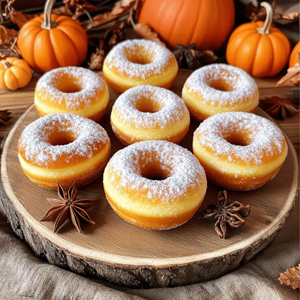 - 1 cup pumpkin puree - 1 cup all-purpose flour - 1/2 cup granulated sugar - 1/4 cup brown sugar, packed - 2 teaspoons baking powder - 1 teaspoon baking soda - 1 teaspoon pumpkin pie spice - 1/2 teaspoon salt - 1/4 cup milk - 2 tablespoons unsalted butter, melted - 1 large egg, at room temperature - 1 teaspoon vanilla extract Finding the right ingredients is key to making great pumpkin spice donuts. You need pumpkin puree for that rich, fall flavor. All-purpose flour gives them structure. Granulated and brown sugar add sweetness and depth. Baking powder and baking soda help the donuts rise. Pumpkin pie spice gives them that classic taste. A pinch of salt balances the flavors. Milk adds moisture, while melted butter brings richness. The egg binds everything together, and vanilla extract adds a lovely aroma. - Alternatives for pumpkin puree: You can use sweet potato puree or butternut squash. These will change the flavor a bit, but they work well. - Gluten-free options for flour: Try almond flour or a gluten-free all-purpose blend. Just make sure it has a binding agent like xanthan gum. - Lower sugar alternatives: You can use coconut sugar or a sugar substitute like stevia. This will lower the sugar content without losing taste. Choosing the right ingredients or substitutes lets you customize this recipe to fit your needs. Enjoy making these delightful air fryer pumpkin spice donuts! In a large bowl, combine the pumpkin puree, granulated sugar, brown sugar, milk, melted butter, egg, and vanilla extract. Use a whisk to mix these until smooth. This step is key to creating a rich flavor in your donuts. In a separate bowl, whisk together the all-purpose flour, baking powder, baking soda, pumpkin pie spice, and salt. Make sure everything is evenly mixed. This helps your donuts rise and get that perfect texture. Now, gently combine the dry mix with the wet mixture. Use a spatula or wooden spoon for this. Be careful not to overmix; it’s okay if some lumps remain. This keeps your donuts light and fluffy. Set your air fryer to preheat at 350°F (175°C). Let it warm up for about 5 minutes. While it heats, lightly grease your donut pan. This step helps prevent sticking and ensures easy removal later. Spoon your batter into a piping bag or a zip-lock bag. Cut off one corner to make piping easy. Fill the donut molds about two-thirds full. This gives them room to rise without spilling over. Carefully place the filled donut pan in the air fryer basket. Cook for 5-7 minutes. Check for doneness by inserting a toothpick into the center. If it comes out clean, your donuts are ready. Once cooked, gently remove the donuts from the mold. Transfer them to a wire rack to cool completely. This step is important for the donuts to set properly and maintain their shape. For a tasty finish, mix granulated sugar with pumpkin pie spice in a small bowl. Roll the warm donuts in this mix for a sweet touch. You can also glaze them to add extra flavor. Enjoy your delicious creation! To make fluffy donuts, mixing is key. You want to blend your wet ingredients well first. Use a whisk to combine the pumpkin puree, sugars, milk, butter, egg, and vanilla. This step is crucial. Next, mix the dry ingredients separately. When you combine them, do not overmix. Gently fold the dry mix into the wet mix. If it’s a bit lumpy, that’s okay. Lumps keep your donuts soft and airy. Air frying requires attention to time and temperature. Preheat your air fryer to 350°F for five minutes. This ensures even cooking. When placing your donut pan inside, avoid overcrowding. Cook the donuts for 5-7 minutes. Check for doneness using a toothpick. If it comes out clean, your donuts are ready. Keep an eye on them to prevent overcooking. Store your leftover donuts in an airtight container. This helps keep them fresh. They stay good for about two days at room temperature. For longer storage, freeze them. Place them in a freezer-safe bag. When ready to eat, thaw at room temperature. You can also reheat them in the air fryer for a few minutes to regain that fresh taste. {{image_4}} You can make these donuts vegan by swapping out a few key ingredients. Use a flax egg instead of a regular egg. Mix 1 tablespoon of ground flaxseed with 3 tablespoons of water. Let it sit for a few minutes until it thickens. Instead of milk, choose almond milk or oat milk. For butter, use coconut oil or vegan butter. You can also play with different spice blends. If you want a twist, try cinnamon and nutmeg instead of pumpkin pie spice. You could even add ginger or cardamom for extra warmth. Want to make these donuts more exciting? Add chocolate chips or chopped nuts to the batter for a delightful crunch. Dark chocolate chips pair perfectly with pumpkin. If you like nuts, walnuts or pecans add a nice texture. For glazing, the options are endless! You can dip the warm donuts in chocolate glaze or drizzle a maple glaze over them. A simple glaze of powdered sugar mixed with milk gives a sweet finish too. Fall is the perfect time to experiment with flavors. You can add apple cider or even a touch of maple syrup to the batter. These flavors blend well with pumpkin. Another great idea is to mix in some caramel for a rich, sweet treat. Don't be afraid to try new things and make these donuts your own! To keep your donuts fresh, use an airtight container. This helps keep them soft. Store them at room temperature for up to three days. If you want to keep them longer, consider freezing. If you choose to freeze your donuts, here's how: - First, let the donuts cool completely. - Then, wrap each donut in plastic wrap. - Next, place the wrapped donuts in a freezer bag. - Squeeze out as much air as you can before sealing. To thaw, take them out and leave at room temperature for about 1-2 hours. To enjoy your leftover donuts, reheat them gently. You can use: - A microwave for about 10 seconds. - An air fryer for 2-3 minutes at 300°F. This helps restore their fluffy texture without drying them out. Enjoy every bite! Yes, you can! If you don’t have an air fryer, you can bake these donuts in a regular oven. Preheat your oven to 350°F (175°C). Grease your donut pan and fill it the same way. Bake for about 12-15 minutes or until golden. Check with a toothpick to see if they are done. To check if your donuts are done, insert a toothpick into the center. If it comes out clean, they are ready. You can also gently press the top; it should spring back. If it leaves an imprint, they need more time. To prevent sticking, make sure to grease your donut pan well with non-stick spray or oil. If they still stick, let them cool for a few minutes before trying to remove them. Use a small knife to gently loosen the edges if needed. Yes, homemade pumpkin puree works great! It can add a fresh flavor. Just make sure to strain it well to remove extra moisture. This helps keep your donuts light and fluffy compared to store-bought puree. If you want to lower the sweetness, reduce the granulated or brown sugar by a tablespoon or two. You can also add spices to enhance flavor without extra sugar. For a sweeter donut, add more sugar, but do it gradually to find the right balance. You now have all the tools to make delicious air fryer pumpkin donuts. We covered each ingredient, technique, and helpful tip to ensure your success. You learned how to substitute ingredients for different diets and flavors. Remember, mixing well and avoiding overcooking is key. With simple steps and some creativity, you can enjoy fresh donuts anytime. So grab your ingredients, and start making these delightful treats!