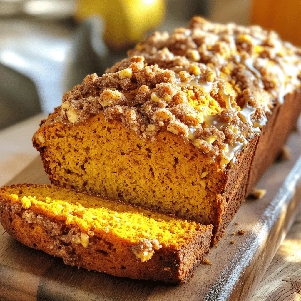 - 1 cup canned pumpkin puree - 1/2 cup granulated sugar - 1/2 cup packed brown sugar - 1/2 cup vegetable oil - 2 large eggs - 1 teaspoon vanilla extract - 1 1/2 cups all-purpose flour - 1 teaspoon baking powder - 1 teaspoon baking soda - 1 teaspoon ground cinnamon - 1/2 teaspoon ground nutmeg - 1/2 teaspoon ground ginger - 1/2 teaspoon salt This bread shines because of its main ingredients. Canned pumpkin puree gives it rich flavor and moisture. I love using both granulated and brown sugar. They create a nice balance of sweetness. Vegetable oil makes the bread soft and tender. Two large eggs help bind everything together. Vanilla extract adds a lovely depth of flavor. All-purpose flour provides the structure. Baking powder and baking soda help the bread rise. The spices—cinnamon, nutmeg, and ginger—bring warmth and a hint of fall. Lastly, salt enhances all these flavors. - 1/2 cup chopped walnuts or pecans (optional) - 1/3 cup all-purpose flour (for streusel) - 1/4 cup packed brown sugar (for streusel) - 1/4 teaspoon ground cinnamon (for streusel) - 3 tablespoons cold butter, cut into small cubes (for streusel) You can add chopped walnuts or pecans for a nice crunch. They also add flavor and texture. The streusel topping is a great way to elevate the bread. It gives a sweet, crumbly layer on top. The combination of flour, brown sugar, and cinnamon in the streusel creates a tasty contrast to the soft bread. The cold butter helps form those delightful crumbs. These optional ingredients make the bread even more special. They add personal touches that can suit your taste. - Preheat your oven to 350°F (175°C). - Grease a 9x5 inch loaf pan with cooking spray or butter. - In a big bowl, mix the wet ingredients. - Add 1 cup of canned pumpkin puree. - Pour in 1/2 cup of granulated sugar. - Add 1/2 cup of packed brown sugar. - Mix in 1/2 cup of vegetable oil. - Crack in 2 large eggs. - Add 1 teaspoon of vanilla extract. - Whisk until smooth. - In another bowl, combine the dry ingredients. - Whisk together 1 1/2 cups of all-purpose flour. - Add 1 teaspoon of baking powder. - Add 1 teaspoon of baking soda. - Mix in 1 teaspoon of ground cinnamon. - Add 1/2 teaspoon of ground nutmeg. - Add 1/2 teaspoon of ground ginger. - Mix in 1/2 teaspoon of salt. - Gradually add the dry mix to the wet mix. - Stir gently with a spatula. - Stop mixing when combined. - If you like, fold in 1/2 cup of chopped walnuts or pecans. - Now, prepare the streusel topping. - In a small bowl, mix 1/3 cup of all-purpose flour. - Add 1/4 cup of packed brown sugar. - Mix in 1/4 teaspoon of ground cinnamon. - Add 3 tablespoons of cold butter, cut into small cubes. - Use your fingers to rub the butter into the dry mix until it looks like coarse crumbs. - Pour the pumpkin bread batter into the greased loaf pan. - Spread it evenly with a spatula. - Sprinkle the streusel topping over the batter. - Place the loaf pan in the oven. - Bake for 55-65 minutes. - Check if it’s done by inserting a toothpick in the center. - It’s ready when the toothpick comes out clean or with a few moist crumbs. When mixing your batter, avoid overmixing. Overmixing makes the bread tough. Mix just until you see no dry flour. This keeps the bread soft and fluffy. Using room temperature ingredients helps too. Eggs and oil mix better when they are not cold. Take them out of the fridge ahead of time. To check for doneness, use a toothpick. Insert it in the center of the bread. If it comes out clean or with a few crumbs, it is done. Baking times may change based on your oven. If your oven runs hot, start checking a bit earlier. If it runs cool, you may need to bake a little longer. For a lovely presentation, slice warm bread. Drizzle a simple glaze on top. To make this glaze, mix powdered sugar with a splash of milk. You can also sprinkle some cinnamon on each slice. Serve with coffee or tea for a cozy treat. For a twist, try pairing it with cream cheese or apple butter. {{image_4}} You can make pumpkin streusel bread even more fun by adding chocolate chips. The rich chocolate pairs well with the warm spices. Just fold in about 1 cup of semi-sweet chocolate chips into the batter before baking. Another way to change the flavor is to experiment with spices. Instead of just cinnamon, try adding cardamom or allspice. Each spice will give your bread a unique taste. Just use about 1/2 teaspoon of any new spice you choose. If you need a gluten-free option, you can substitute all-purpose flour with a gluten-free blend. Make sure the blend has xanthan gum to help with texture. Use the same amount as the original recipe. For vegan substitutions, swap the eggs for flax eggs. Mix 1 tablespoon of ground flaxseed with 2.5 tablespoons of water. Let it sit for 5 minutes until it thickens. You can also use applesauce or mashed bananas as egg replacements. Use 1/4 cup for each egg. You can store pumpkin streusel bread in two ways: at room temperature or in the fridge. - Room Temperature: If you plan to eat the bread within a few days, keep it at room temperature. Place it in an airtight container or wrap it in plastic wrap. This keeps the bread moist and fresh. - Refrigeration: For longer storage, put the bread in the fridge. Wrap it tightly in plastic or foil to prevent drying out. This method can help it last up to a week. Freezing is a great way to enjoy pumpkin bread later. Here’s how to do it: - How to Freeze Effectively: First, let the bread cool completely. Then, slice it if you like. Wrap each slice in plastic wrap, then place them in a freezer bag. Remove as much air as possible before sealing. - Thawing Instructions for Best Results: To thaw, take the bread out of the freezer. Leave it in the fridge overnight or on the counter for a few hours. This keeps it soft and tasty, just like fresh-baked bread. Can I use fresh pumpkin instead of canned? Yes, you can use fresh pumpkin. First, cook the pumpkin until soft. Then, puree it until smooth. This gives a fresh taste and nice texture. How to tell if my bread has gone bad? Look for mold or an off smell. If it feels dry or hard, it might not be good. Trust your senses. What can I serve with pumpkin bread? Pumpkin bread tastes great with butter or cream cheese. You can also serve it with a warm drink like tea or coffee. How long will the bread last? Store it in an airtight container at room temperature. It should last about 3-5 days. For longer storage, try freezing it. Can I make this bread ahead of time? Yes, you can bake it a day or two ahead. Just store it well to keep it moist. Reheat slices for a warm treat! Pumpkin streusel bread combines simple ingredients for a tasty treat. We explored key components like pumpkin puree, sugars, and spices. I shared steps to prepare and bake the bread perfectly. Tips for mixing and serving enhance the experience. You can even try fun variations or dietary substitutions. Whether you store your bread or freeze it, you’ll enjoy its flavor for longer. This bread is a delightful way to celebrate the season. Enjoy each slice and get creative with your additions!