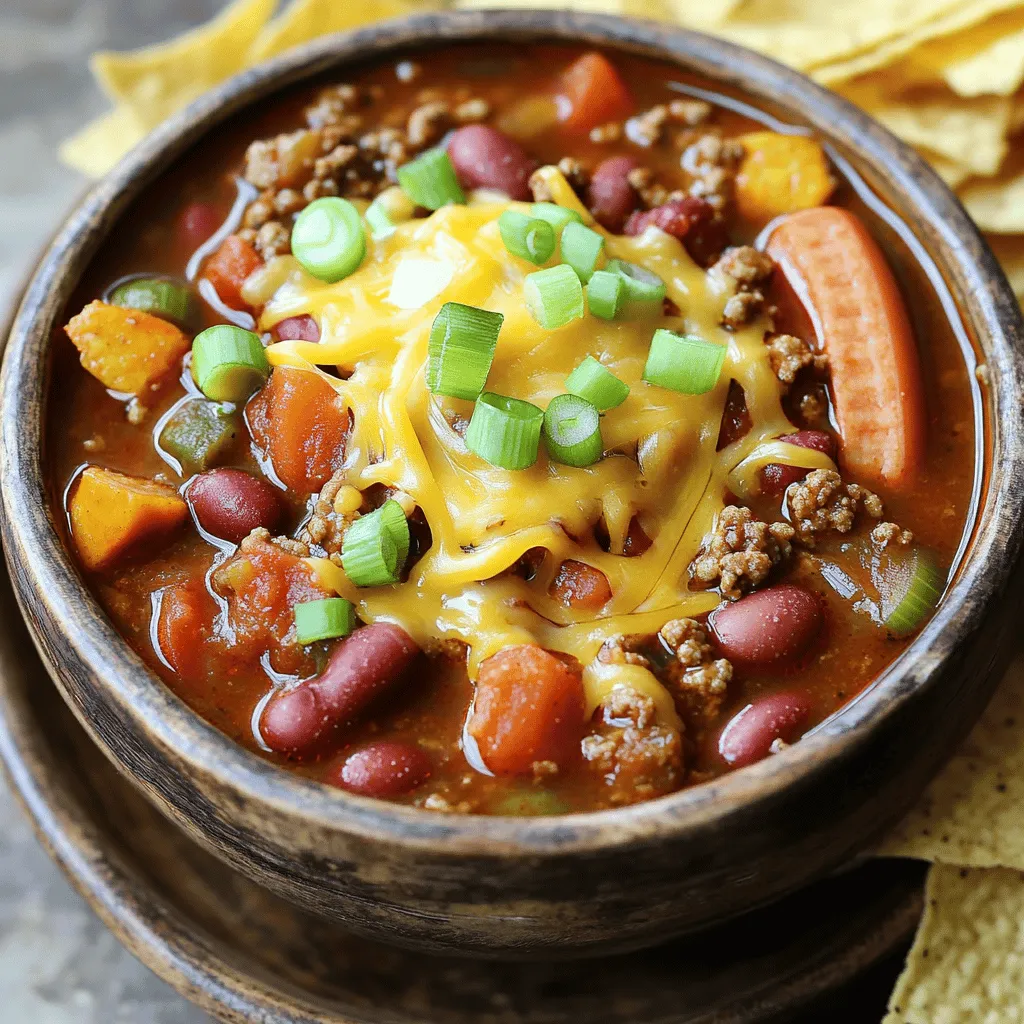 To make this rich hot dog chili, gather these main ingredients: - 4 beef hot dogs, chopped into bite-sized pieces - 1 pound ground turkey or ground beef - 1 can (15 oz) kidney beans, rinsed and drained - 1 can (15 oz) black beans, rinsed and drained - 1 can (14.5 oz) diced tomatoes in juice - 1 medium onion, finely diced - 2 cloves garlic, minced - 1 tablespoon chili powder - 1 teaspoon ground cumin - 1 teaspoon smoked paprika - 1 teaspoon dried oregano - Salt and freshly ground black pepper, to taste - 2 tablespoons olive oil - 1 cup beef or vegetable broth Each ingredient plays a role. The hot dogs add a meaty flavor, while the beans give the chili a hearty texture. The spices and tomatoes bring warmth and depth. You can elevate your chili with these garnishes: - Shredded cheese - Sliced green onions These toppings not only add flavor but also make your dish look inviting. Cheese melts beautifully on warm chili, while green onions give a fresh crunch. If you have dietary preferences, consider these substitutions: - Ground chicken instead of turkey or beef - Vegan options like plant-based meat or lentils These swaps help you cater to different tastes. You can enjoy a delicious chili while fitting your diet. Cooking should be fun and flexible! Start by heating 2 tablespoons of olive oil in a large pot over medium heat. Once hot, add 1 medium onion, finely diced. Sauté the onion until it turns translucent, which takes about 5 minutes. This step builds a strong flavor base. Next, add 2 cloves of minced garlic and stir for about 1 minute. The garlic should smell great but not burn. After that, stir in 1 pound of ground turkey or ground beef. Cook the meat for 6-8 minutes, breaking it up with a spatula. Make sure it is fully browned before moving on. Now, chop 4 beef hot dogs into bite-sized pieces and add them to the pot. Mix well and let them cook for another 3-4 minutes until they start to brown. This step adds a nice flavor to the chili. Then, sprinkle in 1 tablespoon of chili powder, 1 teaspoon of ground cumin, 1 teaspoon of smoked paprika, and 1 teaspoon of dried oregano. Season with salt and freshly ground black pepper to taste. Stir the spices into the meat for about 2 minutes. This allows the spices to release their full flavor. Pour in 1 can of diced tomatoes (14.5 oz) along with its juice and 1 cup of beef or vegetable broth. Then, add 1 can each of kidney beans and black beans, both rinsed and drained. Mix all the ingredients well. Bring the chili to a gentle simmer, then reduce the heat to low. Let it cook uncovered for about 30 minutes. Stir occasionally until the chili thickens to your liking. Taste and adjust the seasoning with more salt and pepper if needed. Enjoy the rich, hearty flavors! To improve the flavor of your chili, start with the spices. I always taste first. If it needs more heat, add extra chili powder. For deeper flavor, try more smoked paprika. Fresh herbs can also brighten up the mix. Don’t forget to add salt! This helps to bring out all the other flavors. Remember, you can always add more, but you can't take it out. So add gradually and taste as you go. For thicker chili, let it simmer longer. This reduces liquid and concentrates flavor. If it gets too thick, add a splash of broth or water. Mix well to combine. You can also mash some beans against the pot to help thicken. If you prefer a thinner chili, simply add more broth. Adjust until you find the right balance that fits your taste. Serve your hot dog chili in warm bowls. Top with shredded cheese for a tasty finish. Sliced green onions add color and crunch. I love pairing it with crunchy tortilla chips. They add texture and make it fun to eat. You can also serve it with warm bread on the side. This helps soak up all the delicious chili goodness. {{image_4}} To make a meatless chili, swap in plant-based proteins. You can use lentils or a mix of chopped mushrooms and walnuts. Here’s how: 1. Heat olive oil in a large pot over medium heat. 2. Add diced onion. Sauté until soft, about 5 minutes. 3. Stir in minced garlic and cook for 1 minute. 4. Add your choice of plant-based protein. Cook for 6-8 minutes until heated through. 5. Follow the same steps as the original recipe, using vegetable broth and omitting the meat. 6. Add the beans, tomatoes, and spices. Simmer for 30 minutes. This version packs in flavor while keeping it veggie-friendly. To add some heat, use spices or fresh peppers. Here’s how to spice it up: 1. When adding the spices, include 1 teaspoon of cayenne pepper for heat. 2. You can also add diced jalapeños or serrano peppers when you sauté the onion. 3. Adjust the spice level based on your taste. This adds a nice kick and makes your chili stand out! If you want a chili without beans, here’s an easy way: 1. Skip the kidney and black beans from the original recipe. 2. Increase the amount of meat or add more chopped hot dogs. 3. You can also add more vegetables, like bell peppers or corn. This keeps it hearty and satisfying without the beans. Enjoy your rich hot dog chili! To store leftover chili in the fridge, wait until it cools down. Use a clean, airtight container. This keeps the chili fresh and avoids spills. Store it in the fridge for up to four days. If you want to enjoy it later, label the container with the date. This way, you will know when you made it. Freezing chili is a great way to save it for later. First, let the chili cool to room temperature. Then, scoop it into freezer-safe containers. Leave some space at the top since the chili will expand when frozen. You can also use freezer bags. Squeeze out the air before sealing. Chili can last in the freezer for up to three months. Remember to write the date on the bag or container. When you’re ready to eat, thaw the chili in the fridge overnight if frozen. For reheating, you can use a pot on the stove or a microwave. If using the stove, heat it on medium until it bubbles, stirring often. If using the microwave, heat it in short bursts, stirring in between. Make sure it is hot all the way through. Enjoy your flavorful chili right away! Yes, you can use different meats for this chili. Ground turkey or ground beef works well. If you prefer, you can use ground pork for a richer flavor. Chicken is also a good choice if you want something lighter. Just remember to adjust cooking times if needed. Each meat brings its own taste, so feel free to experiment. Hot dog chili lasts about 3 to 4 days in the fridge. Be sure to store it in an airtight container. This keeps it fresh and safe to eat. Always check for changes in smell or color before serving. If you see anything off, it’s best to throw it away. Yes, you can make this chili ahead of time. It actually tastes better the next day as flavors deepen. After cooking, let it cool down, then place it in the fridge. When you are ready to eat, just reheat it on the stove or in the microwave. Add a splash of broth if it thickens too much. Enjoy your easy meal! In this article, we explored the rich world of hot dog chili. We covered main ingredients, including hot dogs and spices, and shared tips for cooking and garnishing. You learned about variations, like vegetarian options and ways to adjust spice levels. Proper storage methods ensure your chili stays fresh for future meals. Whether you're serving a crowd or just yourself, this chili is sure to please. Enjoy creating your perfect bowl of chili and savor every bite!