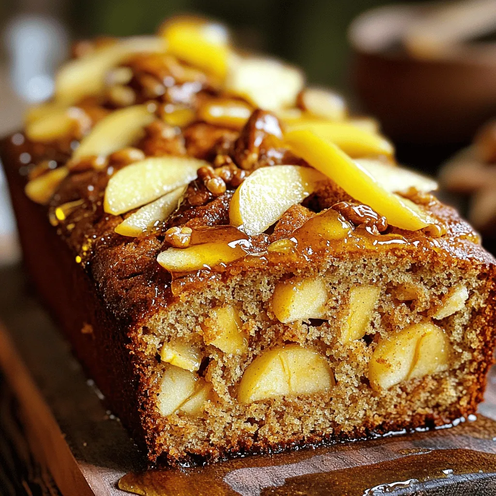 To make this delightful cinnamon apple bread, gather these ingredients: - 2 cups all-purpose flour - 1 teaspoon baking powder - 1/2 teaspoon baking soda - 1/2 teaspoon salt - 1 teaspoon ground cinnamon - 1/4 teaspoon nutmeg - 1/2 cup unsalted butter, softened - 1 cup granulated sugar - 2 large eggs - 1 teaspoon vanilla extract - 1/2 cup sour cream - 2 cups apples, peeled, cored, and chopped - 1/2 cup chopped walnuts or pecans (optional) - 1/4 cup brown sugar (for topping) You can swap some ingredients if you want. Here are a few ideas: - Use whole wheat flour for a heartier bread. - Replace sour cream with plain yogurt for a tangy taste. - For a dairy-free option, try coconut oil instead of butter. - If you need gluten-free, use a gluten-free flour blend. - You can skip nuts if you prefer a nut-free bread. Choosing the right apples makes a big difference. Here are my tips: - Pick firm apples for the best texture. - Use sweet varieties like Fuji or Honeycrisp for great flavor. - Avoid mealy apples; they won't hold up well in baking. - Try a mix of tart and sweet apples for depth of flavor. - Fresh, in-season apples taste the best. Feel free to check the Full Recipe for more details on making this treat! Start by gathering your ingredients. Use fresh apples for the best taste. I like to use a mix of tart and sweet apples. Preheat your oven to 350°F (175°C). Prepare a 9x5 inch loaf pan by greasing it lightly with butter. Then, dust it with flour to stop sticking. In a medium bowl, mix the dry items. Combine 2 cups of flour, 1 teaspoon baking powder, 1/2 teaspoon baking soda, 1/2 teaspoon salt, 1 teaspoon ground cinnamon, and 1/4 teaspoon nutmeg. Whisk until they blend well. Set this dry mix aside. In a large bowl, cream together 1/2 cup softened butter and 1 cup sugar. Beat them until light and fluffy, about 3-5 minutes. Add 2 large eggs, mixing one at a time. Then stir in 1 teaspoon vanilla extract and 1/2 cup sour cream. Mix until smooth. Next, slowly add the dry ingredients. Stir gently until just combined. A few lumps are okay; do not overmix. Fold in 2 cups of chopped apples and nuts if you like. This step adds flavor and texture to your bread. Pour the batter into the prepared loaf pan. Smooth the top with a spatula. Finally, sprinkle 1/4 cup brown sugar on top. This will give you a sweet crust. Baking time matters. Bake the bread for 55-65 minutes. Every oven is different, so start checking early. Insert a toothpick into the center to check if it's done. If it comes out clean, the bread is ready. For the best texture, do not open the oven door too early. This can make your bread fall. When done, take it out and let it cool in the pan for 10 minutes. Then place it on a wire rack to cool completely. To check if your bread is done, use a toothpick. Insert it into the center of the loaf. If it comes out clean, your bread is ready. If it has batter on it, bake for a few more minutes. Look for a golden-brown color on the top. The sides should pull away slightly from the pan. These signs mean your Cinnamon Apple Bread is perfectly baked. For the complete recipe, refer to the Full Recipe section. To make your Cinnamon Apple Bread moist and tasty, focus on these tips: - Use fresh apples. Fresh apples ensure better flavor and moisture. I like using sweet varieties like Fuji or Honeycrisp. - Don’t overmix. Mix until just combined. Overmixing can make the bread tough. - Add sour cream. This ingredient adds moisture and richness. It also creates a tender crumb. - Use room temperature butter. Softer butter mixes easier and helps the bread rise well. Many home cooks make simple mistakes. Avoid these to improve your bread: - Skipping the flour dusting. Always dust the pan with flour. This step helps the bread release easily. - Not checking the oven temperature. Ovens can vary. Use an oven thermometer for accuracy. - Overbaking. Keep an eye on your bread. Check for doneness a few minutes early. - Ignoring the cooling time. Let it cool before slicing. This helps it set and taste better. Want to simplify the process? Here are my favorite tips: - Use a stand mixer. This saves time and effort. It mixes ingredients quickly and evenly. - Prep ingredients ahead. Chop apples and measure dry ingredients before you start. This makes mixing easier. - Make a double batch. Bake two loaves at once. One can be frozen for later use. - Try a bread maker. If you have one, it can do the mixing and baking for you, making it even more convenient. For the complete recipe, check the [Full Recipe]. Each of these tips can help you create a delightful and simple treat. Enjoy your baking adventure! {{image_4}} You can make this recipe healthier. Swap all-purpose flour for whole wheat flour. Whole wheat adds fiber and nutrients. If you need gluten-free bread, use a gluten-free flour blend. Make sure the blend has a good mix of flours. This will help the bread rise and taste great. You can change the flavor of your bread. Try adding spices like ginger or cloves for warmth. A dash of allspice can also add depth. If you want a hint of vanilla, use vanilla bean paste instead of extract. For a twist, add some citrus zest, like lemon or orange. This will brighten the flavors and make your bread unique. Want to make your bread even better? Consider adding toppings. Chopped nuts, like walnuts or pecans, add crunch and flavor. You can sprinkle them on top before baking. For a sweet touch, mix brown sugar with cinnamon and sprinkle it on top. This will create a lovely crust when baked. If you like, you can also use oats for a hearty topping. Feel free to explore these variations to make your cinnamon apple bread delightful and special. For the full recipe, check out the detailed steps for making this treat! To keep your Cinnamon Apple Bread fresh, store it in an airtight container. This helps keep moisture in and prevents drying out. You can also wrap the bread in plastic wrap or aluminum foil. Place it in a cool, dry place at room temperature. If you plan to eat it within a few days, this method works well. For longer storage, freezing is a great option. First, let the bread cool completely. Then, wrap it tightly in plastic wrap. To protect it further, add a layer of aluminum foil. This keeps out air and prevents freezer burn. You can freeze the bread for up to three months. When you’re ready to enjoy it, just thaw it in the fridge overnight. To reheat your Cinnamon Apple Bread, preheat your oven to 350°F (175°C). Wrap slices in aluminum foil and place them on a baking sheet. Heat for about 10 to 15 minutes. This warms the bread without drying it out. For a quick option, you can use a microwave. Just heat a slice for 15 to 20 seconds. Enjoy your warm, tasty treat just like when it was fresh! Yes, you can use different fruits! Pears, bananas, and berries work well too. Just make sure to chop them small. This way, they mix well into the batter. Each fruit gives a new flavor. Feel free to experiment and find your favorite! To check if your bread is done, use a toothpick. Insert it into the center of the loaf. If it comes out clean, your bread is ready. If it has wet batter on it, bake a bit longer. Keep an eye on the time too, as ovens can vary. Yes, you can make it vegan! Replace the eggs with flax eggs or applesauce. Use plant-based butter instead of regular butter. For sour cream, you can use coconut yogurt. These swaps keep the bread moist and tasty. To slice the bread, wait until it cools completely. Use a serrated knife for clean cuts. Slice it into thick or thin pieces, based on your taste. Serving warm slices adds to the flavor. Cinnamon Apple Bread lasts about three days at room temperature. Keep it in an airtight container to maintain freshness. If you want to keep it longer, freeze it. It can last for up to three months in the freezer. Just wrap it well! In this post, we covered the key parts of making delicious Cinnamon Apple Bread. You learned about the right ingredients, helpful substitutions, and how to select the best apples. I shared step-by-step instructions, baking tips, and ways to avoid common mistakes. We also explored fun variations and storage tips for your bread. Enjoy baking, sharing, and eating this comforting treat with friends and family!