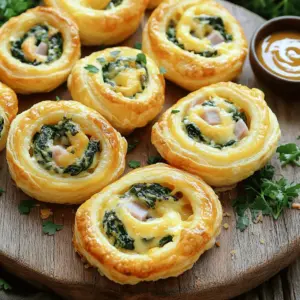 To make easy baked ham and cheese pinwheels, gather these items: - 1 package of refrigerated puff pastry (contains 2 sheets) - 8 oz deli ham, thinly sliced - 8 oz cream cheese, softened to room temperature - 1 cup fresh spinach, finely chopped - 1 cup sharp cheddar cheese, shredded - 1 teaspoon garlic powder - 1 teaspoon onion powder - Salt and pepper to taste - 1 large egg, for egg wash I love using brands like Pillsbury for puff pastry. Their dough puffs up nicely. For ham, I suggest Boar's Head or Oscar Mayer for great flavor. You can try different cheeses too. Gouda or mozzarella can add a fun twist. If you want a kick, add a spicy cheese. If you need to make changes, here are some easy swaps: - Use gluten-free puff pastry if you need it. - Swap the ham for turkey or chicken for a lighter option. - For a vegan version, use dairy-free cream cheese and a plant-based meat substitute. - You can replace the cheddar with a vegan cheese alternative. These swaps keep the taste while meeting your needs. 1. Preheat your oven to 400°F (200°C). This heat helps the pinwheels puff up nicely. 2. Line a baking sheet with parchment paper. This keeps the pinwheels from sticking. 3. On a floured surface, roll out one sheet of puff pastry into a rectangle, about ¼ inch thick. A smooth surface helps with rolling. 4. In a bowl, mix the softened cream cheese with the chopped spinach, garlic powder, onion powder, salt, and pepper. Stir until smooth. 5. Spread half of the cream cheese mixture over the puff pastry. Cover it all the way to the edges. 6. Layer thin slices of deli ham over the cream cheese. Then, sprinkle shredded cheddar cheese on top for added flavor. 7. Starting from one edge, roll the pastry tightly into a log shape. Keep the filling inside as you roll. Repeat with the second sheet of pastry and remaining filling. 8. Use a sharp knife to cut each log into 1-inch thick rounds. Keep the cuts even for uniform baking. 9. Place the pinwheels on the baking sheet, leaving about 2 inches between each one. This space allows them to puff up. 10. In a small bowl, beat the egg. Brush a light layer of egg wash on top of each pinwheel for a golden crust. 11. Bake in the oven for 15-20 minutes. Watch them closely to avoid overbaking. They should be puffed and golden brown when done. - Present the warm pinwheels on a nice platter. - You can garnish with fresh parsley for color. - Serve with a small bowl of honey mustard for dipping. You can find the full recipe for Cheesy Ham & Spinach Pinwheels available for more details. To roll your pinwheels well, start with the right dough. Use puff pastry that is cold but not frozen. Roll out the pastry on a floured surface. Aim for a rectangle about ¼ inch thick. Spread your filling evenly, reaching the edges. When rolling, keep it tight but not too tight. This helps to keep the filling intact. A golden-brown crust makes your pinwheels look amazing. To achieve this, brush the tops with an egg wash before baking. This gives them a nice shine. Bake at 400°F (200°C) for 15-20 minutes. Watch them closely during the last few minutes. If they look golden, they are ready. A perfect crust will be crispy and flaky. One mistake is using cold filling. Cold filling makes rolling hard and can cause the dough to crack. Make sure your cream cheese is softened. Another mistake is not spacing the pinwheels on the baking sheet. They need space to puff up. Lastly, don't skip the egg wash. It is key for that lovely crust. Following these tips will lead to tasty and beautiful snacks. For the full recipe, refer to the above section. {{image_4}} You can get creative with the filling in your pinwheels. Try using turkey instead of ham for a lighter taste. For a spicy kick, add jalapeños or pepper jack cheese. You can also swap in roasted red peppers or sun-dried tomatoes for a burst of flavor. If you love a cheesy bite, mix in some mozzarella or gouda. The options are endless! Spices can change the whole taste of your pinwheels. Add dried herbs like oregano or basil to your cream cheese mix. A pinch of paprika can give a nice warmth. If you enjoy garlic, use fresh minced garlic instead of powder. Experimenting with flavors can lead to a unique twist on this classic snack. You can make these pinwheels vegetarian by using a plant-based cream cheese. Swap the ham for grilled veggies like zucchini or bell peppers. For a vegan version, use vegan cheese and skip the egg wash. A sprinkle of nutritional yeast can add a cheesy flavor without dairy. These adjustments keep the recipe tasty for everyone! For the full recipe, refer to the Cheesy Ham & Spinach Pinwheels. To keep your pinwheels fresh, place them in an airtight container. Make sure they cool completely before storing. This step helps prevent sogginess. Store them in the fridge for up to three days. If you want to keep them longer, freezing is a great option. To reheat the pinwheels, use an oven for the best results. Preheat your oven to 350°F (175°C). Place the pinwheels on a baking sheet. Heat them for about 10-15 minutes. This will help restore their crispiness. You can also use a microwave, but be aware that the texture may change. You can freeze the pinwheels before or after baking them. If freezing before baking, wrap each pinwheel tightly in plastic wrap. Place them in a freezer bag for extra protection. They can last up to three months in the freezer. When ready to bake, just let them thaw in the fridge overnight and bake as per the Full Recipe. If you freeze them after baking, reheat them straight from the freezer as mentioned above. Yes, you can make these pinwheels ahead of time. Prepare the pinwheels and slice them. Place them on a baking sheet and cover them tightly with plastic wrap or foil. Store them in the fridge for up to 24 hours. When ready to bake, just remove the wrap and bake as directed. This saves time when you have guests. Ham and cheese pinwheels pair well with many sides. Here are a few ideas: - Fresh veggie sticks like carrots and celery - Fruit slices, such as apples or grapes - A light salad with mixed greens - Dipping sauces like honey mustard or ranch These sides add balance and brighten your meal. You can tell pinwheels are fully cooked by their color and texture. Look for a golden-brown crust on top. The edges should be crisp and firm. You can also check the inside with a knife. The cheese should be melted, and the ham should be hot. If unsure, bake them a bit longer. Enjoy the warm, gooey goodness! In this post, we explored all you need to know for making ham and cheese pinwheels. We covered ingredients, baking steps, and serving tips. Plus, I shared variations and storage advice for leftovers. Remember, perfecting your pinwheels takes practice. By avoiding common mistakes, you can enjoy great results. Don’t hesitate to try new flavors or ingredients. Happy cooking!