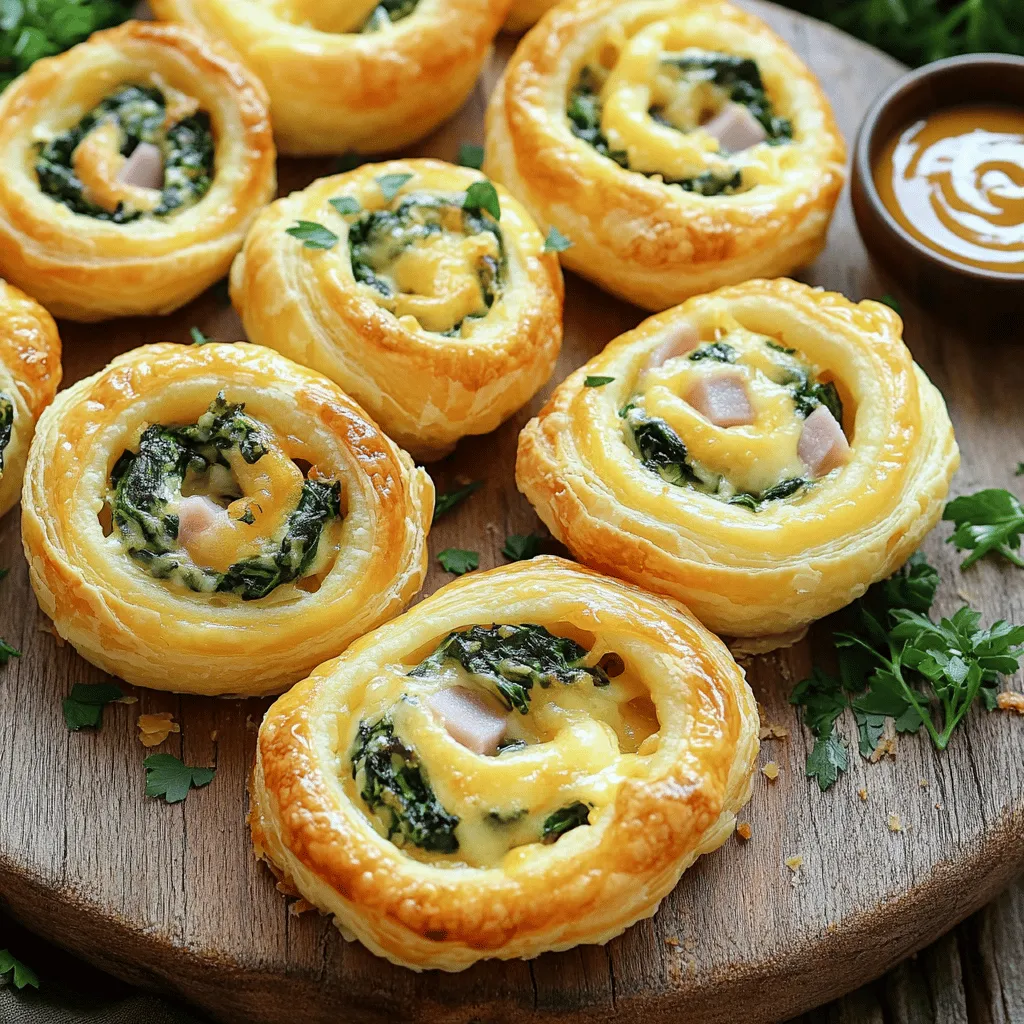 To make easy baked ham and cheese pinwheels, gather these items: - 1 package of refrigerated puff pastry (contains 2 sheets) - 8 oz deli ham, thinly sliced - 8 oz cream cheese, softened to room temperature - 1 cup fresh spinach, finely chopped - 1 cup sharp cheddar cheese, shredded - 1 teaspoon garlic powder - 1 teaspoon onion powder - Salt and pepper to taste - 1 large egg, for egg wash I love using brands like Pillsbury for puff pastry. Their dough puffs up nicely. For ham, I suggest Boar's Head or Oscar Mayer for great flavor. You can try different cheeses too. Gouda or mozzarella can add a fun twist. If you want a kick, add a spicy cheese. If you need to make changes, here are some easy swaps: - Use gluten-free puff pastry if you need it. - Swap the ham for turkey or chicken for a lighter option. - For a vegan version, use dairy-free cream cheese and a plant-based meat substitute. - You can replace the cheddar with a vegan cheese alternative. These swaps keep the taste while meeting your needs. 1. Preheat your oven to 400°F (200°C). This heat helps the pinwheels puff up nicely. 2. Line a baking sheet with parchment paper. This keeps the pinwheels from sticking. 3. On a floured surface, roll out one sheet of puff pastry into a rectangle, about ¼ inch thick. A smooth surface helps with rolling. 4. In a bowl, mix the softened cream cheese with the chopped spinach, garlic powder, onion powder, salt, and pepper. Stir until smooth. 5. Spread half of the cream cheese mixture over the puff pastry. Cover it all the way to the edges. 6. Layer thin slices of deli ham over the cream cheese. Then, sprinkle shredded cheddar cheese on top for added flavor. 7. Starting from one edge, roll the pastry tightly into a log shape. Keep the filling inside as you roll. Repeat with the second sheet of pastry and remaining filling. 8. Use a sharp knife to cut each log into 1-inch thick rounds. Keep the cuts even for uniform baking. 9. Place the pinwheels on the baking sheet, leaving about 2 inches between each one. This space allows them to puff up. 10. In a small bowl, beat the egg. Brush a light layer of egg wash on top of each pinwheel for a golden crust. 11. Bake in the oven for 15-20 minutes. Watch them closely to avoid overbaking. They should be puffed and golden brown when done. - Present the warm pinwheels on a nice platter. - You can garnish with fresh parsley for color. - Serve with a small bowl of honey mustard for dipping. You can find the full recipe for Cheesy Ham & Spinach Pinwheels available for more details. To roll your pinwheels well, start with the right dough. Use puff pastry that is cold but not frozen. Roll out the pastry on a floured surface. Aim for a rectangle about ¼ inch thick. Spread your filling evenly, reaching the edges. When rolling, keep it tight but not too tight. This helps to keep the filling intact. A golden-brown crust makes your pinwheels look amazing. To achieve this, brush the tops with an egg wash before baking. This gives them a nice shine. Bake at 400°F (200°C) for 15-20 minutes. Watch them closely during the last few minutes. If they look golden, they are ready. A perfect crust will be crispy and flaky. One mistake is using cold filling. Cold filling makes rolling hard and can cause the dough to crack. Make sure your cream cheese is softened. Another mistake is not spacing the pinwheels on the baking sheet. They need space to puff up. Lastly, don't skip the egg wash. It is key for that lovely crust. Following these tips will lead to tasty and beautiful snacks. For the full recipe, refer to the above section. {{image_4}} You can get creative with the filling in your pinwheels. Try using turkey instead of ham for a lighter taste. For a spicy kick, add jalapeños or pepper jack cheese. You can also swap in roasted red peppers or sun-dried tomatoes for a burst of flavor. If you love a cheesy bite, mix in some mozzarella or gouda. The options are endless! Spices can change the whole taste of your pinwheels. Add dried herbs like oregano or basil to your cream cheese mix. A pinch of paprika can give a nice warmth. If you enjoy garlic, use fresh minced garlic instead of powder. Experimenting with flavors can lead to a unique twist on this classic snack. You can make these pinwheels vegetarian by using a plant-based cream cheese. Swap the ham for grilled veggies like zucchini or bell peppers. For a vegan version, use vegan cheese and skip the egg wash. A sprinkle of nutritional yeast can add a cheesy flavor without dairy. These adjustments keep the recipe tasty for everyone! For the full recipe, refer to the Cheesy Ham & Spinach Pinwheels. To keep your pinwheels fresh, place them in an airtight container. Make sure they cool completely before storing. This step helps prevent sogginess. Store them in the fridge for up to three days. If you want to keep them longer, freezing is a great option. To reheat the pinwheels, use an oven for the best results. Preheat your oven to 350°F (175°C). Place the pinwheels on a baking sheet. Heat them for about 10-15 minutes. This will help restore their crispiness. You can also use a microwave, but be aware that the texture may change. You can freeze the pinwheels before or after baking them. If freezing before baking, wrap each pinwheel tightly in plastic wrap. Place them in a freezer bag for extra protection. They can last up to three months in the freezer. When ready to bake, just let them thaw in the fridge overnight and bake as per the Full Recipe. If you freeze them after baking, reheat them straight from the freezer as mentioned above. Yes, you can make these pinwheels ahead of time. Prepare the pinwheels and slice them. Place them on a baking sheet and cover them tightly with plastic wrap or foil. Store them in the fridge for up to 24 hours. When ready to bake, just remove the wrap and bake as directed. This saves time when you have guests. Ham and cheese pinwheels pair well with many sides. Here are a few ideas: - Fresh veggie sticks like carrots and celery - Fruit slices, such as apples or grapes - A light salad with mixed greens - Dipping sauces like honey mustard or ranch These sides add balance and brighten your meal. You can tell pinwheels are fully cooked by their color and texture. Look for a golden-brown crust on top. The edges should be crisp and firm. You can also check the inside with a knife. The cheese should be melted, and the ham should be hot. If unsure, bake them a bit longer. Enjoy the warm, gooey goodness! In this post, we explored all you need to know for making ham and cheese pinwheels. We covered ingredients, baking steps, and serving tips. Plus, I shared variations and storage advice for leftovers. Remember, perfecting your pinwheels takes practice. By avoiding common mistakes, you can enjoy great results. Don’t hesitate to try new flavors or ingredients. Happy cooking!