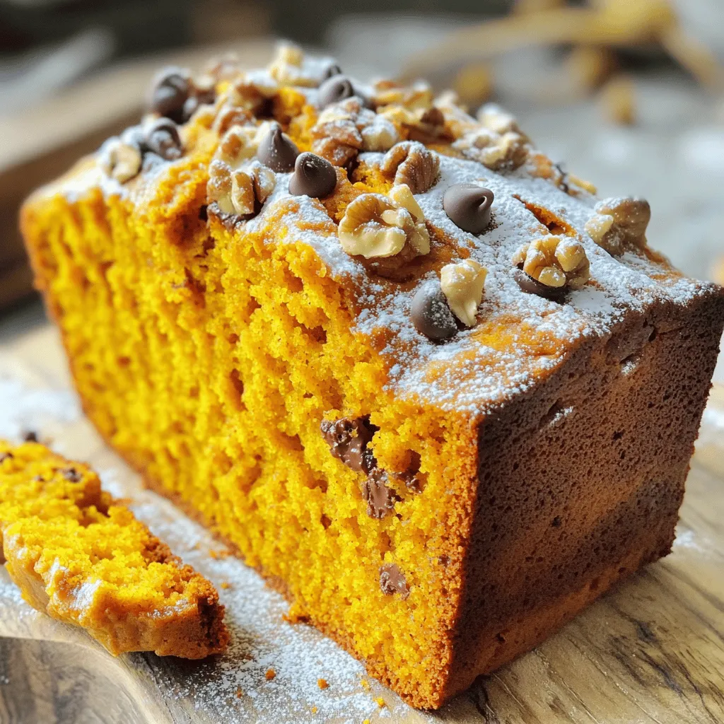 - 1 ½ cups all-purpose flour - 1 teaspoon baking powder - ½ teaspoon baking soda - 1 teaspoon ground cinnamon - ½ teaspoon ground nutmeg - ½ teaspoon ground ginger - ½ teaspoon salt - 1 cup pumpkin puree - 1 cup granulated sugar - ½ cup packed brown sugar - ½ cup vegetable oil - 2 large eggs - 1 teaspoon vanilla extract - Optional add-ins: ½ cup chopped walnuts or pecans, ½ cup chocolate chips To make the best pumpkin bread, you need a mix of basic and special items. Start with all-purpose flour. It gives the bread structure and texture. Baking powder and baking soda help the bread rise. Spices like cinnamon, nutmeg, and ginger add warmth and flavor. Pumpkin puree is key. It makes the bread moist and tasty. You can use canned or homemade puree. For sweetness, we mix granulated sugar and brown sugar. Brown sugar gives a slight caramel taste. Vegetable oil keeps the bread tender. Two eggs add richness and help bind it all. Vanilla extract adds a nice background flavor. If you want to add a twist, consider nuts or chocolate chips. They provide extra texture and flavor. For the full recipe, check out the complete details. - Preheat oven to 350°F (175°C). - Prepare a 9x5-inch loaf pan by greasing it or lining it with parchment paper. - In a medium mixing bowl, combine the dry ingredients. This includes flour, baking powder, baking soda, cinnamon, nutmeg, ginger, and salt. Mix well and set aside. - In a large mixing bowl, mix the wet ingredients. Add pumpkin puree, granulated sugar, brown sugar, and vegetable oil. Whisk until smooth. - Incorporate the eggs one at a time. Beat well after each addition. Stir in the vanilla extract until evenly combined. - Gradually combine the dry and wet mixtures. Use a spatula to stir gently. Mix until just combined; it’s okay if there are a few lumps. - If you want, fold in optional ingredients like chopped walnuts or chocolate chips. Distribute them evenly in the batter. - Carefully pour the batter into the prepared loaf pan. Smooth the top with a spatula. - Bake in the preheated oven for 60-70 minutes. To check if done, insert a toothpick into the center. It should come out clean or with a few moist crumbs. After baking, let the bread cool in the pan for 10 minutes. Then, transfer it to a wire rack to cool completely before slicing. Enjoy this warm or at room temperature. For the complete recipe, see the Full Recipe section. To get the best texture for your pumpkin bread, avoid overmixing the batter. When you mix, just combine the wet and dry ingredients until they are barely mixed. A few lumps are okay. This keeps your bread soft and fluffy. Also, ensure the correct oven temperature. Too hot can burn the outside while leaving the inside raw. Use an oven thermometer if you’re unsure. This will help you bake evenly every time. For an extra touch, try optional toppings like powdered sugar or cream cheese frosting. These add sweetness and flavor. You can also serve pumpkin bread as a breakfast treat or a dessert. Pair it with coffee or tea for a cozy experience. If your bread turns out dense, check your baking powder and soda. Make sure they are fresh. Old leavening agents can make your bread heavy. If you face uneven baking, rotate your loaf pan halfway through. This helps the bread bake evenly. You can also check your oven’s hot spots to avoid uneven results. For more tips and the full recipe, check out the Ultimate Pumpkin Bread. {{image_4}} You can make your pumpkin bread even better. Try adding spices like allspice or cloves. These spices bring warmth and depth to the flavor. You can also mix in dried fruits like cranberries or raisins. They add a nice chew and sweetness. Both options make the bread exciting and unique. If you need gluten-free bread, swap the all-purpose flour for gluten-free flour. This keeps the bread soft without gluten. For a vegan twist, use flax eggs instead of regular eggs. Just mix one tablespoon of flaxseed meal with three tablespoons of water. Let it sit for a few minutes to thicken. This makes a great egg substitute. To add a fall flavor, consider using maple syrup in place of some sugar. It adds a rich sweetness. You can also try unique spices for holiday versions. Think about nutmeg, cardamom, or even gingerbread spices. Each option gives your pumpkin bread a festive touch. Check out the Full Recipe for more ideas! To keep your pumpkin bread fresh, you can store it at room temperature. Simply wrap it in plastic wrap or foil. This way, it stays moist for a few days. If you live in a warm area, you might want to refrigerate it. Place the bread in an airtight container. It will last longer in the fridge, about a week. If you want to save your pumpkin bread for later, freezing is great. First, wrap the bread tightly in plastic wrap. Then, place it in a freezer bag. Remove as much air as you can to prevent freezer burn. You can freeze it for up to three months. When you are ready to enjoy it, take it out and let it thaw in the fridge overnight. For a warm treat, you can reheat it in the oven at 350°F for about 10 minutes. Pumpkin bread stays fresh for about four to five days at room temperature. In the fridge, it can last up to a week. If frozen, your bread will taste great for three months. Always check for any signs of spoilage before eating. Enjoy your tasty pumpkin bread whenever you like! To check if your pumpkin bread is done, use a toothpick. Stick it into the center of the loaf. If it comes out clean or with a few moist crumbs, your bread is ready. If you see wet batter on the toothpick, bake it longer. Keep an eye on it! The bread usually takes about 60 to 70 minutes to bake. Yes, you can use fresh pumpkin. To make fresh pumpkin puree, start with a small sugar pumpkin. Cut it in half, scoop out the seeds, and roast the halves until soft. This usually takes about 30 to 45 minutes at 350°F (175°C). Once cool, scoop out the flesh and blend it until smooth. This will give your bread a fresh taste! If you want a vegan option, there are several great substitutes for eggs. Try using 1/4 cup of unsweetened applesauce for each egg. You can also use 1 tablespoon of ground flaxseed mixed with 2.5 tablespoons of water. Let it sit for a few minutes to thicken. Either option will help bind the bread while keeping it moist. To boost moisture in your pumpkin bread, try adding a bit more oil or pumpkin puree. You can also include a small amount of yogurt or sour cream. These ingredients add richness and keep your bread soft. If you love nuts, adding chopped walnuts or pecans can also help with texture. Enjoy experimenting with these tips! You now have all you need to make amazing pumpkin bread. We covered essential ingredients, detailed instructions, and helpful tips to ensure perfect texture. You learned how to store your bread properly and create exciting variations. Remember, the key to great baking is practice and patience. Don't hesitate to experiment with flavors. Enjoy your baking journey, and share your delicious results with friends and family. You will be proud of the tasty treat you create!