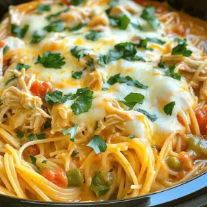 You need some simple items to make this dish. Here’s what you'll need: - 1 lb (450g) boneless, skinless chicken breasts - 1 (10.5 oz) can cream of mushroom soup - 1 (10 oz) can diced tomatoes with green chilies - 1 cup chicken broth (plus extra if needed) - 1 medium onion, finely chopped - 2 cloves garlic, minced - 1 teaspoon Italian seasoning - 1/2 teaspoon black pepper - 8 oz (225g) spaghetti, broken in half - 1 cup grated mozzarella cheese - 1/2 cup grated Parmesan cheese - Salt, to taste - Fresh parsley, chopped (for garnish) These ingredients blend well to create a rich flavor. You can find most of them in your kitchen. The spices bring life to your meal. Italian seasoning adds a warm aroma. Black pepper gives a gentle kick. Salt enhances all the flavors. Each ingredient plays a role in making your chicken spaghetti taste great. Garnishes make your dish look nice and taste better. You can use fresh parsley to add color. A drizzle of olive oil gives a shine. You may also sprinkle extra cheese on top for more flavor. These small touches make a big difference in how your meal looks and tastes. For the full recipe, check the details above. Enjoy making this dish! Start by placing the boneless, skinless chicken breasts in the CrockPot. Spread them evenly at the bottom. This helps the chicken cook well and soak up flavors. Make sure to use fresh chicken for the best taste. Avoid any chicken that looks discolored or smells off. In a large bowl, combine the cream of mushroom soup, diced tomatoes, and chicken broth. Add the chopped onion, minced garlic, Italian seasoning, black pepper, and salt. Stir until everything blends well. This sauce will give the chicken a rich flavor. It also helps the spaghetti cook nicely. Pour the sauce mixture over the chicken. Make sure the chicken is well coated. Secure the lid on the CrockPot. Set it to cook on low for 6-8 hours or on high for 3-4 hours. This slow cooking time lets all the flavors mix. About 30 minutes before serving, break the spaghetti in half and add it to the pot. Stir gently and add more broth if needed. When the spaghetti is cooked, shred the chicken with two forks. Mix it well with the sauce and spaghetti. Finally, sprinkle the mozzarella and Parmesan cheeses on top. Let it sit for 10 minutes to melt. Garnish with fresh parsley before serving. Enjoy your meal! To get the best flavor in your CrockPot chicken spaghetti, use fresh ingredients. Fresh garlic and onion add great taste. I like to sauté them briefly before mixing them in. This step enhances their flavors. Don’t skip the Italian seasoning; it brings warmth and depth. If you want more heat, add crushed red pepper flakes. The canned tomatoes with chilies also add a nice kick. For a rich flavor, try adding a splash of white wine. If your sauce is too thick, don’t worry! Just add more chicken broth. Start with a little and stir it in. This helps the spaghetti cook well. If you want a creamier sauce, mix in some cream cheese or sour cream. This option makes the dish richer. Always check the sauce before serving. It should be smooth but not watery. The right thickness makes the dish comforting and delicious. For the best results, cook on low heat for 6-8 hours. This slow cooking time allows flavors to meld. If you are short on time, you can cook on high for 3-4 hours. Just remember, cooking it longer makes the chicken more tender. Keep an eye on the spaghetti. Add it about 30 minutes before serving. This timing ensures it cooks perfectly without getting mushy. Enjoy the process; it’s simple and rewarding! {{image_4}} You can easily boost the health of your dish by adding veggies. I love using bell peppers, spinach, or zucchini. Chop them up and toss them into the CrockPot with the chicken. This adds color and nutrients. Plus, it makes your meal even more filling. Just remember to adjust the cooking time if you add a lot. Slightly longer cooking helps the veggies soften. If you want to change it up, use turkey or cooked sausage instead of chicken. Shredded rotisserie chicken also works well. It saves time and still tastes great. You could even try shrimp for a seafood twist. Just make sure to adjust cooking times based on what protein you choose. Shrimp cooks faster, so add it later in the process. To make this dish gluten-free, swap regular spaghetti for gluten-free pasta. This option works well and maintains the tasty flavor. For dairy-free needs, use vegan cheese or skip the cheese entirely. You can still create a creamy texture with coconut milk or a cashew cream. These swaps keep the meal enjoyable and safe for everyone. If you need the Full Recipe, you can find it above. After enjoying your meal, let the leftovers cool down. This helps keep them fresh. Store the chicken spaghetti in an airtight container. Make sure to seal it tightly. You can keep it in the fridge for up to three days. This way, you can enjoy it again soon. To reheat, use a microwave or a stovetop. If using the microwave, place your portion in a bowl. Heat it for 1-2 minutes. Stir halfway through to ensure even warming. On the stovetop, add your pasta to a pan. Use low heat and add a splash of chicken broth to keep it moist. Stir gently until heated through. If you want to save for later, freezing is a great option. Allow the chicken spaghetti to cool completely. Then, pour it into a freezer-safe container. Leave some space at the top for expansion. You can freeze it for up to three months. When ready to eat, thaw in the fridge overnight and reheat as needed. Enjoy your easy meal anytime! Yes, you can use frozen chicken. Just adjust the cooking time. If using frozen, cook on high for 4-5 hours. This gives the chicken more time to cook fully. Make sure the chicken reaches 165°F to be safe. Check the chicken's internal temperature with a meat thermometer. It should be at least 165°F. You can also shred the chicken with a fork. If it falls apart easily, it is done. Chicken spaghetti pairs well with a salad or garlic bread. You can also serve it with steamed vegetables. Choosing a light side helps balance the meal. You can find the Full Recipe in the article. It includes all the details for making this tasty dish. This blog post covered how to make easy CrockPot chicken spaghetti. You learned about the key ingredients, spices, and ways to make it your own. Step-by-step instructions guided you through the cooking process. I shared tips on flavor and sauce texture. We discussed storage methods and answered common questions. Remember, cooking is fun and can be simple. Enjoy your meal creations and share them with loved ones. Happy cooking!