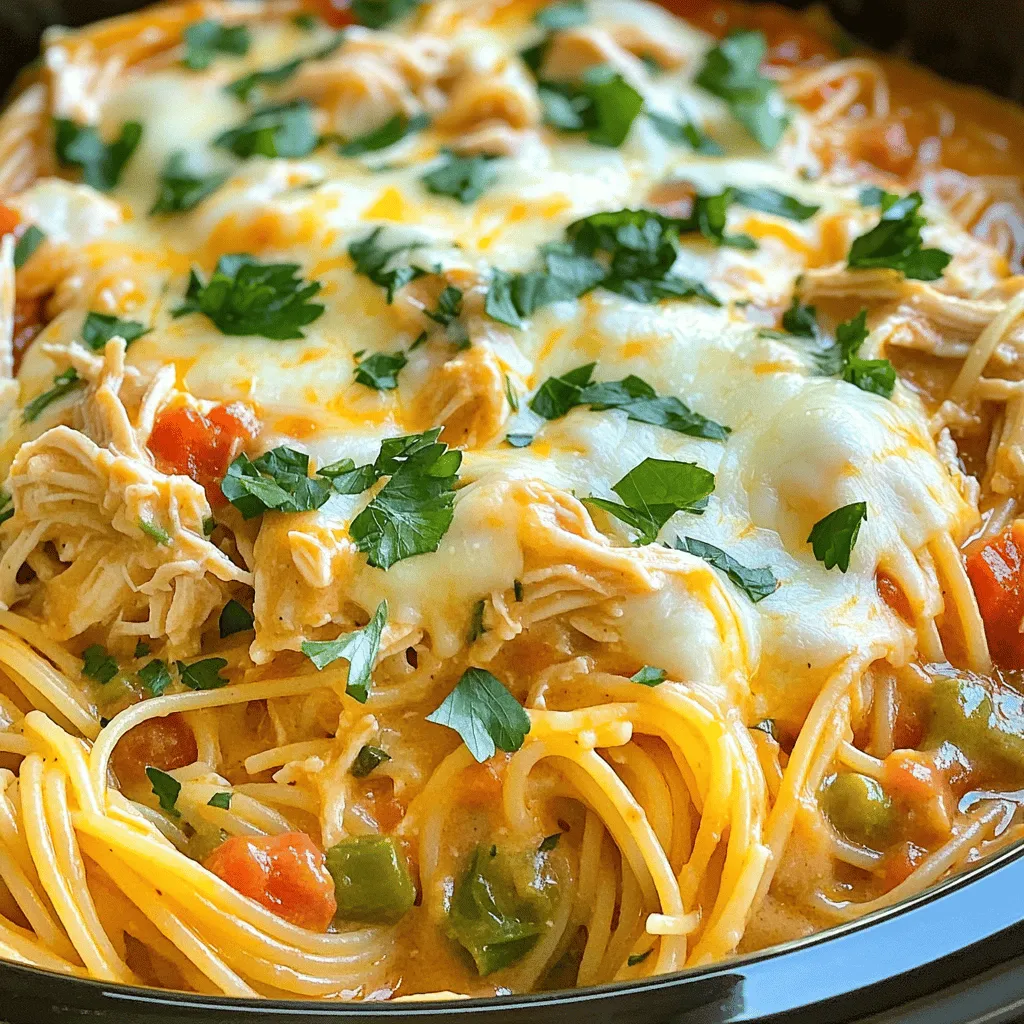 You need some simple items to make this dish. Here’s what you'll need: - 1 lb (450g) boneless, skinless chicken breasts - 1 (10.5 oz) can cream of mushroom soup - 1 (10 oz) can diced tomatoes with green chilies - 1 cup chicken broth (plus extra if needed) - 1 medium onion, finely chopped - 2 cloves garlic, minced - 1 teaspoon Italian seasoning - 1/2 teaspoon black pepper - 8 oz (225g) spaghetti, broken in half - 1 cup grated mozzarella cheese - 1/2 cup grated Parmesan cheese - Salt, to taste - Fresh parsley, chopped (for garnish) These ingredients blend well to create a rich flavor. You can find most of them in your kitchen. The spices bring life to your meal. Italian seasoning adds a warm aroma. Black pepper gives a gentle kick. Salt enhances all the flavors. Each ingredient plays a role in making your chicken spaghetti taste great. Garnishes make your dish look nice and taste better. You can use fresh parsley to add color. A drizzle of olive oil gives a shine. You may also sprinkle extra cheese on top for more flavor. These small touches make a big difference in how your meal looks and tastes. For the full recipe, check the details above. Enjoy making this dish! Start by placing the boneless, skinless chicken breasts in the CrockPot. Spread them evenly at the bottom. This helps the chicken cook well and soak up flavors. Make sure to use fresh chicken for the best taste. Avoid any chicken that looks discolored or smells off. In a large bowl, combine the cream of mushroom soup, diced tomatoes, and chicken broth. Add the chopped onion, minced garlic, Italian seasoning, black pepper, and salt. Stir until everything blends well. This sauce will give the chicken a rich flavor. It also helps the spaghetti cook nicely. Pour the sauce mixture over the chicken. Make sure the chicken is well coated. Secure the lid on the CrockPot. Set it to cook on low for 6-8 hours or on high for 3-4 hours. This slow cooking time lets all the flavors mix. About 30 minutes before serving, break the spaghetti in half and add it to the pot. Stir gently and add more broth if needed. When the spaghetti is cooked, shred the chicken with two forks. Mix it well with the sauce and spaghetti. Finally, sprinkle the mozzarella and Parmesan cheeses on top. Let it sit for 10 minutes to melt. Garnish with fresh parsley before serving. Enjoy your meal! To get the best flavor in your CrockPot chicken spaghetti, use fresh ingredients. Fresh garlic and onion add great taste. I like to sauté them briefly before mixing them in. This step enhances their flavors. Don’t skip the Italian seasoning; it brings warmth and depth. If you want more heat, add crushed red pepper flakes. The canned tomatoes with chilies also add a nice kick. For a rich flavor, try adding a splash of white wine. If your sauce is too thick, don’t worry! Just add more chicken broth. Start with a little and stir it in. This helps the spaghetti cook well. If you want a creamier sauce, mix in some cream cheese or sour cream. This option makes the dish richer. Always check the sauce before serving. It should be smooth but not watery. The right thickness makes the dish comforting and delicious. For the best results, cook on low heat for 6-8 hours. This slow cooking time allows flavors to meld. If you are short on time, you can cook on high for 3-4 hours. Just remember, cooking it longer makes the chicken more tender. Keep an eye on the spaghetti. Add it about 30 minutes before serving. This timing ensures it cooks perfectly without getting mushy. Enjoy the process; it’s simple and rewarding! {{image_4}} You can easily boost the health of your dish by adding veggies. I love using bell peppers, spinach, or zucchini. Chop them up and toss them into the CrockPot with the chicken. This adds color and nutrients. Plus, it makes your meal even more filling. Just remember to adjust the cooking time if you add a lot. Slightly longer cooking helps the veggies soften. If you want to change it up, use turkey or cooked sausage instead of chicken. Shredded rotisserie chicken also works well. It saves time and still tastes great. You could even try shrimp for a seafood twist. Just make sure to adjust cooking times based on what protein you choose. Shrimp cooks faster, so add it later in the process. To make this dish gluten-free, swap regular spaghetti for gluten-free pasta. This option works well and maintains the tasty flavor. For dairy-free needs, use vegan cheese or skip the cheese entirely. You can still create a creamy texture with coconut milk or a cashew cream. These swaps keep the meal enjoyable and safe for everyone. If you need the Full Recipe, you can find it above. After enjoying your meal, let the leftovers cool down. This helps keep them fresh. Store the chicken spaghetti in an airtight container. Make sure to seal it tightly. You can keep it in the fridge for up to three days. This way, you can enjoy it again soon. To reheat, use a microwave or a stovetop. If using the microwave, place your portion in a bowl. Heat it for 1-2 minutes. Stir halfway through to ensure even warming. On the stovetop, add your pasta to a pan. Use low heat and add a splash of chicken broth to keep it moist. Stir gently until heated through. If you want to save for later, freezing is a great option. Allow the chicken spaghetti to cool completely. Then, pour it into a freezer-safe container. Leave some space at the top for expansion. You can freeze it for up to three months. When ready to eat, thaw in the fridge overnight and reheat as needed. Enjoy your easy meal anytime! Yes, you can use frozen chicken. Just adjust the cooking time. If using frozen, cook on high for 4-5 hours. This gives the chicken more time to cook fully. Make sure the chicken reaches 165°F to be safe. Check the chicken's internal temperature with a meat thermometer. It should be at least 165°F. You can also shred the chicken with a fork. If it falls apart easily, it is done. Chicken spaghetti pairs well with a salad or garlic bread. You can also serve it with steamed vegetables. Choosing a light side helps balance the meal. You can find the Full Recipe in the article. It includes all the details for making this tasty dish. This blog post covered how to make easy CrockPot chicken spaghetti. You learned about the key ingredients, spices, and ways to make it your own. Step-by-step instructions guided you through the cooking process. I shared tips on flavor and sauce texture. We discussed storage methods and answered common questions. Remember, cooking is fun and can be simple. Enjoy your meal creations and share them with loved ones. Happy cooking!