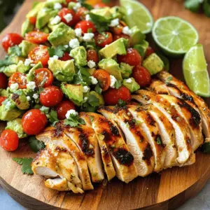 - 4 boneless, skinless chicken breasts - 1/4 cup freshly squeezed lime juice - Zest of 2 limes - 2 tablespoons extra virgin olive oil - 1 teaspoon chili powder - 1 teaspoon ground cumin - 1/2 teaspoon garlic powder - Salt and freshly cracked black pepper, to taste - 1 ripe avocado, diced into bite-sized pieces - 1/2 cup cherry tomatoes, halved - 1/4 cup fresh cilantro, finely chopped - 1/2 cup crumbled feta cheese - Lime wedges, for garnish In this recipe, I focus on fresh and zesty flavors. The chicken and marinade create a tangy base. Lime juice and zest give it a bright, citrus taste. The olive oil adds richness. Chili powder and cumin bring warmth. Garlic powder adds depth. Don’t forget the salt and pepper for balance. The avocado salad is a star too. Ripe avocado adds creaminess. Cherry tomatoes add sweetness and color. Fresh cilantro gives it a burst of herb flavor. Crumbled feta cheese adds a salty note. Together, they create a refreshing topping for the grilled chicken. For garnish, lime wedges are perfect. They add an extra pop of flavor when squeezed on top. Each ingredient plays a role in creating a delicious meal. Keep everything fresh for the best taste! Preparing the Marinade To start, grab a medium bowl. Mix together 1/4 cup lime juice and the zest of 2 limes. Add in 2 tablespoons of olive oil, 1 teaspoon of chili powder, 1 teaspoon of cumin, and 1/2 teaspoon of garlic powder. Don’t forget a pinch of salt and pepper. Whisk it all until it blends nicely. This zesty mix is what gives the chicken its flavor. Coating the Chicken Take your 4 chicken breasts and place them in a zip-lock bag or shallow dish. Pour the marinade over them. Make sure every piece is well coated. Seal the bag or cover the dish. This helps the chicken soak up all the tasty flavors. Refrigeration Tips Now, let the chicken marinate in the fridge. You can leave it for at least 30 minutes. For even better flavor, let it sit for up to 2 hours. Just remember to keep it cool so the chicken stays fresh. Preheating the Grill Next, you need to preheat your grill or grill pan. Set it to medium-high heat. This step is key for getting a good sear. A hot grill makes the chicken juicy and flavorful. Grilling Time and Temperature Once the grill is hot, take the chicken out of the marinade. Let any extra drip off before placing it on the grill. Grill each side for about 6-7 minutes. You want the chicken to reach 165°F inside. That means it’s safe to eat and perfectly cooked. Resting the Chicken After grilling, take the chicken off the heat. Let it rest for a couple of minutes. This helps the juices stay inside, making the chicken tender and juicy. Combining Salad Ingredients While the chicken cooks, you can make the avocado salad. In a mixing bowl, add 1 diced avocado, 1/2 cup halved cherry tomatoes, 1/4 cup chopped cilantro, and 1/2 cup crumbled feta cheese. This mix adds freshness to your meal. Tossing Techniques Gently toss the salad ingredients together. Be careful not to mash the avocado. Use a light hand to keep the pieces intact. A little lime juice on top adds extra flavor. Serving Suggestions Once the chicken is ready, slice it and place it on a plate. Top it generously with the avocado salad. For a pop of color, garnish with lime wedges. Enjoy your colorful and tasty dish! To get that perfect sear on your chicken, heat your grill well. Aim for medium-high heat. Place the chicken on the grill and don’t move it for the first few minutes. This gives it time to brown. After a few minutes, flip it to the other side. The grill marks will show you did it right. To keep your chicken juicy, watch the cooking time. Grill each side for about 6-7 minutes. Use a thermometer to check the inside. It should reach 165°F (75°C). Letting the chicken rest for a few minutes after grilling also helps keep it moist. This step is key for great flavor. You can add more flavor by using fresh herbs. Consider fresh oregano or thyme. These herbs can really lift the dish. For a spicy kick, try adding a pinch of cayenne pepper to your marinade. This small change can make your chicken pop with flavor. When picking avocados, look for ones that are firm but slightly soft. Gently press the skin with your thumb. If it gives a little, it's ripe. Avoid dark spots, as these can mean the fruit is overripe. Fresh avocados make all the difference in your salad. To keep your avocado looking fresh, use lime juice. Toss the diced avocado in lime juice right after cutting. This will slow down the browning process. If you have leftovers, store them in an airtight container with a bit of lime juice on top. If feta isn't your favorite, try goat cheese or mozzarella. Both can add a nice twist. For more crunch, add sliced radishes or bell peppers. These extras can make your salad even more exciting and colorful. Feel free to get creative! {{image_4}} Adding Spices and Herbs You can boost flavor by adding spices and herbs. Try smoked paprika for a deeper taste. Fresh oregano or thyme can add a nice touch. Experimenting with spices creates a unique flavor profile for your chicken. Protein Alternatives If you want variety, swap the chicken for other proteins. Turkey breasts work well and taste great. You can also use shrimp for a lighter option. Grilled fish, like salmon, pairs nicely with lime too. Vegetarian Version Ideas For a vegetarian twist, replace the chicken with tofu or tempeh. Marinate them just like the chicken. Grilling gives tofu a nice texture. You could also use grilled portobello mushrooms for a hearty option. Side Dishes This dish pairs well with various sides. Try cilantro-lime rice for a fresh taste. Black beans or corn salad add protein and color. A simple green salad can also lighten the meal. Meal Prep Options Fiesta Lime Chicken is perfect for meal prep. Grill extra chicken to use throughout the week. The avocado salad stays good for a day or two. Pack it in containers for easy lunches. Party Platter Ideas For gatherings, serve Fiesta Lime Chicken on a platter. Slice the chicken and top it with avocado salad. Add lime wedges for zest. Include tortilla chips for a fun crunch. Refrigeration Guidelines To keep your Fiesta Lime Chicken fresh, store leftovers in an airtight container. Place the chicken and avocado salad in separate containers. The chicken stays good for up to four days in the fridge. The salad, with avocado, is best eaten within two days. This ensures the avocado stays fresh and tasty. Freezing Tips If you want to save some for later, freeze the chicken without the salad. Wrap the chicken tightly in plastic wrap or foil, then place it in a freezer bag. It can last for about three months in the freezer. Avoid freezing the avocado salad, as it may become mushy when thawed. Best Methods for Reheating Chicken To reheat the chicken, the oven works best. Preheat your oven to 350°F (175°C). Place the chicken on a baking sheet and cover it with foil. Heat it for about 15-20 minutes until it’s warmed through. You can also use a microwave. Heat in short bursts, checking often, to avoid drying it out. Maintaining Salad Freshness For the avocado salad, do not reheat it. Instead, serve it cold. If the salad has been in the fridge, give it a gentle mix before serving. Add a little fresh lime juice to perk it up. This keeps the flavors bright and refreshing. To add heat, you can use a few different methods. First, add more chili powder to your marinade. You could also mix in some cayenne pepper or crushed red pepper flakes. If you enjoy fresh heat, consider adding sliced jalapeños to the avocado salad. These small tweaks can really boost the spice level without losing flavor. Yes, you can use frozen chicken. However, you must thaw it first. The best way is to place it in the fridge overnight. If you're short on time, you can use the microwave's defrost setting. Just remember, thawed chicken absorbs the marinade better, leading to more flavor. Yes, marinating chicken overnight is safe. In fact, it can enhance the flavor and tenderness. Just ensure you keep the chicken in the fridge while it marinates. Use a covered dish or a sealed bag to prevent any cross-contamination. This will help keep your chicken juicy and packed with flavor. This blog post covered how to make a delicious fiesta lime chicken with avocado salad. We explored what ingredients you need, marinating tips, grilling techniques, and salad perfection. The variations section showed how to switch things up or serve the meal. Lastly, I shared how to store leftovers and answer common questions. Remember, cooking is fun! Try new ideas and enjoy your meal. Happy grilling!