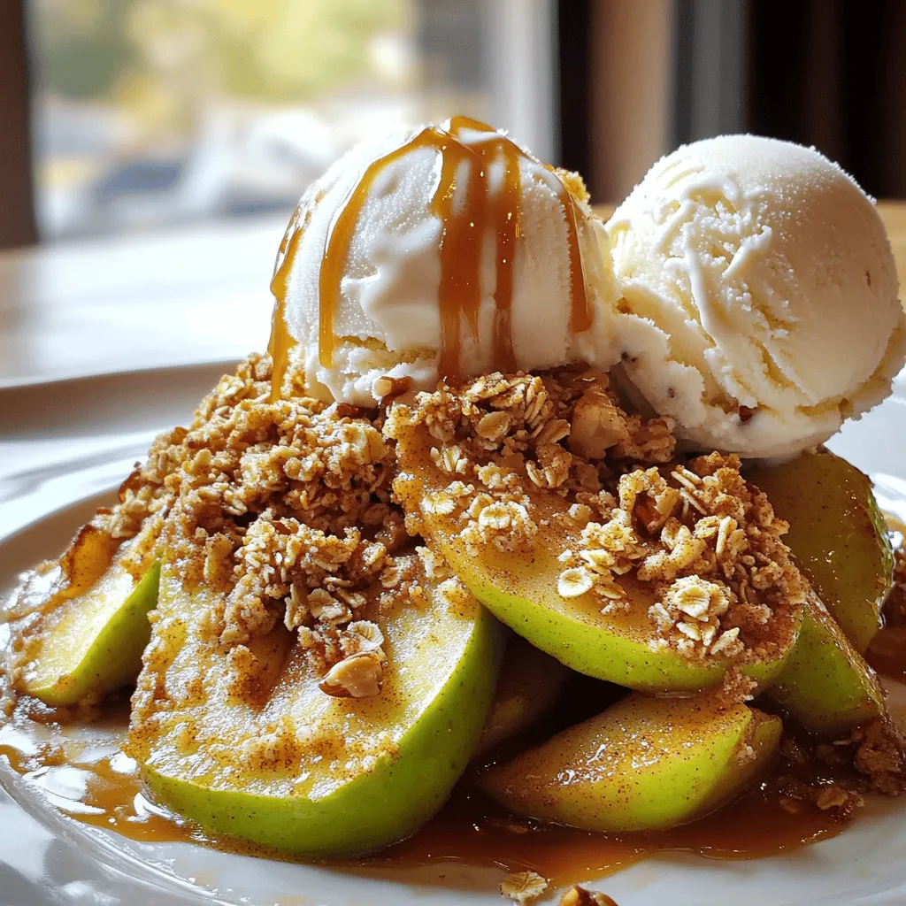To create your Old-Fashioned Baked Apple Slices with Vanilla Ice Cream, you will need fresh, simple ingredients. Each one plays a vital role in crafting this classic dessert. Here’s what you’ll need: - 4 medium apples (e.g., Granny Smith or Honeycrisp) - 1/4 cup packed brown sugar - 1 teaspoon ground cinnamon - 1/4 teaspoon ground nutmeg - 1 tablespoon fresh lemon juice - 2 tablespoons unsalted butter, melted - 1 cup rolled oats - 1 cup vanilla ice cream (for serving) These ingredients combine to form a warm, sweet dish. The apples bring a natural tartness, while the spices add depth. The rolled oats give a nice crunch on top, making each bite satisfying. The cold vanilla ice cream contrasts beautifully with the warm baked apple slices, creating a delightful experience. For the full recipe, be sure to check the detailed instructions to bring this dish to life! - Preheat oven to 350°F (175°C). - Lightly grease a 9x13-inch baking dish. - Take 4 medium apples, peeled, cored, and sliced. - In a bowl, mix apple slices with 1/4 cup brown sugar, 1 teaspoon cinnamon, and 1/4 teaspoon nutmeg. - Add 1 tablespoon lemon juice and 2 tablespoons melted butter. - Toss gently until all apples are coated. - Transfer the apple mixture into the greased baking dish. - In the same bowl, combine 1 cup rolled oats with a pinch of cinnamon and some brown sugar. - Sprinkle this oat mixture over the apples evenly. - Bake in the preheated oven for 25-30 minutes. - Check if apples are soft and topping is golden brown. For the full recipe, check the earlier section. Enjoy the warm apples topped with creamy vanilla ice cream! Choose the right apples for baking. I suggest using Granny Smith or Honeycrisp apples. They offer a nice balance of sweetness and tartness. Granny Smith apples are tart, while Honeycrisp apples are sweet and crisp. Mixing these two types gives great flavor and texture. To get that perfect crunchy topping, use rolled oats. You can add a bit of brown sugar to the oats for extra sweetness. Mixing in a pinch of cinnamon enhances the flavor. Ensure the melted butter is evenly mixed into the oats. This helps create a golden, crunchy topping that pairs well with the soft apples. When serving, scoop warm baked apple slices onto a plate. Top each serving with a generous scoop of vanilla ice cream. The warm apples and cool ice cream create a delightful contrast. For an extra treat, drizzle warm caramel sauce on top. You can also sprinkle chopped nuts, like pecans or walnuts, for added crunch. For the full recipe, check the above section. {{image_4}} You can make baked apple slices even better. Consider adding nuts or dried fruits for texture and flavor. Here are some great options: - Chopped pecans - Sliced almonds - Walnuts - Raisins - Dried cranberries These ingredients add crunch and a fruity burst. Just mix them in with your apples before baking. Want to change things up? You can swap ingredients for healthier options. Instead of butter, try coconut oil or applesauce. For sugar, consider honey or maple syrup. These swaps keep your dish delicious while adding new flavors. While vanilla ice cream pairs perfectly, you can explore other flavors. Here are some delicious options: - Cinnamon ice cream - Caramel swirl ice cream - Butter pecan ice cream - Chocolate ice cream Each of these choices brings a new twist to your baked apple slices. Don't be afraid to experiment! For the full recipe, check out the main article. To keep your baked apple slices fresh, place them in an airtight container. Make sure they cool to room temperature first. This helps prevent moisture buildup. Store them in the fridge for up to three days. If you want to enjoy them later, consider freezing instead. When you are ready to eat your leftovers, preheat your oven to 350°F (175°C). Place the apple slices in a baking dish. Cover them with foil to keep them from drying out. Heat for about 10 minutes. This method helps keep the slices soft and flavorful. You can also reheat them in the microwave for one to two minutes, but the oven gives better results. If you want to freeze your baked apple slices, let them cool completely first. Arrange them in a single layer on a baking sheet. Freeze until solid, then transfer them to a freezer-safe bag. They will last for about three months in the freezer. When you're ready to eat, thaw them in the fridge overnight. Then, reheat as mentioned above. Enjoy this delightful treat whenever you crave it! For the full recipe, check out the earlier section. Yes, you can use other fruits! Pears work great. Peaches add a nice sweetness. You could also try plums or berries for a different twist. Each fruit brings unique flavors to your dish. Baked apple slices last about 3-5 days in the fridge. Store them in an airtight container. They will still taste good but may lose some texture over time. You can prepare the apples a day ahead. Slice them and mix with sugar and spices. Cover and store in the fridge. Bake them right before serving for fresh flavors. If you want a dairy-free option, try coconut or almond ice cream. Sorbet is also a good choice if you prefer something lighter. You can even use yogurt for a tangy twist. You learned how to make a delicious baked apple dish. We discussed the right ingredients, including apples, sugar, and oats. I shared step-by-step instructions to guide you through the process. Tips on picking the best apples and topping texture helped enhance your dish. You also found storage tips and flavors for swapping ingredients. Remember, baking should be fun. Experiment with toppings or ice cream. Enjoy your tasty treat and share it with others!
