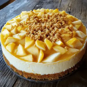 To make the creamy apple crumble cheesecake, gather these ingredients: - 1 ½ cups graham cracker crumbs - ½ cup unsalted butter, melted - 1 tablespoon granulated sugar - 2 cups cream cheese, softened - 1 cup granulated sugar - 3 large eggs - 1 teaspoon vanilla extract - ½ cup sour cream - 2 cups apples, peeled and diced - 1 teaspoon ground cinnamon - ½ teaspoon ground nutmeg - ½ cup rolled oats - ¼ cup packed brown sugar - ¼ cup all-purpose flour - Pinch of salt These simple ingredients bring together the rich, creamy cheesecake and the delightful crumble. The graham cracker crumbs form a crisp base. The melted butter binds them, adding richness. Cream cheese is the star here, giving the cheesecake its creamy texture. Eggs help set the cheesecake while vanilla and sour cream add depth. The apples bring a fresh, fruity flavor, enhanced by cinnamon and nutmeg. For the crumble, rolled oats, brown sugar, flour, and a pinch of salt create a crunchy topping. Each ingredient plays a key role in making this dessert a hit. First, preheat your oven to 325°F (163°C). This is the perfect temperature for baking our cheesecake. Next, take a 9-inch springform pan and lightly grease it with cooking spray. This step helps to prevent the cheesecake from sticking. In a medium mixing bowl, mix 1 ½ cups of graham cracker crumbs, ½ cup of melted unsalted butter, and 1 tablespoon of granulated sugar. Stir until it resembles wet sand. Then, press this mixture evenly into the bottom of the pan. Bake for 10 minutes and let it cool completely. Now, let’s make the filling. In a large mixing bowl, beat 2 cups of softened cream cheese with an electric mixer. Keep mixing until it’s smooth and creamy. Gradually add 1 cup of granulated sugar. Mix until it’s fluffy. Then, add 3 large eggs one at a time, mixing on low speed after each addition. Stir in 1 teaspoon of vanilla extract and ½ cup of sour cream. Mix until everything is silky smooth. Time to add some apples! In a separate bowl, mix 2 cups of diced apples with 1 teaspoon of ground cinnamon and ½ teaspoon of ground nutmeg. This gives the apples a nice warm flavor. Gently fold the spiced apples into the cheesecake batter. Make sure they are evenly mixed in. Then, pour the cheesecake mixture over the cooled graham cracker crust. Use a spatula to spread it evenly. Let’s create the crumble topping! In another bowl, mix ½ cup of rolled oats, ¼ cup of packed brown sugar, ¼ cup of all-purpose flour, and a pinch of salt. Stir until it’s well combined. Evenly sprinkle this topping over the cheesecake layer. This will add a nice crunch. Bake the cheesecake in the preheated oven for 55 to 65 minutes. The center should be set but still jiggle slightly when shaken. Once baked, remove it from the oven and let it cool on a wire rack for at least 1 hour. This cooling step is important for the texture. After cooling, transfer the cheesecake to the refrigerator. Chill for at least 4 hours, but overnight is best. This helps the flavors meld and sets the cheesecake. When ready to serve, carefully take off the sides of the springform pan. Slice the cheesecake into 10 even pieces. For a pretty touch, sprinkle some cinnamon on each slice and add a few thin apple slices on the side. Enjoy your creamy apple crumble cheesecake! To make your cheesecake smooth, beat the cream cheese well. Start with softened cream cheese for the best results. Mix until creamy, then add sugar slowly. This helps avoid lumps. When you add eggs, mix each one in just until combined. This keeps air from getting in and makes cracks less likely. Bake your cheesecake at a low temperature. A gentle bake helps it cook evenly, reducing cracks. You can make your cheesecake special by adding spices. Try mixing in a bit of ginger or cardamom for a unique twist. If you want to change the fruit, go for berries or pears. Just remember to adjust the spices to match the fruit you choose. This way, you can create your own flavor masterpiece! When you serve your cheesecake, think about garnishes. A sprinkle of cinnamon adds a nice touch. Thin apple slices on the side make it look fresh and pretty. For drinks, pair it with a warm cup of tea or a sweet cider. These choices enhance the flavors and make each bite more enjoyable. {{image_4}} You can make mini cheesecakes using muffin tins. This method is fun and perfect for parties. Simply line the muffin tin with cupcake liners. Prepare the crust as usual and press it into each liner. Adjust the bake time to about 20 to 25 minutes. They are done when the center is just set. Let them cool, then chill before serving. For a gluten-free version, substitute the graham cracker crumbs. You can use almond flour or gluten-free cookie crumbs instead. These options add nice flavor and texture. When making the crumble topping, use a gluten-free flour alternative like coconut flour. This way, everyone can enjoy the dessert! Want a vegan cheesecake? Use plant-based ingredients. For the cream cheese, try cashew cream or a store-bought vegan cream cheese. Replace the eggs with flaxseed meal mixed with water. Use 1 tablespoon of flaxseed meal and 2.5 tablespoons of water for each egg. Adjust baking techniques by lowering the temperature to 300°F (150°C) and baking slightly longer. This helps achieve a creamy texture without dairy! To store leftovers, place the cheesecake in an airtight container. This helps keep it fresh. You can also cover it tightly with plastic wrap. It’s best to chill the cheesecake for at least four hours before serving. But if you have time, letting it chill overnight is even better. If you want to freeze the cheesecake, first let it cool completely. Then, slice it into pieces. Wrap each slice in plastic wrap. Place the wrapped slices in a freezer-safe bag or container. This way, you can enjoy them later without losing flavor. When you want to eat a slice, take it out and let it thaw in the fridge. This usually takes a few hours. In the fridge, the cheesecake lasts about five days. Look for signs of spoilage, like an off smell or a change in texture. If the cheesecake feels slimy or dry, it’s best to throw it away. Enjoy this delicious dessert while it’s still fresh! You can use Greek yogurt or ricotta cheese. These options provide a creamy texture. You might also try mascarpone for a richer flavor. Just remember, the taste may slightly change. Yes, you can make this cheesecake a day or two in advance. It actually tastes better after chilling. Just cover it well and keep it in the fridge until you are ready to serve. Cracking happens for a few reasons. The oven may be too hot, or you might have overmixed the batter. To prevent this, bake at a lower temperature and mix gently. Also, cool it slowly in the oven after baking. Absolutely! Pears or peaches work well too. You can even use berries for a fun twist. Just make sure to adjust the spices to suit the fruit you choose. The cheesecake is done when it has a slight jiggle in the center. It should not be liquidy. You can also check if the edges are set and slightly puffed. This blog shared all the steps to make a tasty apple cheesecake. You learned about the ingredients, how to prepare the crust and filling, and tips for the best texture. Variations like mini versions and vegan options give you more choices. Follow the tips for storage and serving suggestions to enjoy your cheesecake longer. I hope you feel ready to bake this delicious treat. Just remember, practice makes perfect! Happy baking!