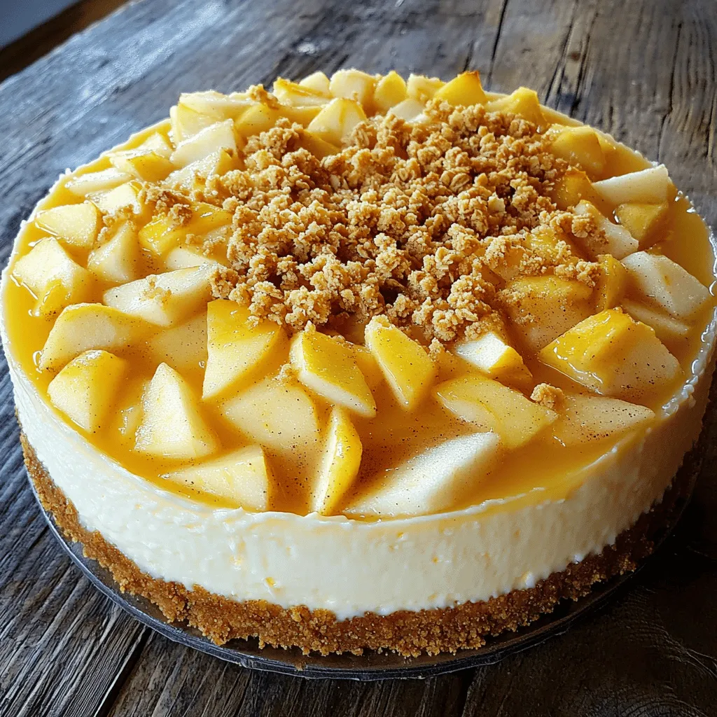 To make the creamy apple crumble cheesecake, gather these ingredients: - 1 ½ cups graham cracker crumbs - ½ cup unsalted butter, melted - 1 tablespoon granulated sugar - 2 cups cream cheese, softened - 1 cup granulated sugar - 3 large eggs - 1 teaspoon vanilla extract - ½ cup sour cream - 2 cups apples, peeled and diced - 1 teaspoon ground cinnamon - ½ teaspoon ground nutmeg - ½ cup rolled oats - ¼ cup packed brown sugar - ¼ cup all-purpose flour - Pinch of salt These simple ingredients bring together the rich, creamy cheesecake and the delightful crumble. The graham cracker crumbs form a crisp base. The melted butter binds them, adding richness. Cream cheese is the star here, giving the cheesecake its creamy texture. Eggs help set the cheesecake while vanilla and sour cream add depth. The apples bring a fresh, fruity flavor, enhanced by cinnamon and nutmeg. For the crumble, rolled oats, brown sugar, flour, and a pinch of salt create a crunchy topping. Each ingredient plays a key role in making this dessert a hit. First, preheat your oven to 325°F (163°C). This is the perfect temperature for baking our cheesecake. Next, take a 9-inch springform pan and lightly grease it with cooking spray. This step helps to prevent the cheesecake from sticking. In a medium mixing bowl, mix 1 ½ cups of graham cracker crumbs, ½ cup of melted unsalted butter, and 1 tablespoon of granulated sugar. Stir until it resembles wet sand. Then, press this mixture evenly into the bottom of the pan. Bake for 10 minutes and let it cool completely. Now, let’s make the filling. In a large mixing bowl, beat 2 cups of softened cream cheese with an electric mixer. Keep mixing until it’s smooth and creamy. Gradually add 1 cup of granulated sugar. Mix until it’s fluffy. Then, add 3 large eggs one at a time, mixing on low speed after each addition. Stir in 1 teaspoon of vanilla extract and ½ cup of sour cream. Mix until everything is silky smooth. Time to add some apples! In a separate bowl, mix 2 cups of diced apples with 1 teaspoon of ground cinnamon and ½ teaspoon of ground nutmeg. This gives the apples a nice warm flavor. Gently fold the spiced apples into the cheesecake batter. Make sure they are evenly mixed in. Then, pour the cheesecake mixture over the cooled graham cracker crust. Use a spatula to spread it evenly. Let’s create the crumble topping! In another bowl, mix ½ cup of rolled oats, ¼ cup of packed brown sugar, ¼ cup of all-purpose flour, and a pinch of salt. Stir until it’s well combined. Evenly sprinkle this topping over the cheesecake layer. This will add a nice crunch. Bake the cheesecake in the preheated oven for 55 to 65 minutes. The center should be set but still jiggle slightly when shaken. Once baked, remove it from the oven and let it cool on a wire rack for at least 1 hour. This cooling step is important for the texture. After cooling, transfer the cheesecake to the refrigerator. Chill for at least 4 hours, but overnight is best. This helps the flavors meld and sets the cheesecake. When ready to serve, carefully take off the sides of the springform pan. Slice the cheesecake into 10 even pieces. For a pretty touch, sprinkle some cinnamon on each slice and add a few thin apple slices on the side. Enjoy your creamy apple crumble cheesecake! To make your cheesecake smooth, beat the cream cheese well. Start with softened cream cheese for the best results. Mix until creamy, then add sugar slowly. This helps avoid lumps. When you add eggs, mix each one in just until combined. This keeps air from getting in and makes cracks less likely. Bake your cheesecake at a low temperature. A gentle bake helps it cook evenly, reducing cracks. You can make your cheesecake special by adding spices. Try mixing in a bit of ginger or cardamom for a unique twist. If you want to change the fruit, go for berries or pears. Just remember to adjust the spices to match the fruit you choose. This way, you can create your own flavor masterpiece! When you serve your cheesecake, think about garnishes. A sprinkle of cinnamon adds a nice touch. Thin apple slices on the side make it look fresh and pretty. For drinks, pair it with a warm cup of tea or a sweet cider. These choices enhance the flavors and make each bite more enjoyable. {{image_4}} You can make mini cheesecakes using muffin tins. This method is fun and perfect for parties. Simply line the muffin tin with cupcake liners. Prepare the crust as usual and press it into each liner. Adjust the bake time to about 20 to 25 minutes. They are done when the center is just set. Let them cool, then chill before serving. For a gluten-free version, substitute the graham cracker crumbs. You can use almond flour or gluten-free cookie crumbs instead. These options add nice flavor and texture. When making the crumble topping, use a gluten-free flour alternative like coconut flour. This way, everyone can enjoy the dessert! Want a vegan cheesecake? Use plant-based ingredients. For the cream cheese, try cashew cream or a store-bought vegan cream cheese. Replace the eggs with flaxseed meal mixed with water. Use 1 tablespoon of flaxseed meal and 2.5 tablespoons of water for each egg. Adjust baking techniques by lowering the temperature to 300°F (150°C) and baking slightly longer. This helps achieve a creamy texture without dairy! To store leftovers, place the cheesecake in an airtight container. This helps keep it fresh. You can also cover it tightly with plastic wrap. It’s best to chill the cheesecake for at least four hours before serving. But if you have time, letting it chill overnight is even better. If you want to freeze the cheesecake, first let it cool completely. Then, slice it into pieces. Wrap each slice in plastic wrap. Place the wrapped slices in a freezer-safe bag or container. This way, you can enjoy them later without losing flavor. When you want to eat a slice, take it out and let it thaw in the fridge. This usually takes a few hours. In the fridge, the cheesecake lasts about five days. Look for signs of spoilage, like an off smell or a change in texture. If the cheesecake feels slimy or dry, it’s best to throw it away. Enjoy this delicious dessert while it’s still fresh! You can use Greek yogurt or ricotta cheese. These options provide a creamy texture. You might also try mascarpone for a richer flavor. Just remember, the taste may slightly change. Yes, you can make this cheesecake a day or two in advance. It actually tastes better after chilling. Just cover it well and keep it in the fridge until you are ready to serve. Cracking happens for a few reasons. The oven may be too hot, or you might have overmixed the batter. To prevent this, bake at a lower temperature and mix gently. Also, cool it slowly in the oven after baking. Absolutely! Pears or peaches work well too. You can even use berries for a fun twist. Just make sure to adjust the spices to suit the fruit you choose. The cheesecake is done when it has a slight jiggle in the center. It should not be liquidy. You can also check if the edges are set and slightly puffed. This blog shared all the steps to make a tasty apple cheesecake. You learned about the ingredients, how to prepare the crust and filling, and tips for the best texture. Variations like mini versions and vegan options give you more choices. Follow the tips for storage and serving suggestions to enjoy your cheesecake longer. I hope you feel ready to bake this delicious treat. Just remember, practice makes perfect! Happy baking!