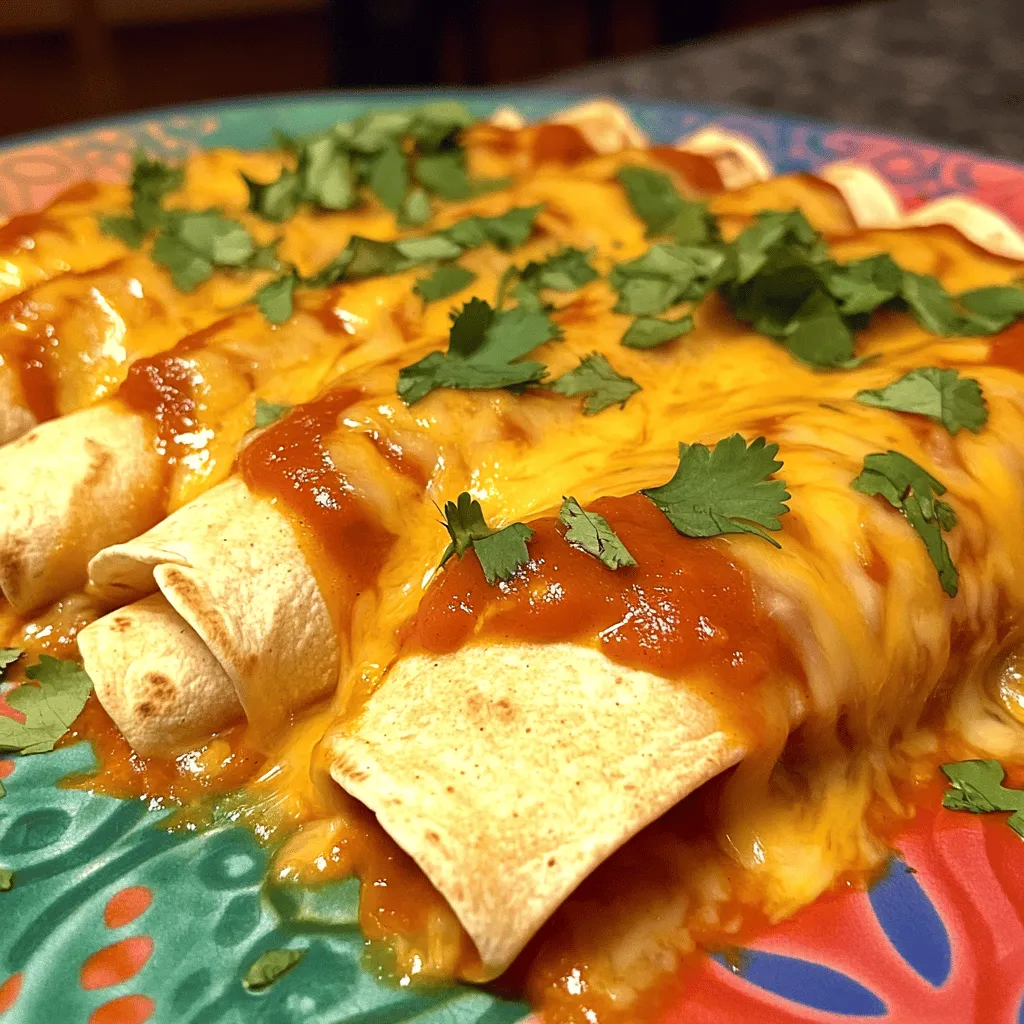 - 10 corn tortillas - 2 cups shredded cheddar cheese - 1 cup shredded Monterey Jack cheese - 1 small onion, finely chopped - 2 cloves garlic, minced - 1 teaspoon ground cumin - 1 teaspoon smoked paprika - 2 cups enchilada sauce (store-bought or homemade) - 1 tablespoon olive oil - Salt and pepper to taste - Fresh cilantro, chopped (for garnish) To make cheese enchiladas with chili gravy, you need a few key ingredients. First, the corn tortillas are the base. They hold all the cheesy goodness inside. Then, we use cheddar and Monterey Jack cheese for that rich, melty taste. Next, we add some flavor with finely chopped onion and minced garlic. These boost the taste profile. Ground cumin and smoked paprika give it a warm, earthy flavor. For the sauce, you can use store-bought or homemade enchilada sauce. This is where the magic happens. The sauce ties everything together, making the dish moist and flavorful. You'll also need olive oil to cook the aromatics, along with salt and pepper for seasoning. Finally, fresh cilantro adds a bright touch when serving, making the dish pop visually and flavor-wise. For the full recipe, check out the detailed instructions on how to prepare this delicious meal! - Preheat the Oven: Set your oven to 375°F (190°C). This step is key for even cooking. - Sauté the Aromatics: In a skillet, heat the olive oil over medium heat. Once hot, add the chopped onion. Cook for 3-4 minutes until it turns translucent. Then, add the minced garlic and sauté for one more minute. - Add Garlic and Spices: Stir in the ground cumin and smoked paprika. Let them cook for a minute, mixing well. This adds great flavor to the filling. - Combine Cheese Mixture: In a large bowl, mix the shredded cheddar and Monterey Jack cheeses. Add half of the sautéed onion mix. Season with salt and pepper to taste. This creates a rich and creamy filling. - Assemble the Enchiladas: Pour half of the enchilada sauce into a shallow dish. Take a corn tortilla, scoop some cheese mixture into the center, and roll it up. Place it seam-side down in the dish. Repeat this with all tortillas. - Top with Sauce and Cheese: Pour the remaining enchilada sauce over the rolled tortillas. Make sure each one is covered. Sprinkle the leftover cheese mixture on top for extra cheesy goodness. - Bake to Perfection: Place the dish in your preheated oven. Bake for 20-25 minutes. You want the cheese to melt and bubble, with edges turning golden. These steps make the process easy and fun. For a full recipe with all details, check out the [Full Recipe]. To prevent tortillas from breaking, heat them briefly in a skillet. This makes them soft and pliable. You can also wrap them in a damp cloth and microwave for about 30 seconds. This helps keep them from cracking when you roll them. When choosing enchilada sauce, homemade sauce has a fresher taste. You can control the spice level and ingredients. Store-bought sauce is quick and still tasty. If you choose it, look for one with simple ingredients and no added sugars. Pair your enchiladas with sides like fluffy rice, seasoned beans, or a fresh salad. These sides balance the richness of the cheese. For the best look, serve enchiladas on a colorful plate. Drizzle extra sauce on top and add a sprig of cilantro for a pop of color. Use a 9x13-inch baking dish for even cooking. A non-stick dish helps with easy removal. A large skillet makes sautéing the onion and garlic simple. You will also need a mixing bowl for the cheese filling. A spatula is handy for assembly and serving. For easy rolling, have a plate ready to hold the filled tortillas. For the full recipe, check out the detailed instructions and ingredient list. {{image_4}} You can switch up the cheese in your enchiladas. Try using Oaxaca cheese for a melty texture. Pepper Jack adds a nice kick with its spice. If you want to change the protein, you can use chicken, beef, or even beans. They all work well and add flavor. For a healthier twist, consider using whole wheat tortillas. They have more fiber and nutrients than regular ones. You might also opt for gluten-free tortillas if you need a different option. Low-fat cheese is another great swap. It still melts well and cuts some calories. To give your enchiladas a new flavor, add spices like chili powder or cumin. This can change the taste and make it more exciting. You can also make vegetarian or vegan enchiladas. Just swap cheese for a plant-based option and use more veggies. These options still taste great and are fun to make. For the full recipe, be sure to check the earlier sections. To keep your cheese enchiladas fresh, store any leftovers in the fridge. Place them in an airtight container. This helps to lock in moisture and flavor. If you don’t have a container, wrap them tightly with plastic wrap. This method also works well. If you want to save enchiladas for later, freezing is a great option. First, let them cool completely. Then, wrap each enchilada in plastic wrap. After that, place them inside a freezer bag. Remove as much air as you can before sealing. For reheating, let them thaw overnight in the fridge. Heat them in the oven at 350°F (175°C) until hot. This keeps the texture nice and cheesy. Cheese enchiladas can last in the fridge for about 3 to 4 days. If you freeze them, they can last up to 3 months. Always check for signs of spoilage. If the cheese looks moldy or the sauce smells off, it’s best to toss them out. Enjoy your enchiladas while they’re fresh for the best taste! For the complete recipe, check the Full Recipe section. How to make cheese enchiladas with chili gravy from scratch? To make cheese enchiladas with chili gravy, you need to start with the tortillas. Use corn tortillas for the best flavor. Next, fill each tortilla with a mix of shredded cheddar and Monterey Jack cheese. Roll them up tight and place them in a baking dish. Pour chili gravy over the top. Bake at 375°F (190°C) for about 20-25 minutes until bubbly. For the full steps, check the Full Recipe. Can I make enchiladas ahead of time? Yes, you can prepare enchiladas ahead of time. Assemble them, cover them with sauce, and then store in the fridge. They can sit for up to 24 hours before baking. This saves time on busy nights. What’s the best way to reheat enchiladas? The best way to reheat enchiladas is in the oven. Preheat it to 350°F (175°C). Place the enchiladas in a baking dish and cover with foil. Heat for about 15-20 minutes. This keeps them soft and cheesy. What can I use instead of corn tortillas? If you can’t find corn tortillas, you can use flour tortillas. They will change the flavor and texture a bit, but they work well. You can also try gluten-free tortillas if needed. Can I substitute chicken broth for enchilada sauce? You can use chicken broth, but it will not give the same flavor. It can help moisten the enchiladas if you mix it with some spices. Consider adding chili powder or cumin for a better taste. Are cheese enchiladas gluten-free? Traditional cheese enchiladas are not gluten-free due to corn tortillas. However, you can use gluten-free tortillas to make them suitable for a gluten-free diet. Can I make this recipe low-carb? You can make low-carb enchiladas by using zucchini or cauliflower tortillas. You can also reduce the cheese or use a low-fat cheese to cut carbs. You now have a complete guide to making delicious cheese enchiladas. We covered the key ingredients, preparation steps, and tips for getting it just right. You learned how to get the flavors perfect and how to store leftovers too. Whether you want to make this dish simple or add your own twist, the options are endless. Enjoy creating a meal that’s fun, tasty, and sure to impress. Dive in and start cooking; your homemade enchiladas await!