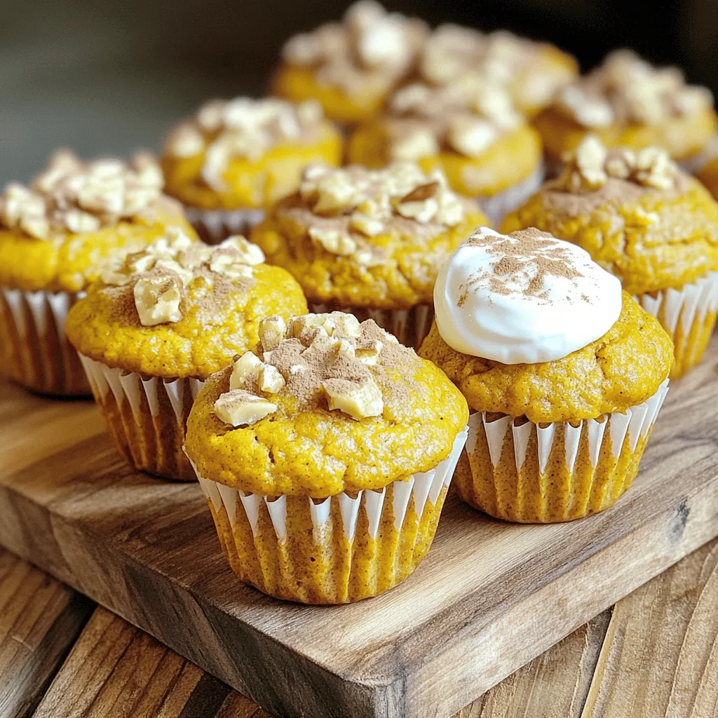 - 1 cup pumpkin puree - 1 cup rolled oats - ½ cup vanilla protein powder - ¼ cup honey or maple syrup - 1/3 cup almond milk (or any milk of your choice) - 2 large eggs - 1 teaspoon baking powder - 1 teaspoon baking soda - 1 teaspoon ground cinnamon - ½ teaspoon ground nutmeg - ½ teaspoon vanilla extract - ¼ teaspoon salt - Optional: ½ cup chopped walnuts or pecans Each muffin is packed with nutrients. Here’s what you get: - Calories: About 120 - Protein: 6 grams - Carbohydrates: 18 grams - Fiber: 3 grams - Sugar: 5 grams - Fat: 3 grams These muffins offer a great balance of protein and healthy carbs. They’re perfect for breakfast or a snack. You can swap ingredients based on your taste or needs. Here are a few ideas: - Use almond flour instead of rolled oats for a gluten-free option. - Swap honey with agave syrup for a vegan choice. - Replace eggs with flaxseed meal (1 tablespoon flaxseed + 2.5 tablespoons water) for a vegan muffin. - Try coconut milk instead of almond milk for a richer flavor. - Add chocolate chips or dried fruit for a sweet twist. These simple swaps keep the muffins delicious while meeting your dietary needs. Start by preheating your oven to 350°F (175°C). This step ensures even baking. Next, prepare your muffin tin. You can use paper liners in each cup, or lightly grease them with cooking spray. This helps the muffins come out easily after baking. In a large mixing bowl, combine the following ingredients: - 1 cup pumpkin puree - 1 cup rolled oats - ½ cup vanilla protein powder - ¼ cup honey or maple syrup - 1/3 cup almond milk (or any milk of your choice) - 2 large eggs - ½ teaspoon vanilla extract Use a whisk or spatula to mix these items well. You want a smooth mixture with no lumps. This blend is where the magic begins. In another bowl, whisk together the dry ingredients: - 1 teaspoon baking powder - 1 teaspoon baking soda - 1 teaspoon ground cinnamon - ½ teaspoon ground nutmeg - ¼ teaspoon salt Make sure these components are evenly mixed. This step is crucial for a good rise and flavor in your muffins. Now, gently fold the dry mixture into the wet ingredients. Mix just until combined. Be careful not to overmix, as this can make the muffins tough. If you want added crunch, fold in ½ cup chopped walnuts or pecans at this point. Spoon the batter into the muffin tin, filling each cup about two-thirds full. This allows room for the muffins to rise. Place the tin in the preheated oven and bake for 18-20 minutes. Check doneness with a toothpick in the center of a muffin. If it comes out clean, they are ready. Once baked, take the muffins out and let them cool in the pan for about 5 minutes. Then, transfer them to a wire rack to cool completely before serving. Enjoy your delicious and healthy pumpkin protein muffins! To bake great muffins, follow these tips: - Use fresh ingredients: They make a big difference in taste. - Measure carefully: Use dry and liquid measuring cups for accuracy. - Preheat the oven: Always preheat to ensure even cooking. - Don’t overmix: Stir until just combined to keep muffins fluffy. - Fill the cups right: Fill each muffin cup two-thirds full for proper rise. Avoid these common mistakes for best results: - Too much flour: This can make muffins dry. Use a spoon to scoop and level. - Not enough baking powder: This can lead to flat muffins. Check the date on your baking powder. - Ignoring oven temperature: An oven that’s too hot or too cold affects baking time. - Skipping the cooling step: Letting muffins cool helps set their structure. You can easily enhance flavor and texture: - Add spices: Extra cinnamon or ginger gives muffins a warm flavor. - Incorporate nuts: Walnuts or pecans add crunch and richness. - Use yogurt: A dollop of yogurt can make muffins moist and tangy. - Try mix-ins: Chocolate chips or dried fruit can add sweetness and fun. With these tips, your pumpkin protein muffins will be tasty and satisfying! {{image_4}} You can make these muffins even more fun! Try adding cranberries or chocolate chips. Dried cranberries give a tart touch. Chocolate chips add sweetness. Both mix well with pumpkin. You can fold in about ½ cup of either before baking. This change gives your muffins a new flavor twist. Want a gluten-free version? It’s simple! Just swap out rolled oats for gluten-free oats. Be sure to check the label. Use almond flour instead of regular flour. This keeps it light and tasty. Your muffins will still be moist and delicious. If you want to cut sugar, choose unsweetened applesauce. Replace honey or maple syrup with it. You can also use a sugar substitute like stevia. This keeps your muffins sweet without added sugar. Keep in mind that flavor might change slightly. To keep your muffins fresh, store them in an airtight container. Place them at room temperature for up to three days. If you want them to last longer, refrigerate them. In the fridge, they stay good for about a week. Make sure to separate layers with parchment paper to avoid sticking. You can freeze these muffins for longer storage. Let them cool completely first. Then, wrap each muffin in plastic wrap or foil. Place the wrapped muffins in a freezer-safe bag or container. They will last for up to three months in the freezer. When you're ready to eat, just thaw them in the fridge overnight. To reheat, use your oven or microwave. For the oven, preheat to 350°F. Place the muffins on a baking sheet for about 10 minutes. For the microwave, heat each muffin for 15-20 seconds. Check to make sure they are warm throughout. Enjoy your tasty treat just like fresh! To boost fiber, add chia seeds or flaxseeds. Both seeds blend well in the mix. You can also replace some rolled oats with whole wheat flour. This adds more fiber without changing the taste. Yes, canned pumpkin works well. It is often thicker and creamier than fresh. Just make sure to choose pure pumpkin and not pumpkin pie filling. This keeps your muffins healthy and tasty. If you want to skip protein powder, try using ground oats. You can also use nut flour like almond flour for extra protein. Both options will change the taste a bit, but they keep your muffins nutritious. These muffins can stay fresh for about four days at room temperature. Store them in an airtight container. If you want to keep them longer, you can freeze them for up to three months. Yes, you can make mini muffins! Just reduce the baking time. Bake them for 10-15 minutes. Keep an eye on them to avoid overbaking. Mini muffins are fun and perfect for snacks. You can use flax eggs as a substitute. Mix one tablespoon of ground flaxseed with three tablespoons of water. Let it sit for a few minutes until it thickens. This works well to bind your muffins without eggs. You now have all the tools to make delicious pumpkin protein muffins. We covered key ingredients, baking steps, and helpful tips. You learned how to tweak the recipe for your preferences and how to store your muffins for freshness. Baking can be fun and easy with the right approach. Try these ideas to create your perfect muffin. Enjoy your baking journey and share these tips with others!