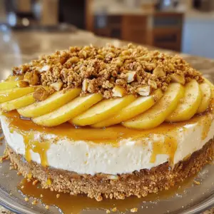 - 2 cups graham cracker crumbs - 1/2 cup unsalted butter, melted - 1/4 cup granulated sugar - 4 packages (8 oz each) cream cheese, softened - 1 cup granulated sugar (for cheesecake filling) - 1 teaspoon pure vanilla extract - 4 large eggs, at room temperature - 4 medium apples, peeled, cored, and thinly sliced - 1 teaspoon ground cinnamon - 1/4 teaspoon ground nutmeg - 1/4 cup packed light brown sugar - 1/2 cup rolled oats - 1/2 cup chopped walnuts or pecans - 1/4 cup all-purpose flour You can swap some ingredients in this recipe. If you need a gluten-free option, use gluten-free graham cracker crumbs. For a dairy-free cheesecake, try vegan cream cheese. Replace granulated sugar with coconut sugar for a healthier option. If you have allergies to nuts, you can skip the walnuts or pecans altogether. When choosing apples, go for firm and crisp varieties. Honeycrisp and Granny Smith are great for this recipe. They give a nice balance of sweetness and tartness. Look for apples with smooth skin and no bruises. If you can, pick them in the fall season for the best flavor. Fresh apples make the cheesecake taste brighter and more delicious. To make the crust, grab a large mixing bowl. Combine 2 cups of graham cracker crumbs, 1/2 cup of melted unsalted butter, and 1/4 cup of granulated sugar. Mix these well until the crumbs look moist. Next, press the mixture into a 9-inch springform pan. Make sure it is even and compact. Once done, set the crust aside for now. In a separate large bowl, use a hand mixer or stand mixer. Beat 4 packages of softened cream cheese until it is smooth and creamy. Slowly add 1 cup of granulated sugar while mixing. Once blended, add in 1 teaspoon of pure vanilla extract and mix until combined. Now, add 4 large eggs, one at a time, mixing on low speed. This helps keep the filling creamy. Do not overmix. First, take half of the cheesecake mixture and pour it over your crust. Spread it evenly across the top. Next, take half of the apple filling, which you made earlier, and layer it over the cheesecake. Now, pour the rest of the cheesecake mixture on top of the apples. Finally, add the remaining apple filling on top of the cheesecake. This creates a lovely layered look that makes your cheesecake extra special. To make a perfect Apple Crumble Cheesecake, pay close attention. Here are some tips: - Don’t overmix the eggs. Mix each egg until just blended. Overmixing can make the cheesecake dense. - Use room temperature cream cheese. Cold cream cheese will not blend well. It can lead to lumps in your filling. - Pre-bake the crust. A short bake helps it set and stay firm. This avoids a soggy bottom. - Check the oven temperature. An oven that is too hot can crack your cheesecake. Use an oven thermometer for accuracy. Presentation matters! Here are ways to make your cheesecake beautiful: - Use a sharp knife for slicing. Dip it in hot water, then wipe it dry. This creates clean edges. - Top with whipped cream. A dollop adds a nice touch. You can also sprinkle cinnamon for color. - Add caramel sauce. Drizzle warm caramel over each slice for extra sweetness. This creates a lovely contrast to the tart apples. - Serve with vanilla ice cream. The cold ice cream pairs wonderfully with the warm cheesecake. Here are the tools you’ll need to make this cheesecake: - 9-inch springform pan: This allows easy release of the cheesecake. - Mixing bowls: Have a few on hand for different layers. - Hand mixer or stand mixer: This helps blend your ingredients smoothly. - Spatula: Great for spreading the cheesecake and layers evenly. - Measuring cups and spoons: Accurate measurements are key to success. - Sharp knife: For slicing the cheesecake cleanly. These tips will help you create a stunning Apple Crumble Cheesecake every time! {{image_4}} You can easily make this cheesecake gluten-free. Use gluten-free graham cracker crumbs for the crust. Check the labels to ensure they are truly gluten-free. Instead of all-purpose flour in the crumble topping, use almond flour or coconut flour. These options add flavor and keep the texture right. Feel free to be creative! You can swap apples for pears or peaches. Both fruits pair well with cinnamon and nutmeg. If you want a tropical twist, try adding diced pineapple or mango. Mixing in berries like blueberries or raspberries will also add a pop of color and flavor. Just adjust the sugar to balance the tartness of the fruit. For toppings, think outside the box! You could drizzle chocolate sauce or caramel sauce over each slice. Adding a layer of whipped cream makes it even richer. You might also sprinkle some toasted coconut or chopped nuts on top. If you like a crunch, try adding crushed cookies or granola for extra texture. To store leftover cheesecake, cover it tightly with plastic wrap. You can also use a cake dome or an airtight container. This helps keep the cheesecake fresh. Place it in the refrigerator. It will stay good for about 5 days. If you want to enjoy it later, freezing is a great option. Freezing is simple. First, let the cheesecake cool completely. Slice it into portions for easy serving. Wrap each slice in plastic wrap. Then place the wrapped slices in a freezer-safe bag or container. Be sure to label it with the date. The cheesecake can be frozen for up to 3 months. When you’re ready to eat, just thaw it in the fridge overnight. If you want to warm the cheesecake, you can do so carefully. Preheat your oven to 300°F (150°C). Place the cheesecake on a baking sheet. Heat it for about 10-15 minutes. This will bring out the flavors. You can also use the microwave. Just heat a slice for about 15-20 seconds. Be careful not to overheat it, or it may get too soft. Enjoy your cheesecake warm or cold! Apple crumble cheesecake can last for about 5 days in the fridge. To keep it fresh, cover it tightly with plastic wrap or foil. This helps prevent it from drying out or absorbing other smells from the fridge. Yes, you can make this cheesecake ahead of time. It is best to chill it overnight. This gives the flavors time to meld. You can serve it the next day for a great dessert. You can use mascarpone or ricotta cheese as a substitute for cream cheese. Both options offer a creamy texture. They also provide a slightly different flavor, which can add a nice twist to your cheesecake. Yes, you can make a dairy-free version. Use dairy-free cream cheese or cashew cream. For the butter in the crust, opt for a dairy-free spread. These substitutes will keep the cheesecake creamy and delicious. Cheesecakes can crack for a few reasons. Overmixing the batter can add too much air. Another reason is baking at too high a temperature. To avoid cracks, bake at a low temperature and let it cool slowly in the oven. This blog post covered how to make a tasty Apple Crumble Cheesecake. I shared the ingredients you need, substitutions you can use, and tips for choosing the right apples. We walked through the steps for preparing the crust, filling, and layering. I included useful tips to help avoid mistakes and make your dessert look great. If you want to try variations, I shared ideas for gluten-free options and new toppings. Finally, I covered how to store leftovers and answered common questions. Now, you can enjoy this dessert with confidence!