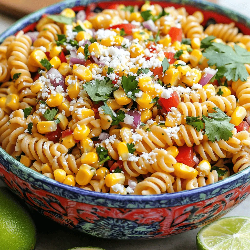 To make your Mexican Street Corn Pasta Salad, gather these simple ingredients. They add great flavor and texture to the dish. - Pasta Options: 8 oz of fusilli or penne works best. - Fresh or Canned Corn: Use 2 cups of fresh corn kernels or 1 can of corn, drained and rinsed. - Vegetables: You need 1 diced red bell pepper, 1 small finely chopped red onion, and 1 minced jalapeño. Adjust the jalapeño for spice level. - Cheese Choices: Crumble 1/2 cup of cotija cheese or use feta as a substitute. - Dressing Components: Mix 1/4 cup of mayonnaise, 2 tablespoons of fresh lime juice, and 1 teaspoon of chili powder for a zesty dressing. - Seasoning Essentials: Add salt and pepper to taste. This mix of flavors and textures makes each bite exciting. The fresh corn gives sweetness, while the jalapeño adds a nice kick. The creamy cheese balances the salad perfectly. To start, fill a pot with salted water. Bring it to a boil. Once boiling, add 8 oz of pasta. I suggest using fusilli or penne. Cook the pasta until it is al dente, which usually takes about 8-10 minutes. After cooking, drain the pasta in a colander. Spread it out on a baking sheet so it cools quickly. You can use fresh corn or canned corn for this salad. If you choose fresh corn, preheat your grill to medium-high heat. Grill the corn for 3-4 minutes, turning it until it gets a nice char. Once grilled, let it cool briefly, then cut the kernels off the cob. If you prefer canned corn, just drain and rinse it. This step is much quicker! In a large mixing bowl, combine the cooled pasta with the corn kernels. Next, add 1 diced red bell pepper, 1 finely chopped small red onion, and 1 minced jalapeño. If you like it spicy, keep the seeds. If not, remove them. For extra creaminess, sprinkle in 1/2 cup of crumbled cotija cheese. In a separate bowl, whisk together 1/4 cup of mayonnaise, 2 tablespoons of fresh lime juice, and 1 teaspoon of chili powder. Add a pinch of salt and pepper to taste. Once smooth, drizzle this dressing over the pasta mixture. Gently toss everything until well combined. Finally, fold in 1/4 cup of roughly chopped fresh cilantro for a burst of flavor. For the best taste, chill the salad in the refrigerator. I recommend at least 30 minutes to let the flavors meld together. - Ensuring Pasta is Al Dente Cook your pasta until it is al dente. This means it should still have a slight bite when you chew it. Boil salted water and follow the package instructions closely. After draining, spread the pasta on a baking sheet to cool it down. This helps keep it from getting mushy. - Grilling Corn for Maximum Flavor If you're using fresh corn, grilling it adds great flavor. Preheat your grill to medium-high heat. Grill the corn for about 3-4 minutes. Turn it often until it gets a light char. This gives your salad a smoky taste. If you use canned corn, you can skip this step. - Alternatives for Mayonnaise If you want a lighter salad, you can swap out mayonnaise for Greek yogurt. It keeps the creaminess but adds protein. You could also use avocado or a vegan mayo for a different twist. - Other Cheese Options Cotija cheese is traditional, but feta works well too. If you want a dairy-free option, try using a vegan cheese. It still gives a nice salty flavor to your dish. - Adding More Spices or Herbs Feel free to boost the flavor. You can add more chili powder, cumin, or even smoked paprika. Fresh herbs like parsley or basil can add brightness, too. Experiment until you find your favorite mix! - Serving Suggestions for Freshness For a refreshing touch, serve your salad with lime wedges. Guests can squeeze fresh lime over their portions. This adds a zesty kick and enhances the overall flavor. You can also garnish with extra cilantro or cotija cheese for a beautiful finish. {{image_4}} You can make this salad spicy by adding more jalapeño. Just slice it thinner for more heat. If you like, try adding other spices too, like cayenne pepper or smoked paprika. These spices will enhance the flavor and heat. Adjust to your taste. If you're vegan, you can still enjoy this pasta salad. Swap the mayonnaise for a vegan option like avocado or plant-based mayo. This keeps it creamy and delicious. Use dairy-free cheese alternatives instead of cotija. Look for brands that melt well for better flavor. Seasonal veggies or fruits can change this salad. In summer, add fresh tomatoes or zucchini for a fresh twist. In fall, consider roasted butternut squash or even apples for sweetness. Each season brings new flavors and colors. Get creative and use what’s fresh! To keep your Mexican Street Corn Pasta Salad fresh, use air-tight containers. These containers stop air from getting in and keep the salad tasty. In the refrigerator, the salad lasts about 3 to 5 days. If you want to freeze it, I recommend not freezing the salad. The texture of ingredients like pasta and corn changes when frozen. When you reheat, do it gently. Use a microwave on low power. This helps keep the pasta from getting mushy. You can also add a splash of lime juice to refresh the flavors. Enjoy your leftovers without losing the great taste! Yes, you can make this salad a day ahead. Just follow these best practices for meal prep: - Prepare the salad and chill it for a few hours or overnight. - Store it in an air-tight container to keep it fresh. - Before serving, give it a quick stir to mix the ingredients again. The original recipe uses pasta, which is not gluten-free. However, you can easily choose alternative pasta options: - Use gluten-free pasta made from rice or corn. - Check the label to ensure it is certified gluten-free. This salad is great on its own, but here are some pairing suggestions for a complete meal: - Serve it as a side dish with grilled chicken or fish. - It goes well with tacos or burritos for a fun meal. - Add a light soup for a comforting dinner option. You can adjust the spice level by changing a few ingredients: - Use less jalapeño for a milder flavor. - Add more chili powder for extra heat. - Consider including diced bell peppers for crunch without the spice. This blog post covered how to make a delicious Mexican Street Corn Pasta Salad. We explored the key ingredients, like pasta and fresh corn, and detailed easy step-by-step instructions for cooking and mixing. I shared tips for perfecting flavors and variations, such as vegan and spicy options. In closing, this salad is versatile and suits every palate. Don’t hesitate to get creative with your own twists. Enjoy making it!