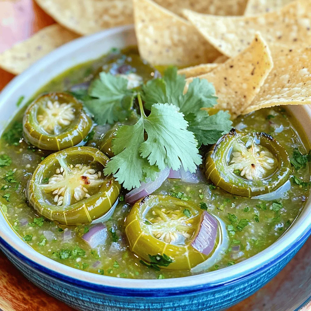 - 10 tomatillos, husked and halved - 1/2 large white onion, quartered - 2 cloves garlic, unpeeled - 2 jalapeños, halved - 1/4 cup fresh cilantro, chopped - 1 tablespoon lime juice - Salt and olive oil - Baking sheet - Blender - Knife and cutting board When I make 20 Minute Roasted Tomatillo Salsa Verde, I gather fresh ingredients. The tomatillos bring a bright, tangy taste. The onion adds sweetness, and the garlic gives depth. Jalapeños offer a kick, but you can adjust them for less heat. Fresh cilantro adds a burst of flavor, while lime juice brightens everything up. A pinch of salt and a drizzle of olive oil tie it all together. For tools, I use a baking sheet to roast the veggies. A good blender helps mix everything smoothly. A knife and cutting board make prep quick and easy. With these ingredients and tools, you’re set to create a salsa that bursts with flavor. If you want to follow the complete process, check out the Full Recipe linked above. - Preheat the oven to 425°F (220°C). This makes sure your veggies roast well. - Prepare your baking sheet by arranging the ingredients. Place the halved tomatillos, quartered onion, unpeeled garlic, and halved jalapeños on it. - Drizzle the vegetables lightly with olive oil. This adds flavor and helps with cooking. - Sprinkle salt over them. This enhances their natural tastes. - Roast for about 15 minutes. Check the veggies to see if they soften and char slightly. - Once done, take the baking sheet out. Let the veggies cool for a few minutes to handle them safely. - Transfer the roasted ingredients into a blender. Add the chopped cilantro and lime juice for freshness. - Blend everything until you reach your desired consistency. You can make it chunky or smooth, based on your taste. - Taste your salsa. If you need more salt or lime, add it now for the best flavor. You can find the full recipe for this delightful salsa in the main article. To get tomatillos just right, look for a nice char. They should soften and take on a rich color. This means they are ready to blend. The key is to check them after about 15 minutes. If they look a bit blistered, you’re on the right track. Enhancing Flavor with Spices Add salt before roasting. This helps bring out the natural taste of the tomatillos. You can also sprinkle in some cumin or smoked paprika. These spices add depth and a hint of smokiness that elevates the salsa. Feel free to adjust based on your taste. Roasted tomatillo salsa verde is a star on its own. Serve it warm or at room temperature. It pairs wonderfully with crispy tortilla chips. Just scoop and enjoy! Pairing Ideas You can also use this salsa with tacos, grilled meats, or fish. It adds a fresh, zesty kick. For a fun twist, drizzle it over a salad or use it as a dressing. The options are endless! For the full recipe, check out the [Full Recipe]. {{image_4}} You can change the spice level of your salsa with ease. Start by adjusting the number of jalapeños. If you want more heat, add another pepper. If you prefer less heat, remove one or two jalapeños. You can also play with different peppers. Try serrano or poblano peppers for a unique flavor. Each pepper brings its own taste and heat. This way, you can make salsa that suits your taste perfectly. Want to make your salsa even more exciting? Consider adding fruits like mango or pineapple. These fruits bring a sweet twist to the tangy tomatillos. You can also use fresh herbs like oregano or thyme. They add a great aromatic flavor to your salsa. Mixing these ingredients can create a one-of-a-kind salsa. Feel free to experiment and find the mix you love best. For more ideas, check the Full Recipe to see how you can customize your dish. To keep your salsa verde fresh, use an airtight container. Glass jars work great. They help keep out air and moisture. Store your salsa in the fridge. It stays tasty for about one week. After that, the flavors may fade. Always check for smell or color changes before using. You can freeze salsa verde for later use. Start by pouring it into freezer-safe bags or containers. Leave some space at the top. Salsa expands when it freezes. Seal the bags tightly to prevent air. When ready to eat, thaw it in the fridge overnight. To use the frozen salsa, shake it well. It may separate when thawed. Stir it before serving for the best taste. You can also add fresh herbs or a splash of lime juice to refresh the flavor. For more details, check the Full Recipe. Making this salsa verde takes just 20 minutes. Here’s the breakdown: - Prep time: 5 minutes to get your ingredients ready. - Cook time: 15 minutes to roast the tomatillos and other veggies. This quick process gives you a fresh and zesty salsa in no time! Yes, you can use canned tomatillos. They save time but may change the flavor. Canned tomatillos are softer and less bright than fresh ones. If you use them, drain the liquid well. You might also add a bit more lime juice to boost the flavor. This salsa verde is super versatile. Here are some great pairings: - Tacos: Use it as a topping for chicken or fish tacos. - Grilled meats: Drizzle it over grilled chicken or pork for added zest. - Dips: Serve with tortilla chips for a tasty snack. - Rice or quinoa: Mix it in to add flavor to your grains. You can check the [Full Recipe] for more ideas and detailed instructions! You learned how to make 20 Minute Roasted Tomatillo Salsa Verde today. We covered all the key ingredients, tools, and step-by-step instructions to create a tasty salsa. We also explored tips for roasting and flavoring, plus ways to customize the recipe to fit your taste. Lastly, I shared best storage practices to keep your salsa fresh. Now, you’re ready to impress your friends and family. Enjoy this bright, zesty salsa with everything from chips to tacos. Happy cooking!