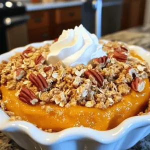 To make a fantastic Pumpkin Pie Crisp, you need these key ingredients: - 2 cups pumpkin puree (freshly cooked or canned) - 1 cup packed brown sugar - 1 teaspoon ground cinnamon - 1/2 teaspoon ground nutmeg - 1/2 teaspoon ground ginger - 1/4 teaspoon salt - 3 large eggs, lightly beaten - 1 cup rolled oats - 1/2 cup all-purpose flour - 1/2 cup unsalted butter, melted These ingredients create a creamy base and a crunchy topping. The pumpkin puree gives it a rich flavor. The brown sugar, spices, and eggs add sweetness and depth. The oats and flour make the topping crispy. You can add these extras to make your dessert even better: - 1/2 cup chopped pecans (optional for added crunch) - Whipped cream (for serving, optional) Adding pecans gives a nutty flavor and a nice texture. Whipped cream brings a creamy touch and looks great on top. Feel free to skip these if you prefer a simpler dessert. Check out the Full Recipe for more details! Preheat your oven to 350°F (175°C). This helps cook the pie crisp evenly. Next, take a 9x9-inch baking dish and grease it. Use butter or cooking spray. This step stops the dessert from sticking. In a large bowl, combine 2 cups of pumpkin puree, 1 cup of packed brown sugar, and the spices. Add 1 teaspoon of ground cinnamon, 1/2 teaspoon of ground nutmeg, 1/2 teaspoon of ground ginger, and 1/4 teaspoon of salt. Mix this well until smooth. Then, mix in 3 lightly beaten eggs. Whisk until everything is combined. Grab another bowl to prepare the topping. Combine 1 cup of rolled oats, 1/2 cup of all-purpose flour, and 1/2 cup of melted unsalted butter. If you want some crunch, add 1/2 cup of chopped pecans. Stir until the mixture is crumbly. This will add a nice texture to the crisp. Pour the pumpkin mixture into the greased baking dish. Spread it out evenly with a spatula. Now, sprinkle the oat topping over the pumpkin layer. Make sure to cover it all. Bake the crisp in your preheated oven for 30 to 35 minutes. It’s done when the topping is golden brown and crisp to the touch. Once baked, let it cool for about 10 minutes. This helps it set before you serve. For the full recipe, you can check out the details provided earlier. Enjoy this easy and delicious dessert! To get a creamy pumpkin filling, use high-quality pumpkin puree. If you use fresh pumpkin, make sure it's well cooked and smooth. Blend it well with brown sugar and spices. This ensures a rich taste in every bite. For the topping, you want it crunchy and golden. Mix rolled oats, flour, and melted butter until crumbly. The butter helps it crisp up nicely in the oven. Sprinkle the topping evenly over the pumpkin layer. This way, each piece has that delightful crunch. Serve your Pumpkin Pie Crisp warm for the best taste. Warm desserts taste better and feel cozy. You can also add a dollop of whipped cream on top. This adds a lovely touch of creaminess. Want to make it special? Try serving it with a scoop of vanilla ice cream. It melts into the warm crisp, creating a delicious mix. You can also sprinkle extra cinnamon on top for a burst of flavor. These small touches make a big difference. For the full recipe, check out the [Full Recipe]. {{image_4}} You can make pumpkin pie crisp even more fun by changing the spices. Instead of just cinnamon, try adding cardamom or allspice. These spices bring a warm taste to your crisp. For a bit of heat, add a pinch of cayenne pepper. You can also switch up the nuts in the topping. Pecans are great, but walnuts add a nice flavor too. If you want a nut-free option, use pumpkin seeds. They give a nice crunch without the nuts. If you need a gluten-free version, swap all-purpose flour for a blend of almond flour and gluten-free oats. This keeps the crisp tasty and safe for all diets. For a vegan twist, replace the eggs with flaxseed meal. Use one tablespoon of flaxseed mixed with three tablespoons of water for each egg. You can also use coconut oil instead of butter. This gives a rich flavor while keeping it plant-based. These variations let you enjoy pumpkin pie crisp in new ways, fitting your needs and tastes. Enjoy exploring these options! Once you enjoy your pumpkin pie crisp, you may have some leftovers. Let the crisp cool to room temperature. This step is key to keeping it fresh. After it cools, transfer it to an airtight container. A glass or plastic container works well. Cover it tightly to avoid air exposure. This way, your dessert stays moist and tasty. You can store the crisp in the fridge for up to four days. Every time you serve it, the flavor will still be amazing! If you want to keep your pumpkin pie crisp for longer, freezing is a great choice. To freeze, cut the cooled crisp into portions. Wrap each piece tightly in plastic wrap. Then, place them in a freezer-safe bag or container. Be sure to label the bag with the date. This helps you remember when you made it. You can freeze the crisp for up to three months. When you're ready to enjoy it again, remove a piece from the freezer. Let it thaw in the fridge overnight. If you want it warm, you can reheat the crisp in the oven. Set your oven to 350°F (175°C) and bake for about 15 minutes. This will make it warm and ready to serve. For the best taste, enjoy it with whipped cream on top! You can prepare the filling a day before. Mix the pumpkin, sugar, and spices. Store it in the fridge. You can also make the oat topping ahead. Just keep it in a separate bowl. On the day you want to serve, simply combine them and bake. This way, you save time and enjoy a fresh dessert. Yes, you can use fresh pumpkin. First, cook the pumpkin until soft. Then, scoop out the flesh and blend until smooth. This gives a nice flavor. Make sure to measure two cups of the puree for the recipe. Fresh pumpkin can add a lovely taste that many enjoy. If you need an egg substitute, try using unsweetened applesauce. Use 1/4 cup of applesauce for each egg. Another option is to use ground flaxseed. Mix one tablespoon of flaxseed with three tablespoons of water. Let it sit for a few minutes until it thickens. These replacements work well and keep your dessert tasty. The Pumpkin Pie Crisp can last about three to four days in the fridge. Store it in an airtight container. This keeps the flavors fresh and the topping crunchy. Before serving, you can warm it up in the oven or microwave for the best taste. You learned how to make a delicious Pumpkin Pie Crisp. This dessert blends pumpkin, spices, and an oat topping for a comforting treat. Remember to preheat your oven and prepare your dish for baking. Perfect your filling and topping for the best texture. Consider variations to fit your needs, like gluten-free or vegan options. Store leftovers properly, so you can enjoy them later. With these tips, you can make this recipe shine at any gathering. Enjoy creating your own Pumpkin Pie Crisp masterpiece!