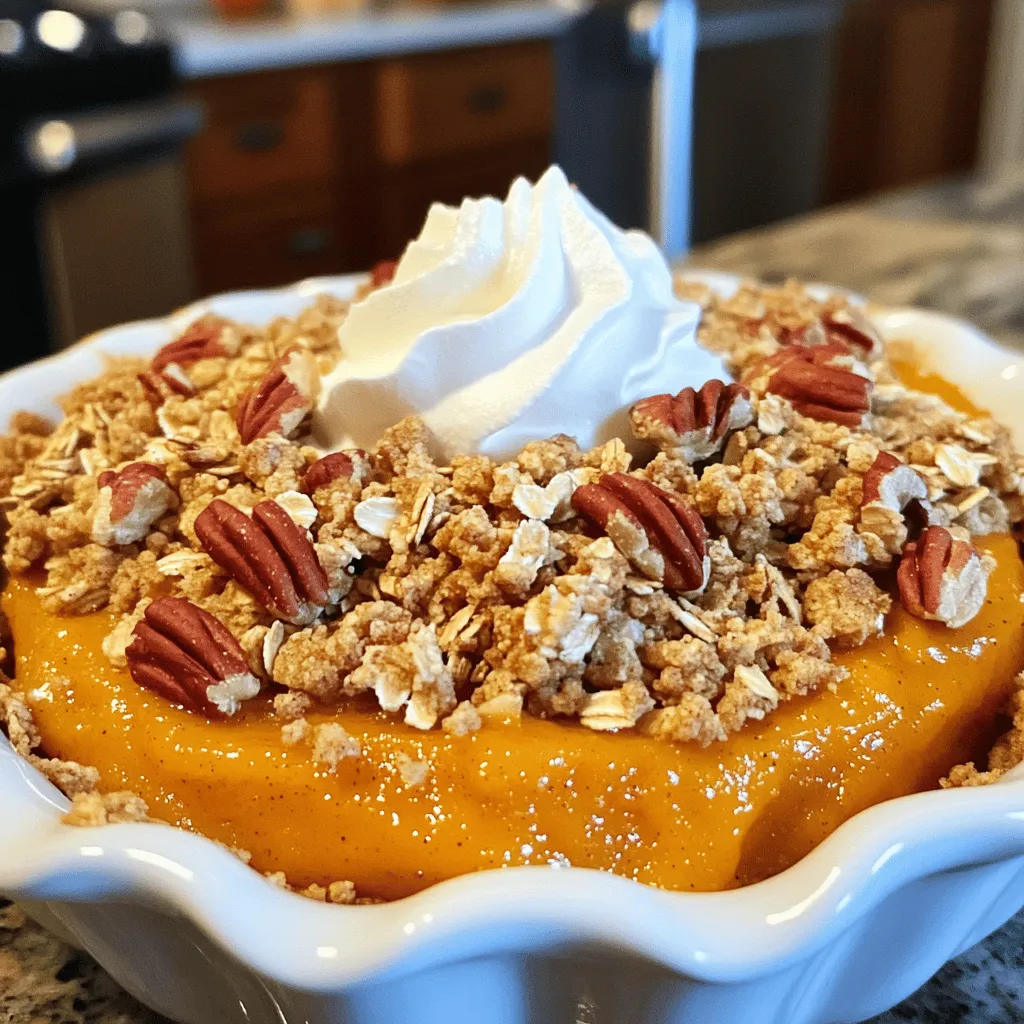 To make a fantastic Pumpkin Pie Crisp, you need these key ingredients: - 2 cups pumpkin puree (freshly cooked or canned) - 1 cup packed brown sugar - 1 teaspoon ground cinnamon - 1/2 teaspoon ground nutmeg - 1/2 teaspoon ground ginger - 1/4 teaspoon salt - 3 large eggs, lightly beaten - 1 cup rolled oats - 1/2 cup all-purpose flour - 1/2 cup unsalted butter, melted These ingredients create a creamy base and a crunchy topping. The pumpkin puree gives it a rich flavor. The brown sugar, spices, and eggs add sweetness and depth. The oats and flour make the topping crispy. You can add these extras to make your dessert even better: - 1/2 cup chopped pecans (optional for added crunch) - Whipped cream (for serving, optional) Adding pecans gives a nutty flavor and a nice texture. Whipped cream brings a creamy touch and looks great on top. Feel free to skip these if you prefer a simpler dessert. Check out the Full Recipe for more details! Preheat your oven to 350°F (175°C). This helps cook the pie crisp evenly. Next, take a 9x9-inch baking dish and grease it. Use butter or cooking spray. This step stops the dessert from sticking. In a large bowl, combine 2 cups of pumpkin puree, 1 cup of packed brown sugar, and the spices. Add 1 teaspoon of ground cinnamon, 1/2 teaspoon of ground nutmeg, 1/2 teaspoon of ground ginger, and 1/4 teaspoon of salt. Mix this well until smooth. Then, mix in 3 lightly beaten eggs. Whisk until everything is combined. Grab another bowl to prepare the topping. Combine 1 cup of rolled oats, 1/2 cup of all-purpose flour, and 1/2 cup of melted unsalted butter. If you want some crunch, add 1/2 cup of chopped pecans. Stir until the mixture is crumbly. This will add a nice texture to the crisp. Pour the pumpkin mixture into the greased baking dish. Spread it out evenly with a spatula. Now, sprinkle the oat topping over the pumpkin layer. Make sure to cover it all. Bake the crisp in your preheated oven for 30 to 35 minutes. It’s done when the topping is golden brown and crisp to the touch. Once baked, let it cool for about 10 minutes. This helps it set before you serve. For the full recipe, you can check out the details provided earlier. Enjoy this easy and delicious dessert! To get a creamy pumpkin filling, use high-quality pumpkin puree. If you use fresh pumpkin, make sure it's well cooked and smooth. Blend it well with brown sugar and spices. This ensures a rich taste in every bite. For the topping, you want it crunchy and golden. Mix rolled oats, flour, and melted butter until crumbly. The butter helps it crisp up nicely in the oven. Sprinkle the topping evenly over the pumpkin layer. This way, each piece has that delightful crunch. Serve your Pumpkin Pie Crisp warm for the best taste. Warm desserts taste better and feel cozy. You can also add a dollop of whipped cream on top. This adds a lovely touch of creaminess. Want to make it special? Try serving it with a scoop of vanilla ice cream. It melts into the warm crisp, creating a delicious mix. You can also sprinkle extra cinnamon on top for a burst of flavor. These small touches make a big difference. For the full recipe, check out the [Full Recipe]. {{image_4}} You can make pumpkin pie crisp even more fun by changing the spices. Instead of just cinnamon, try adding cardamom or allspice. These spices bring a warm taste to your crisp. For a bit of heat, add a pinch of cayenne pepper. You can also switch up the nuts in the topping. Pecans are great, but walnuts add a nice flavor too. If you want a nut-free option, use pumpkin seeds. They give a nice crunch without the nuts. If you need a gluten-free version, swap all-purpose flour for a blend of almond flour and gluten-free oats. This keeps the crisp tasty and safe for all diets. For a vegan twist, replace the eggs with flaxseed meal. Use one tablespoon of flaxseed mixed with three tablespoons of water for each egg. You can also use coconut oil instead of butter. This gives a rich flavor while keeping it plant-based. These variations let you enjoy pumpkin pie crisp in new ways, fitting your needs and tastes. Enjoy exploring these options! Once you enjoy your pumpkin pie crisp, you may have some leftovers. Let the crisp cool to room temperature. This step is key to keeping it fresh. After it cools, transfer it to an airtight container. A glass or plastic container works well. Cover it tightly to avoid air exposure. This way, your dessert stays moist and tasty. You can store the crisp in the fridge for up to four days. Every time you serve it, the flavor will still be amazing! If you want to keep your pumpkin pie crisp for longer, freezing is a great choice. To freeze, cut the cooled crisp into portions. Wrap each piece tightly in plastic wrap. Then, place them in a freezer-safe bag or container. Be sure to label the bag with the date. This helps you remember when you made it. You can freeze the crisp for up to three months. When you're ready to enjoy it again, remove a piece from the freezer. Let it thaw in the fridge overnight. If you want it warm, you can reheat the crisp in the oven. Set your oven to 350°F (175°C) and bake for about 15 minutes. This will make it warm and ready to serve. For the best taste, enjoy it with whipped cream on top! You can prepare the filling a day before. Mix the pumpkin, sugar, and spices. Store it in the fridge. You can also make the oat topping ahead. Just keep it in a separate bowl. On the day you want to serve, simply combine them and bake. This way, you save time and enjoy a fresh dessert. Yes, you can use fresh pumpkin. First, cook the pumpkin until soft. Then, scoop out the flesh and blend until smooth. This gives a nice flavor. Make sure to measure two cups of the puree for the recipe. Fresh pumpkin can add a lovely taste that many enjoy. If you need an egg substitute, try using unsweetened applesauce. Use 1/4 cup of applesauce for each egg. Another option is to use ground flaxseed. Mix one tablespoon of flaxseed with three tablespoons of water. Let it sit for a few minutes until it thickens. These replacements work well and keep your dessert tasty. The Pumpkin Pie Crisp can last about three to four days in the fridge. Store it in an airtight container. This keeps the flavors fresh and the topping crunchy. Before serving, you can warm it up in the oven or microwave for the best taste. You learned how to make a delicious Pumpkin Pie Crisp. This dessert blends pumpkin, spices, and an oat topping for a comforting treat. Remember to preheat your oven and prepare your dish for baking. Perfect your filling and topping for the best texture. Consider variations to fit your needs, like gluten-free or vegan options. Store leftovers properly, so you can enjoy them later. With these tips, you can make this recipe shine at any gathering. Enjoy creating your own Pumpkin Pie Crisp masterpiece!