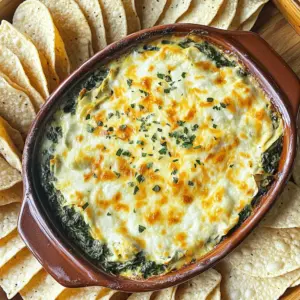 When making Cheesy Spinach Artichoke Dip, the right ingredients are key to that rich, creamy taste. Here’s what you need: - 1 cup frozen spinach, thawed and thoroughly drained - 1 cup canned artichoke hearts, finely chopped - 1/2 cup cream cheese, softened to room temperature - 1/2 cup sour cream - 1/2 cup mayonnaise - 1 cup mozzarella cheese, shredded - 1/2 cup Parmesan cheese, freshly grated - 2 cloves garlic, minced - 1 teaspoon onion powder - 1/2 teaspoon red pepper flakes (optional for heat) - Salt and freshly cracked black pepper to taste - Tortilla chips or sliced baguette for serving These ingredients create a blend of flavors that makes this dip a hit. The creamy base comes from the cream cheese, sour cream, and mayonnaise. The cheeses add richness and depth. Spinach and artichokes provide a tasty twist. I love using frozen spinach since it’s easy and quick. Just make sure to drain it well to avoid a watery dip. Canned artichoke hearts save time too. You can also use fresh ones if you prefer. The garlic gives a nice kick, and the red pepper flakes add a hint of spice. Adjust the salt and pepper to your taste. When you gather these ingredients, you set the stage for a delicious dip. It’s perfect for parties or a cozy night in. - Preheat your oven to 350°F (175°C). This step is key for great baking. - In a large bowl, blend 1/2 cup of cream cheese, 1/2 cup of sour cream, and 1/2 cup of mayonnaise. Use a spatula or whisk to mix. You want it smooth and creamy. - Next, fold in 1 cup of thawed and drained frozen spinach, and 1 cup of finely chopped canned artichoke hearts. - Add 1 cup of shredded mozzarella cheese and 1/2 cup of freshly grated Parmesan cheese. - Toss in 2 minced garlic cloves, 1 teaspoon of onion powder, and 1/2 teaspoon of red pepper flakes if you like some heat. - Season with salt and freshly cracked black pepper to taste, then mix everything well. - Carefully transfer the mixture to a baking dish. Smooth the top with your spatula. - Bake in the preheated oven for 25-30 minutes. Look for a golden, bubbly dip. - Once it's done, let it cool for a few minutes. This prevents burns when you dig in. To make the best Cheesy Spinach Artichoke Dip, you need to drain your spinach well. If you skip this step, your dip may turn watery. I recommend squeezing out any extra water. This keeps your dip creamy and thick. Using fresh cheeses is another key tip. They add a rich flavor that makes your dip shine. Look for freshly grated Parmesan and high-quality mozzarella. These cheeses melt beautifully and enhance the taste. For serving, I love using tortilla chips or sliced baguette. Both options are great for scooping up the dip. Lay them out around your dip for a fun and inviting display. Garnishes can elevate your dish. A sprinkle of extra Parmesan on top adds a nice touch. Fresh herbs, like parsley or chives, also brighten up the dish and add color. This small step enhances both presentation and flavor. {{image_4}} You can change a few ingredients in this dip to suit your taste. If you want to swap out cream cheese and mayo, here are some options: - Greek yogurt: Use this for a tangy flavor and extra protein. - Silken tofu: This creates a creamy texture without dairy. - Ricotta cheese: This adds a light and fluffy texture. By mixing different cheeses, you can create unique flavors in your dip. Try these: - Cheddar cheese: This adds sharpness and depth. - Gouda cheese: This brings a smoky twist. - Feta cheese: This gives a tangy and salty note. Want to add some heat? Here are some easy ways to do that: - Jalapeños: Add finely chopped fresh or pickled jalapeños. - Hot sauce: A few drops can bring warmth without changing the dip's base. - Cayenne pepper: A pinch can elevate the spice level. Herbs can also change the flavor of your dip. Consider using: - Fresh basil: Adds a sweet and fresh taste. - Chives: Offers a mild onion flavor. - Thyme: This brings an earthy note to the dip. Feel free to play with these options to make the dip your own! After enjoying your dip, let it cool down. Once cool, transfer it to an airtight container. You can store it in the fridge for up to four days. Make sure you keep it well-sealed to avoid any other food smells. If you want to store it for longer, consider freezing it. Just place it in a freezer-safe container. It can last up to three months in the freezer. When ready to use, let it thaw in the fridge overnight before reheating. To reheat your cheesy spinach artichoke dip, use the oven for the best results. Preheat your oven to 350°F (175°C). Place the dip in an oven-safe dish and cover it with foil. Bake for about 15-20 minutes. This keeps it moist and helps prevent burning. If you want a crispy top, remove the foil for the last 5 minutes. You can also use the microwave, but it may not keep the texture as well. Heat in short bursts of 30 seconds, stirring in between until warm. Yes, you can make this dip ahead of time. Prepare it and store it in the fridge. Use a covered dish to keep it fresh. I recommend making it the day before serving. This lets the flavors meld together nicely. When you're ready to bake it, just remove it from the fridge. Allow it to sit at room temperature for about 15 minutes. This helps it bake evenly. Bake it as directed until it gets bubbly and golden. To lighten up this dip, swap some ingredients. Use Greek yogurt instead of sour cream and mayonnaise. This cuts calories and adds protein. You can also use reduced-fat cream cheese. If you want more veggies, add chopped bell peppers or mushrooms. These add texture and flavor. You can even mix in fresh herbs like parsley or basil. This gives a fresh taste without extra calories. This dip pairs well with many things. Tortilla chips are a classic choice. They add a nice crunch. Sliced baguette is also great for dipping. You can try fresh veggies like carrots or celery sticks. They add a nice crunch and freshness. For a twist, serve it with pita chips. They bring a unique flavor to the mix. You can also consider serving it with crackers for a salty bite. This blog post shared a simple way to make Cheesy Spinach Artichoke Dip. We covered the key ingredients like frozen spinach, artichokes, and various cheeses. I also explained the steps, tips for storage, and a few fun variations. Making this dip can bring friends and family together. Remember, you can easily adjust flavors and ingredients to fit your taste. Enjoy your next gathering with this warm, cheesy dish that everyone will love!