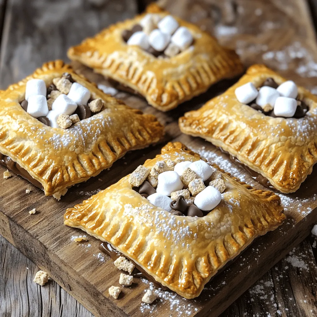 To create S'mores Hand Pies, you need a few simple ingredients. Here's what you will need: - 2 cups all-purpose flour - 1/2 teaspoon salt - 1 teaspoon sugar - 1 cup unsalted butter, chilled and diced - 4-6 tablespoons ice water - 1 cup chocolate chips (semi-sweet or milk chocolate) - 1 cup mini marshmallows - 1/2 cup graham cracker crumbs - 1 egg (for egg wash) - Optional: powdered sugar for dusting These ingredients come together to form a delightful treat. The all-purpose flour gives the pies structure. The salt enhances the flavors, while sugar adds sweetness. Chilled unsalted butter makes the crust flaky. Ice water helps bind the dough without warming it. Chocolate chips and mini marshmallows create the classic S'mores flavor. Graham cracker crumbs mimic the taste of traditional S'mores. The egg wash gives the pies a lovely golden finish. If you like, dust them with powdered sugar for a sweet touch. Now, let’s get cooking and enjoy these tasty bites! To make the dough, first mix the dry ingredients. In a large bowl, combine 2 cups of all-purpose flour, 1/2 teaspoon of salt, and 1 teaspoon of sugar. This blend gives your hand pies a nice flavor. Next, add 1 cup of chilled, diced unsalted butter. Use a pastry cutter or your fingers to work the butter into the dry mix. It should look like coarse crumbs. Slowly add 4 to 6 tablespoons of ice water, one tablespoon at a time. Stir until the dough holds together. Wrap the dough in plastic wrap and chill it in the fridge for at least 30 minutes. This step is key for a flaky crust. While the dough chills, it’s time to preheat your oven. Set the temperature to 375°F (190°C). This temperature ensures a golden, crisp finish. Prepare a baking sheet by lining it with parchment paper. This will prevent the pies from sticking and make cleanup easier. After chilling, divide the dough in two. Roll out one half on a floured surface until it is about 1/8 inch thick. Use a round cutter, about 10 cm in diameter, to cut circles from the dough. Repeat this with the second half of the dough. Aim for even circles to make sure the hand pies bake evenly. Now, it’s time to fill your hand pies. On one half of each dough circle, sprinkle about 1 teaspoon of graham cracker crumbs. Next, add around 1 tablespoon of chocolate chips and a few mini marshmallows. Make sure to leave a small border around the edges. This space is important for sealing the pies. To seal the pies, wet the edges of the dough circles with a bit of water. Fold the other half over the filling and press the edges firmly. Use a fork to crimp the edges for a nice design and to ensure they stay closed. This step is crucial to keep the filling inside during baking. Place the hand pies on the prepared baking sheet. Beat 1 egg in a small bowl and brush it over the tops of the pies. This egg wash gives them a beautiful golden color. Bake the pies in the preheated oven for 20 to 25 minutes, or until they turn golden brown. Once baked, let them cool for a few minutes before serving. You can dust them with powdered sugar for extra sweetness. Enjoy your delightful S'mores hand pies! - Keep your dough cold. Cold butter makes flaky crusts. - Chill the dough for at least 30 minutes. - Flour your surface well before rolling. This stops sticking. - Roll the dough to 1/8 inch thick. This gives the right texture. - Use a round cutter to make even circles. - Choose chocolate chips carefully. Semi-sweet or milk chocolate works best. - Use a 1:1 ratio of chocolate to graham cracker crumbs. - Add mini marshmallows for that classic S'mores flavor. - Aim for about 1 tablespoon of filling per pie. This keeps it balanced. - Prepare the dough a day early. Store it in the fridge. - You can freeze the dough for up to three months. - Assemble the hand pies in advance. Freeze them before baking. - When ready, bake from frozen, adding a few extra minutes. {{image_4}} You can change the flavor of S'mores hand pies easily. Try different chocolates like dark or white. Each type brings a new taste. You can also add fruit or nuts. Think of bananas or strawberries for sweetness. Chopped nuts add a nice crunch. Mix and match to find your favorite combo! If you need gluten-free options, swap regular flour for almond or oat flour. These flours work well in pie dough. For a vegan version, use plant-based butter and a flax egg instead of regular egg. Just mix ground flaxseed with water to create your egg substitute. Make your hand pies look fun when serving. Place them on a rustic wooden board. Add extra chocolate chips and mini marshmallows on top for a great look. You can also serve them with dips. A chocolate sauce or a fruity dip adds flavor and fun. Enjoy experimenting with these ideas! To keep your S'mores hand pies fresh, use simple methods. You can refrigerate or freeze them. For refrigeration, place the hand pies in an airtight container. They will stay good for 3-4 days in the fridge. If you want them to last longer, freeze them. Wrap each pie in plastic wrap, then place them in a freezer bag. This helps prevent freezer burn. For reheating, the oven works best. Preheat it to 350°F (175°C). Place the pies on a baking sheet and heat for about 10-15 minutes. This ensures they stay crisp and tasty. The shelf life of S'mores hand pies depends on how you store them. In the fridge, they last about 3-4 days. If frozen, they can remain fresh for 2-3 months. Always check for any signs of spoilage before eating. Look for an off smell or visible mold. If you see any, it’s best to throw them away. Keeping an eye on your pies ensures you enjoy them at their best. S'mores Hand Pies are mini desserts filled with chocolate, marshmallows, and graham cracker crumbs. They take inspiration from the classic campfire treat. The idea of combining these flavors dates back to the 1920s when s'mores first became popular in the U.S. They are fun to eat and easy to share. Yes, you can prepare S'mores Hand Pies in advance. To do this, follow these steps: - Prepare the dough and chill it as directed. - Shape the pies and seal them tightly. - Place them on a baking sheet and freeze them. - When you are ready to bake, let them thaw in the fridge overnight. This way, you can enjoy fresh hand pies without all the work at once. If you don’t have graham cracker crumbs, here are some options: - Crushed digestive biscuits provide a similar flavor. - Vanilla wafers add a sweet twist. - Oatmeal cookies can give a unique texture. All these options can work well with the chocolate and marshmallows. To boost the chocolate flavor in S'mores Hand Pies, consider these ideas: - Use dark chocolate chips for a richer taste. - Mix in peanut butter chips for a creamy layer. - Add a sprinkle of cocoa powder to the filling for more depth. These changes can elevate your hand pies to a new level. Absolutely! S'mores Hand Pies are perfect for parties. Here are some ideas for serving: - Arrange them on a rustic wooden board for a charming display. - Garnish with extra chocolate chips and mini marshmallows on top. - Offer dipping sauces, like chocolate or caramel, for added fun. They make a delightful treat that everyone will enjoy! This blog post detailed how to make S'mores Hand Pies from scratch. We covered ingredients, step-by-step instructions, and helpful tips for success. I shared variations, storage tips, and answered common questions. Now, you can create delicious treats for any occasion. Whether you enjoy classic flavors or want to try something new, these hand pies are sure to please. Enjoy baking and sharing your tasty creations!