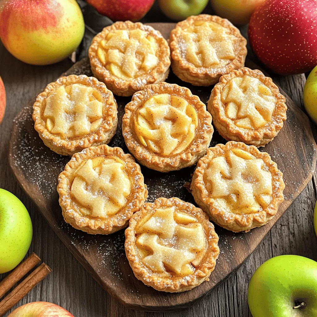 For these perfect apple pie cookies, gather the following: - 2 cups all-purpose flour - 1/2 cup granulated sugar - 1/2 cup packed brown sugar - 1 teaspoon ground cinnamon - 1/4 teaspoon ground nutmeg - 1/2 teaspoon salt - 1/2 cup unsalted butter, cold and cubed - 1 large egg - 1 tablespoon pure vanilla extract - 4 medium apples, peeled and diced (Granny Smith or Honeycrisp recommended) - 2 tablespoons fresh lemon juice - 1 tablespoon cornstarch - 1/4 cup raisins (optional) - 1 egg (for egg wash) - Extra sugar for sprinkling Use the right apples for tasty filling. I suggest Granny Smith or Honeycrisp. They add a nice tartness. Lemon juice helps keep apples from browning and adds brightness. Cornstarch thickens the filling, making it less runny. You can also add raisins for extra sweetness, but they are optional. To create a lovely glaze on your cookies, you need one egg for the wash. This gives them a nice shine. Sprinkle extra sugar on top for a sweet finish. It adds crunch and looks great. Make sure to check the [Full Recipe] to explore the steps in detail! Start by mixing the diced apples with lemon juice and spices. This step adds freshness and flavor. Use about 4 medium apples, like Granny Smith or Honeycrisp, for best results. In a bowl, combine: - 4 medium apples, peeled and diced - 2 tablespoons fresh lemon juice - 1 tablespoon cornstarch - 1/2 cup granulated sugar - 1/2 cup packed brown sugar - 1 teaspoon ground cinnamon - 1/4 teaspoon ground nutmeg Toss everything until the apples are well-coated. Let the mixture sit for about 10 minutes. This waiting time helps the flavors combine and develop a tasty filling. Next, it’s time to make the cookie dough. In a large mixing bowl, whisk together the dry ingredients: - 2 cups all-purpose flour - 1/2 teaspoon salt - 1 teaspoon ground cinnamon - 1/2 cup granulated sugar - 1/2 cup packed brown sugar Now, incorporate cold butter into this blend. Use 1/2 cup of unsalted butter, cold and cubed. You can use a pastry cutter or your fingers. Mix until the texture resembles coarse crumbs, leaving some pea-sized pieces. In a separate small bowl, mix one large egg with 1 tablespoon of pure vanilla extract. Gradually mix this into the flour mixture, stirring until a dough starts to form. If the dough seems too crumbly, add a teaspoon of cold water at a time until it holds together. Chilling the dough is crucial for the best texture. Shape the dough into two discs and wrap them tightly in plastic wrap. Refrigerate for at least 30 minutes. This helps the butter firm up, creating a flakier cookie. Once chilled, preheat your oven to 350°F (175°C). Prepare a baking sheet by lining it with parchment paper. On a floured surface, roll out one disc of chilled dough to about 1/8-inch thickness. Make sure to keep it even for proper baking. Now, let’s assemble the cookies. Use a round cookie cutter or a glass to cut out circles of dough, about 3 inches in diameter. Place half of these circles on your prepared baking sheet. Spoon about one tablespoon of the apple filling into the center of each circle. Be careful not to overfill, as this can lead to messy cookies. Take another dough circle and place it on top of each filled circle. Use a fork to press down the edges securely, sealing them well. Create a few small slits in the top of each cookie. This allows steam to escape during baking. For a nice finish, beat another egg and brush the mixture gently over the tops of the sealed cookies. Sprinkle a bit of extra sugar on top for sweetness. Finally, bake the cookies in your preheated oven for 15-20 minutes. They should be golden brown and fragrant. Enjoy the delicious aroma filling your kitchen! For the complete recipe, check out the Full Recipe section. Using cold ingredients is key for your cookie texture. Start with cold butter, as it helps the cookies stay thick. When you mix butter with flour, aim for a coarse crumb. Some larger bits of butter add flakiness. Dough consistency matters too. It should feel soft but not sticky. If it’s too crumbly, add a bit of cold water. Just a teaspoon at a time works best. After mixing, chill your dough for at least 30 minutes. This step is crucial for good texture. To boost flavors, add spices like nutmeg and vanilla. These small touches make a big difference. You can also try adding a pinch of allspice for warmth. Adjust sweetness based on your taste. If you prefer less sugar, reduce it by a tablespoon. Adding lemon juice brightens the apple flavor. The balance of sweet and tart keeps each bite exciting. Don’t forget to taste your filling before sealing the cookies! If you need gluten-free cookies, use almond flour or a gluten-free blend. These options work well but may change texture slightly. For healthier cookies, consider using coconut sugar or honey instead of regular sugar. Both sweeteners add a unique taste. Just remember, these alternatives may change the dough's moisture. Adjust with a bit of flour if needed. For the full recipe, refer to the complete guide to perfect apple pie cookies! {{image_4}} You can change the taste of your apple pie cookies by using different apple types. Granny Smith apples give a tart flavor, while Honeycrisp apples add sweetness. You can also mix apple types for a balanced taste. Adding nuts or chocolate chips can give a fun twist. Try walnuts or pecans for crunch. Chocolate chips can turn these cookies into a dessert treat. This version is great for those who love chocolate and apples together. Seasonal changes can inspire new flavors. In fall, add pumpkin spice to the dough for a warm, cozy taste. This spice mix can bring out the best in your apple filling. In summer, consider berry-filled cookies. Use fresh berries like blueberries or raspberries. They add a juicy burst of flavor. Mixing berries with apples can create a delightful cookie. If you follow a vegan diet, swap the egg for a flaxseed egg. Mix one tablespoon of ground flaxseed with three tablespoons of water. Let it sit for a few minutes until it thickens. For low-carb options, use almond flour instead of all-purpose flour. You can also use a sugar substitute like erythritol. This way, you can enjoy sweet cookies while keeping carbs low. For the full recipe, check out the link above. To keep your apple pie cookies fresh, store them in an airtight container. This helps maintain their soft texture and flavor. I find that a cookie jar works well if you plan to eat them within a few days. If you want to keep them longer, consider using a plastic container with a tight seal. Avoid placing cookies in the fridge, as this can make them dry. Instead, store them at room temperature. If you layer the cookies, place parchment paper between each layer to prevent sticking. Freezing cookies is a great way to enjoy them later. Here’s how to do it: 1. Before Baking: Shape the cookies and place them on a baking sheet. Freeze them for about 30 minutes until solid. Then, transfer them to a freezer bag. This keeps them from sticking together. 2. After Baking: Allow the cookies to cool completely. Wrap them in plastic wrap and place them in a freezer-safe container. Seal tightly to avoid freezer burn. To thaw, simply remove the cookies from the freezer and let them sit at room temperature for about 30 minutes. This helps them regain their soft texture. When stored properly, your apple pie cookies can last up to one week at room temperature. Keep an eye out for any signs of spoilage. If you notice a change in smell, texture, or color, it’s best to discard them. Fresh cookies should smell sweet and have a nice golden-brown look. If your dough is sticky, you can adjust the moisture levels. Here are some tips: - Add more flour a little at a time. - Chill the dough for at least 30 minutes. - Use cold butter to help keep the dough firm. - If needed, add a teaspoon of cold water to help bind it. These steps help create a dough that is easy to work with. Yes, you can use pre-made pie crust. Here are the pros and cons: Pros: - Saves time and effort. - Consistent results if you choose a good brand. Cons: - Flavor may not match homemade. - Texture might be less flaky. If you’re short on time, store-bought can work well, but I recommend making your own for the best taste. For baking, I recommend using Granny Smith or Honeycrisp apples. - Granny Smith: Tart flavor, holds shape well. - Honeycrisp: Sweet and juicy, adds a nice balance. These apples blend well with spices and provide great texture in your cookies. To get a flakier texture, follow these tips: - Use cold butter and keep it in chunks. - Avoid over-mixing the dough; mix just until combined. - Chill your dough before rolling it out. These techniques help create that delightful flakiness that everyone loves. You've learned how to create delicious apple cookies using simple ingredients and steps. We discussed the key elements of apple filling, cookie dough, and the importance of texture. Remember to experiment with different flavor profiles and dietary adaptations to suit your needs. Proper storage and freezing tips will keep your cookies fresh for longer. With these techniques and variations, you can bake cookies that everyone will love. Enjoy your baking adventure and let your creativity shine!